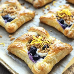 - 1 sheet of puff pastry, thawed - 1 cup fresh wild blueberries - 1/2 cup cream cheese, softened - 1/4 cup powdered sugar - 1 teaspoon vanilla extract - 1/4 teaspoon almond extract - 1 tablespoon lemon juice - 1 egg, beaten (for egg wash) - 1/3 cup granola (for topping) - Zest of 1 lemon (for garnish) When making Wild Blueberry Coffee Cake Danishes, the right ingredients make a big difference. I love using fresh wild blueberries because they burst with flavor. They bring a sweet, tangy taste that pairs well with the creamy filling. You’ll want to start with a sheet of puff pastry. This gives the danishes their flaky, crispy texture. Make sure to thaw it properly before rolling it out. The cream cheese is the star of the filling. It adds a rich and smooth texture. Mixing it with powdered sugar and extracts boosts its flavor. Vanilla and almond extracts create a sweet aroma that fills the kitchen. A splash of lemon juice adds brightness. It cuts through the creaminess and balances the sweetness. The egg wash gives a nice golden color when baked. Don’t forget the granola! It adds a delightful crunch on top. Finally, a sprinkle of lemon zest as a garnish makes the dish pop. It’s all about balancing flavors and textures for the perfect treat. For the full recipe, check out the details above. - Preheat the oven to 400°F (200°C). Line a baking sheet with parchment paper. - Roll out the puff pastry on a floured surface. Smooth any creases and expand it slightly. Cut the pastry into squares, about 4 inches each. - In a bowl, mix softened cream cheese, powdered sugar, vanilla extract, almond extract, and lemon juice. Stir until smooth and creamy. - Place about a tablespoon of this cream cheese mixture in the center of each pastry square. - Add a few wild blueberries on top of the cream cheese, leaving space around the edges. - Fold the corners of the pastry squares toward the center. Pinch the edges to seal the pockets. - Brush the tops of the danishes with beaten egg. Sprinkle granola on top of the blueberries for crunch. - Place the danishes on the prepared baking sheet. Bake for 15-20 minutes until they are golden brown and puffed. - After baking, remove them from the oven. Let them cool slightly. Garnish with lemon zest before serving. You can find the full recipe with detailed instructions and ingredients for these Wild Blueberry Coffee Cake Danishes. Enjoy making this delightful treat! To make great danishes, start with puff pastry. Thaw it overnight in the fridge. When ready, roll it out on a floured surface. You want to smooth out any creases. Aim for a thickness of about 1/8 inch. This helps the pastry puff nicely. Cut the pastry into squares, about 4 inches each. Sealing the edges is key. After adding your filling, fold the corners towards the center. Pinch them tightly. This keeps the filling inside and helps the pastry rise. To add more flavor, try spices. A pinch of cinnamon or nutmeg can elevate your danishes. You can also add a bit of lemon zest to the cream cheese mix. This gives a fresh taste. If you want more texture, consider adding chopped nuts. Pecans or walnuts work well. For garnishing, use lemon zest after baking. It adds a pop of color and flavor. You can also dust the tops with powdered sugar for a sweet touch. Many people struggle with soggy pastries. This often happens from too much filling. Be careful not to overfill your danishes. Leave space around the edges. Another pitfall is baking time. Keep an eye on them in the oven. If they start to brown quickly, check the inside. They should puff and be golden brown. If they are dark outside but raw inside, adjust your time. Aim for 15-20 minutes for the best results. For more details, refer to the Full Recipe to make your Wild Blueberry Coffee Cake Danishes shine! {{image_2}} You can mix it up with these fun flavors. Try making mixed berry and cream cheese danishes. Use blueberries, raspberries, and blackberries for a bright treat. You can also use other fruits like strawberries. They add a sweet twist to the danish. Each fruit brings its own taste and color. This change makes your danish unique every time. If you need gluten-free options, try gluten-free puff pastry. Many brands offer this now, making it easy. For a dairy-free version, you can use dairy-free cream cheese. These swaps help everyone enjoy the danishes. You don't lose flavor, just the dairy or gluten. These danishes pair well with coffee or tea. The rich flavors go great with a warm drink. You can serve them as a dessert or a breakfast item. They are perfect for a cozy morning or a sweet ending to a meal. Enjoy them fresh from the oven, or let them cool for later. For the full recipe, follow the steps provided above. To keep your danishes fresh at room temperature, place them in an airtight container. This will help prevent them from drying out. Make sure to consume them within two days for the best taste. If you want to keep them longer, refrigerate the danishes. Wrap them in plastic wrap or place them in a sealed container. They can last up to five days in the fridge. For longer storage, you can freeze the danishes. First, let them cool completely. Then, wrap each danish in plastic wrap and place them in a freezer bag. This method helps keep them fresh for about three months. When you’re ready to enjoy them, reheat the danishes in the oven. Preheat the oven to 350°F (175°C) and bake for 10-15 minutes. This will help restore their crispy texture. Danishes stay fresh for about two days at room temperature. In the fridge, they can last up to five days. If you notice any mold or an off smell, it’s best to discard them. Fresh danishes should have a light, fluffy texture and a sweet aroma. Always check for these signs before enjoying your treat. To make Wild Blueberry Coffee Cake Danishes, follow these steps: 1. Prepare the oven: Preheat your oven to 400°F (200°C) and line a baking sheet with parchment paper. 2. Roll out the puff pastry: On a floured surface, roll out the thawed puff pastry. Cut it into 4-inch squares. 3. Mix the filling: In a bowl, blend softened cream cheese, powdered sugar, vanilla, almond extract, and lemon juice until creamy. 4. Assemble the danishes: Place a spoonful of cream cheese mix on each square. Add a few wild blueberries on top. Fold the corners to form pockets and pinch the edges to seal. 5. Add egg wash and granola: Brush the tops with beaten egg and sprinkle granola on the blueberries. 6. Bake: Place them on the baking sheet and bake for 15-20 minutes until golden brown. 7. Cool and garnish: Let them cool slightly and garnish with lemon zest before serving. This recipe makes a delightful treat that is sure to impress. Yes, you can use frozen blueberries. Here are some pros and cons: - Pros: Frozen blueberries are convenient. They are often picked at peak ripeness, so they taste great. They can add moisture to the filling. - Cons: Frozen berries may release more juice, which can make the pastry soggy. You may need to adjust baking time slightly to ensure they cook well. Using frozen blueberries can still yield tasty danishes but be aware of the extra moisture. If you need a substitute for cream cheese, consider these options: - Ricotta cheese: This has a creamy texture and mild flavor. - Greek yogurt: It can add a tangy taste and is lower in fat. - Mascarpone: This is rich and creamy, making it a great alternative. Each substitute will change the flavor slightly, so choose one that fits your taste. This blog post covered making delicious wild blueberry danishes. We discussed key ingredients, from puff pastry to cream cheese. I shared step-by-step instructions for preparation and baking. Tips helped enhance flavor and avoid mistakes. Variations showed how to customize your danishes with different fruits. For great taste, serve them fresh. Store extras properly to maintain quality. With these insights, you can create delightful danishes that impress everyone! Enjoy your baking journey!