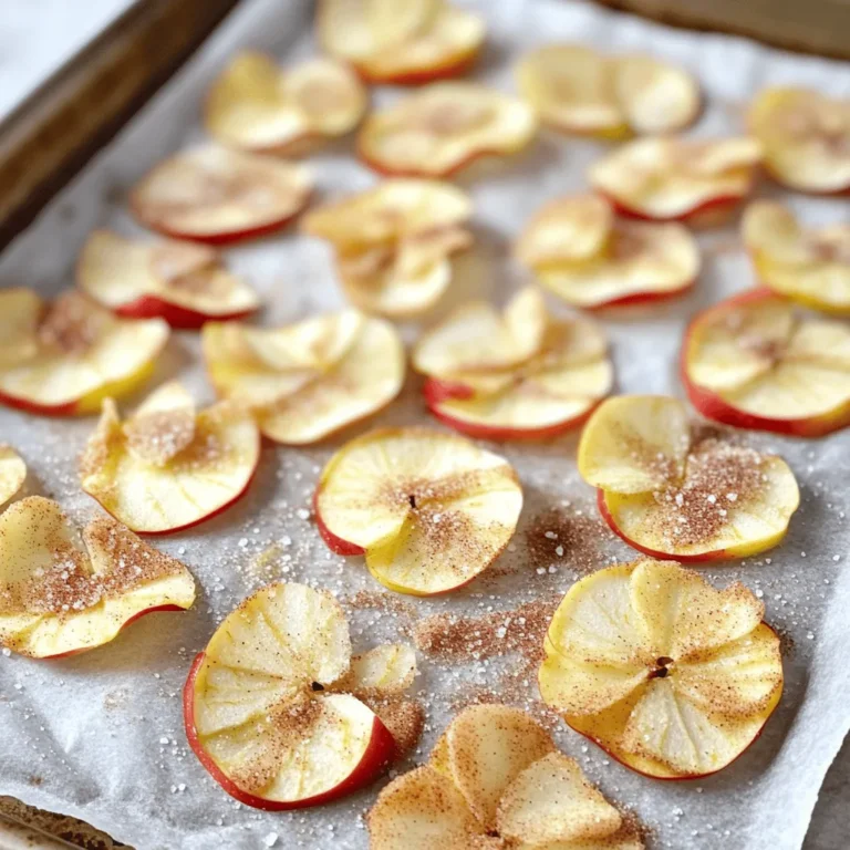 - Apples: I love using Honeycrisp or Fuji for this recipe. They are sweet, crisp, and hold up well during baking. Both types give great flavor and crunch. Other options include Granny Smith for a tart taste or Gala for a milder sweetness. Choose what you like best! - Ground cinnamon and granulated sugar proportions: For the perfect blend, I use 2 teaspoons of ground cinnamon and 2 tablespoons of granulated sugar. This mix gives a warm, sweet taste to the chips. Feel free to adjust the sugar if you want them sweeter. - Lemon juice and optional sea salt: A tablespoon of lemon juice keeps the apples bright and fresh. It stops them from browning too quickly. Adding a pinch of sea salt is optional but can enhance the flavor. The salt balances the sweetness and adds a nice touch. Now that you know the key ingredients, you’re ready to make your own cinnamon sugar apple chips. For the full recipe, check the section above! 1. Preheat the oven and prepare the baking sheet. Start by preheating your oven to 225°F (107°C). Line a baking sheet with parchment paper. This step makes cleanup easy and helps the chips not to stick. 2. Mix cinnamon and sugar in a bowl. In a small bowl, combine 2 tablespoons of granulated sugar with 2 teaspoons of ground cinnamon. Stir well and set this mixture aside. The sweet spice will be key to flavoring your chips. 3. Wash, core, and slice the apples. Take 3 medium apples like Honeycrisp or Fuji. Wash them well. Use a knife or a mandoline to core and slice the apples thinly, about 1/8 inch. Thinner slices will turn crispier in the oven. 1. Toss apple slices with lemon juice. In a large bowl, toss your apple slices with 1 tablespoon of lemon juice. This step helps prevent the apples from browning and adds a nice zing. 2. Arrange apple slices on the baking sheet. Lay the apple slices in a single layer on the prepared baking sheet. Make sure they do not overlap. This allows hot air to circulate and helps them bake evenly. 3. Sprinkle cinnamon sugar and add salt. Evenly sprinkle the cinnamon sugar mixture over the apple slices. If you like, add a pinch of sea salt for a flavor boost. The salt enhances the sweetness and makes the chips even tastier. 1. Baking time duration and flipping advice. Bake the apple slices in your preheated oven for about 1.5 to 2 hours. Flip the slices halfway through for even baking. Keep a close eye on them as baking time can change with slice thickness. 2. Cooling the chips after baking. Once the apple chips are golden and crisp, take them out of the oven. Let them cool on the baking sheet for about 10 minutes. They will get crispier as they cool down. These cinnamon sugar apple chips are a crunchy and flavorful snack that anyone can enjoy! For the complete recipe, check out the full recipe section. To get the best crunch for your cinnamon sugar apple chips, slice the apples thinly. Aim for about 1/8 inch. Thinner slices bake better and become crispier. If the slices are too thick, they turn chewy. Next, pay attention to your oven temperature. Baking at 225°F (107°C) gives you a slow and steady bake. This helps the moisture leave the apples without burning them. If you want a quicker cook, you can bump it up to 250°F (121°C). Just keep an eye on them. Sometimes, you might over-bake or under-bake your apple chips. Over-baking can make them too dark and bitter. They should turn a nice golden color. Under-baking leaves them soft and not crunchy. If your chips lose their crispness, don’t worry! You can re-crisp them. Just pop them back in the oven at 200°F (93°C) for 10 to 15 minutes. This will help bring back that crunchy texture. For storing, keep your apple chips in an airtight container. They stay fresh for about a week. If you see any signs of softness, it’s time to re-crisp! {{image_2}} You can spice up your cinnamon sugar apple chips in fun ways. Try adding nutmeg for warmth or allspice for an extra kick. These spices blend well with the sweetness of apples. You can also switch your sweeteners. Instead of granulated sugar, use brown sugar for a richer taste. Honey adds a natural sweetness, too. Each option brings a new flavor twist. Feel free to experiment and find your favorite mix! Apples aren’t the only fruit for this tasty snack. You can use pears, peaches, or even bananas. Each fruit has its own charm. For pears, use the same cinnamon sugar mix, but slice them a bit thinner for crispiness. Bananas may need less time in the oven. Adjust the cinnamon sugar amount based on the fruit's natural sweetness. Experimenting with different fruits opens a world of flavor and crunch in your kitchen. Don't forget to check the Full Recipe for specific steps on how to make these delicious chips! To keep your cinnamon sugar apple chips fresh, use an airtight container. This helps prevent moisture from making them soft. You can also place a piece of parchment paper in the container to help absorb any extra moisture. Store them in a cool, dry place. Avoid direct sunlight, as it can affect the chips' flavor and texture. At room temperature, your apple chips will last about a week. If they start to feel soft or lose their crunch, it’s time to toss them. Look for signs of spoilage like an off smell or discoloration. If you notice these signs, don’t eat them. Always trust your senses when it comes to food safety. Enjoy your tasty snack while it’s fresh! Yes, you can use a dehydrator. This method keeps the flavor locked in. Dehydrators run at a lower heat, which helps the apples dry slowly. This gives a chewy texture. The oven method cooks faster, giving crisp chips. Both methods work well. Choose what fits your tools and time. I recommend using Honeycrisp or Fuji apples. They are sweet and crunchy. Other good options are Granny Smith for a tart flavor. Choose apples that are firm and fresh. The flavor and texture will shine in your chips. Yes, brown sugar works well! It adds a deeper flavor. The chips will taste richer and slightly caramelized. If you like, mix both sugars for a unique taste. Adjust the amount based on your sweetness preference. Look for a golden color and a crispy texture. They should snap easily when you break them. If they feel soft, they need more time. Check every 15 minutes near the end. Remember, thinner slices bake faster than thicker ones. Enjoy your perfectly baked chips! Cinnamon sugar apple chips are a tasty snack that's easy to make. We explored the main ingredients, starting with the best apples and the right sugar mix. I guided you through preparation, baking, and cooling steps. We discussed tips for a perfect crisp and how to solve common issues. You can even try different fruits and flavors. With the right care, your chips can stay fresh for days. Enjoy making this fun treat!