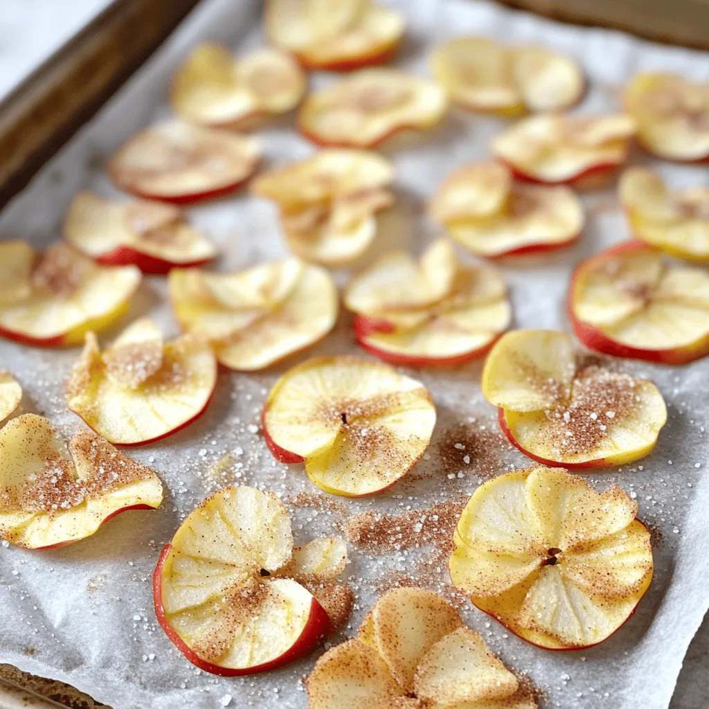 - Apples: I love using Honeycrisp or Fuji for this recipe. They are sweet, crisp, and hold up well during baking. Both types give great flavor and crunch. Other options include Granny Smith for a tart taste or Gala for a milder sweetness. Choose what you like best! - Ground cinnamon and granulated sugar proportions: For the perfect blend, I use 2 teaspoons of ground cinnamon and 2 tablespoons of granulated sugar. This mix gives a warm, sweet taste to the chips. Feel free to adjust the sugar if you want them sweeter. - Lemon juice and optional sea salt: A tablespoon of lemon juice keeps the apples bright and fresh. It stops them from browning too quickly. Adding a pinch of sea salt is optional but can enhance the flavor. The salt balances the sweetness and adds a nice touch. Now that you know the key ingredients, you’re ready to make your own cinnamon sugar apple chips. For the full recipe, check the section above! 1. Preheat the oven and prepare the baking sheet. Start by preheating your oven to 225°F (107°C). Line a baking sheet with parchment paper. This step makes cleanup easy and helps the chips not to stick. 2. Mix cinnamon and sugar in a bowl. In a small bowl, combine 2 tablespoons of granulated sugar with 2 teaspoons of ground cinnamon. Stir well and set this mixture aside. The sweet spice will be key to flavoring your chips. 3. Wash, core, and slice the apples. Take 3 medium apples like Honeycrisp or Fuji. Wash them well. Use a knife or a mandoline to core and slice the apples thinly, about 1/8 inch. Thinner slices will turn crispier in the oven. 1. Toss apple slices with lemon juice. In a large bowl, toss your apple slices with 1 tablespoon of lemon juice. This step helps prevent the apples from browning and adds a nice zing. 2. Arrange apple slices on the baking sheet. Lay the apple slices in a single layer on the prepared baking sheet. Make sure they do not overlap. This allows hot air to circulate and helps them bake evenly. 3. Sprinkle cinnamon sugar and add salt. Evenly sprinkle the cinnamon sugar mixture over the apple slices. If you like, add a pinch of sea salt for a flavor boost. The salt enhances the sweetness and makes the chips even tastier. 1. Baking time duration and flipping advice. Bake the apple slices in your preheated oven for about 1.5 to 2 hours. Flip the slices halfway through for even baking. Keep a close eye on them as baking time can change with slice thickness. 2. Cooling the chips after baking. Once the apple chips are golden and crisp, take them out of the oven. Let them cool on the baking sheet for about 10 minutes. They will get crispier as they cool down. These cinnamon sugar apple chips are a crunchy and flavorful snack that anyone can enjoy! For the complete recipe, check out the full recipe section. To get the best crunch for your cinnamon sugar apple chips, slice the apples thinly. Aim for about 1/8 inch. Thinner slices bake better and become crispier. If the slices are too thick, they turn chewy. Next, pay attention to your oven temperature. Baking at 225°F (107°C) gives you a slow and steady bake. This helps the moisture leave the apples without burning them. If you want a quicker cook, you can bump it up to 250°F (121°C). Just keep an eye on them. Sometimes, you might over-bake or under-bake your apple chips. Over-baking can make them too dark and bitter. They should turn a nice golden color. Under-baking leaves them soft and not crunchy. If your chips lose their crispness, don’t worry! You can re-crisp them. Just pop them back in the oven at 200°F (93°C) for 10 to 15 minutes. This will help bring back that crunchy texture. For storing, keep your apple chips in an airtight container. They stay fresh for about a week. If you see any signs of softness, it’s time to re-crisp! {{image_2}} You can spice up your cinnamon sugar apple chips in fun ways. Try adding nutmeg for warmth or allspice for an extra kick. These spices blend well with the sweetness of apples. You can also switch your sweeteners. Instead of granulated sugar, use brown sugar for a richer taste. Honey adds a natural sweetness, too. Each option brings a new flavor twist. Feel free to experiment and find your favorite mix! Apples aren’t the only fruit for this tasty snack. You can use pears, peaches, or even bananas. Each fruit has its own charm. For pears, use the same cinnamon sugar mix, but slice them a bit thinner for crispiness. Bananas may need less time in the oven. Adjust the cinnamon sugar amount based on the fruit's natural sweetness. Experimenting with different fruits opens a world of flavor and crunch in your kitchen. Don't forget to check the Full Recipe for specific steps on how to make these delicious chips! To keep your cinnamon sugar apple chips fresh, use an airtight container. This helps prevent moisture from making them soft. You can also place a piece of parchment paper in the container to help absorb any extra moisture. Store them in a cool, dry place. Avoid direct sunlight, as it can affect the chips' flavor and texture. At room temperature, your apple chips will last about a week. If they start to feel soft or lose their crunch, it’s time to toss them. Look for signs of spoilage like an off smell or discoloration. If you notice these signs, don’t eat them. Always trust your senses when it comes to food safety. Enjoy your tasty snack while it’s fresh! Yes, you can use a dehydrator. This method keeps the flavor locked in. Dehydrators run at a lower heat, which helps the apples dry slowly. This gives a chewy texture. The oven method cooks faster, giving crisp chips. Both methods work well. Choose what fits your tools and time. I recommend using Honeycrisp or Fuji apples. They are sweet and crunchy. Other good options are Granny Smith for a tart flavor. Choose apples that are firm and fresh. The flavor and texture will shine in your chips. Yes, brown sugar works well! It adds a deeper flavor. The chips will taste richer and slightly caramelized. If you like, mix both sugars for a unique taste. Adjust the amount based on your sweetness preference. Look for a golden color and a crispy texture. They should snap easily when you break them. If they feel soft, they need more time. Check every 15 minutes near the end. Remember, thinner slices bake faster than thicker ones. Enjoy your perfectly baked chips! Cinnamon sugar apple chips are a tasty snack that's easy to make. We explored the main ingredients, starting with the best apples and the right sugar mix. I guided you through preparation, baking, and cooling steps. We discussed tips for a perfect crisp and how to solve common issues. You can even try different fruits and flavors. With the right care, your chips can stay fresh for days. Enjoy making this fun treat!