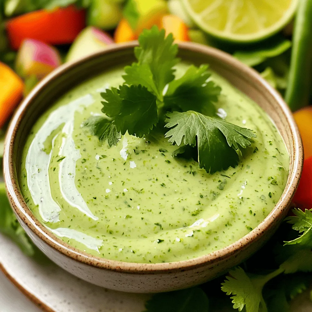 To make this zesty dressing, you will need these key ingredients: - 1 cup Greek yogurt - 1/4 cup fresh cilantro leaves, packed - 2 tablespoons lime juice (about 1 lime) - 1 tablespoon honey (or agave syrup for a vegan option) - 1 clove garlic, minced - 1/2 teaspoon cumin powder - 1/4 teaspoon salt (or to taste) - 1-2 tablespoons water (to adjust consistency) These ingredients blend together to create a creamy and tangy dressing. The Greek yogurt gives it richness, while lime juice adds freshness. The cilantro brings an herby note, and garlic adds depth. You can personalize your dressing with these fun options: - Fresh herbs like parsley or dill for a different flavor - A pinch of red pepper flakes for some heat - A splash of vinegar for extra tang - Avocado for added creaminess and healthy fats Feel free to mix and match based on your taste. Experimenting makes cooking fun! To whip up this dressing, you will need: - A blender or food processor for smooth blending - A jar or airtight container to store it - A measuring cup and spoons for precise amounts Having the right tools makes the process easier and more enjoyable. It's all about enjoying the cooking journey! For the full recipe, check out the details above. To get started, gather all your ingredients. You need: - 1 cup Greek yogurt - 1/4 cup fresh cilantro leaves, packed - 2 tablespoons lime juice (about 1 lime) - 1 tablespoon honey (or agave syrup for a vegan option) - 1 clove garlic, minced - 1/2 teaspoon cumin powder - 1/4 teaspoon salt (or to taste) - 1-2 tablespoons water (to adjust consistency) Make sure your cilantro is fresh. Rinse it well under cold water. Pat it dry with a clean towel. This keeps your dressing bright and green. In a blender or food processor, combine all your ingredients. Start with the Greek yogurt for a creamy base. Then add the cilantro, lime juice, honey, minced garlic, cumin, and salt. Blend on high until smooth. If you see any lumps, don’t worry. Just scrape down the sides and blend again. Check the dressing's thickness. If it seems too thick, add water one tablespoon at a time. Blend after each addition until you reach your desired creaminess. Taste your dressing. You can add more salt or lime juice if you want it zestier. Once it’s just right, transfer the dressing to a jar or airtight container. Refrigerate it for at least 30 minutes. This helps the flavors blend nicely. Enjoy this fresh and zesty dressing on salads or as a dip for veggies. For more details, check the Full Recipe. To make this dressing shine, use fresh cilantro. It gives a bright flavor. Lime juice is key, too. Fresh limes taste better than bottled juice. Honey adds a nice touch of sweetness. Adjust the amount based on your taste. Garlic gives a subtle kick, so don't skip it. Cumin adds warmth and depth. It helps balance the tanginess from the lime. For a creamy texture, stick with Greek yogurt. It makes the dressing rich and smooth. Store your dressing in an airtight jar in the fridge. This keeps it fresh and tasty. It will last up to a week. If you see any change in color or smell, toss it out. You can also freeze it in small portions. This makes it easy to use later. Just thaw in the fridge before serving. If it separates, just shake or stir it well. This dressing is so versatile! Drizzle it on salads for a zesty finish. It pairs well with tacos or grilled chicken. You can also use it as a dip for veggies. Try it with fresh carrots or cucumbers. For a fun twist, mix it into grain bowls. It adds a bright flavor that enhances any dish. For the full recipe, visit the recipe section. {{image_2}} If you want a vegan twist, Greek yogurt is easy to swap. Use silken tofu for creaminess. You can also try cashew cream. To make cashew cream, soak raw cashews in water for a few hours. Blend them with water until smooth. This adds a rich texture. Looking to spice things up? Add diced jalapeños for heat. You can also mix in a pinch of cayenne. If you want depth, a splash of hot sauce works well too. These additions will make your dressing exciting and bold. Feel free to play with herbs. Try parsley for a different flavor. You can also use basil for a fresh twist. Another fun option is to add avocado for creaminess. This will give your dressing a unique taste and texture. To explore the full recipe, check out the zesty creamy cilantro lime dressing. To keep your creamy cilantro lime dressing fresh, store it in a clean jar. Make sure the jar has a tight seal. This will help keep the dressing safe from air and light. Avoid using metal containers because they can react with the lime juice. This dressing lasts about one week in the fridge. Store it at a cool temperature. Always check for any change in smell or color before using it. If it smells sour or looks off, it’s best to throw it away. You can freeze this dressing if you make more than you need. Use an ice cube tray for easy portions. Once frozen, transfer the cubes to a zip-top bag. This way, you can grab just what you need later. When you want to use it, thaw it in the fridge or at room temperature. Just remember, the texture may change slightly after freezing. For the best taste, use it within three months. Feel free to try this dressing on salads or as a dip with fresh veggies. For the full recipe, check out the Zesty Creamy Cilantro Lime Dressing. You can use Creamy Cilantro Lime Dressing on many dishes. Drizzle it over salads for a fresh kick. It works great as a dip for veggies, chips, or quesadillas. You can also add it to tacos or burrito bowls. Try it on grilled chicken or fish for a zesty flavor boost. This dressing enhances everything it touches, making meals lively and bright. Homemade Creamy Cilantro Lime Dressing lasts about 5 to 7 days in the fridge. Store it in a sealed jar or container. Always check for signs of spoilage before using. If it smells bad or changes color, it’s time to toss it. Keeping it cold helps maintain its fresh taste and creamy texture. You can use dried cilantro, but fresh is best for flavor. Dried herbs lose some taste during drying. If you use dried cilantro, use less than fresh. About 1 tablespoon of dried cilantro equals 1/4 cup of fresh. Mix it in and let it sit for a bit to develop flavor. You might notice a difference, but it can still work in a pinch. This article covers how to make creamy cilantro lime dressing. We looked at key ingredients, steps to blend it, and tips for great flavor. You can create custom versions or keep it simple. Storing it properly helps keep it fresh longer. Remember, homemade dressings are easy to make and taste much better. Try using it on salads, tacos, or grilled meats. Enjoy elevating your meals with this bright, tasty dressing!