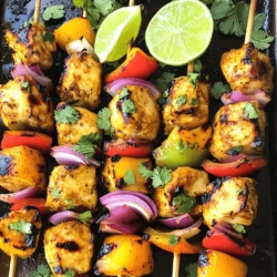 To make delicious Caribbean jerk chicken skewers, gather these key ingredients: - 1 lb chicken breast, cut into cubes - 2 tablespoons olive oil - 1 tablespoon lime juice - 1 tablespoon soy sauce - 2 teaspoons brown sugar - 1 teaspoon ground allspice - 1 teaspoon dried thyme - 1 teaspoon cinnamon - 1 teaspoon garlic powder - 1 teaspoon onion powder - 1/2 teaspoon cayenne pepper (adjust to taste) - Salt and pepper to taste - Bamboo skewers (soaked in water for 30 minutes before use) These ingredients create a sweet and spicy flavor that makes jerk chicken unique. You can boost the taste with these optional ingredients: - 1 bell pepper, cut into cubes - 1 red onion, cut into cubes Adding bell pepper and red onion gives the skewers more color and flavor. For the best marinade, combine these items: - Olive oil for moisture - Lime juice for tang - Soy sauce for depth of flavor - Brown sugar for sweetness - Spices like allspice, thyme, cinnamon, garlic powder, and onion powder for warmth Mix these well for a perfect jerk marinade. Let the chicken soak in it for at least one hour or overnight. This step enhances the flavor. For the full recipe, check out the detailed instructions above. Start by gathering all your ingredients. You need olive oil, lime juice, soy sauce, and brown sugar. Add ground allspice, thyme, cinnamon, garlic powder, onion powder, cayenne pepper, salt, and pepper. Mix these in a bowl. Whisk them together until smooth. This creates a rich jerk marinade full of flavor. Cut your chicken breast into cubes. Place the cubes in a large bowl. Pour the marinade over the chicken. Ensure each piece is well coated. Cover the bowl with plastic wrap. Let it chill in the fridge for at least one hour. For best results, marinate overnight. This helps the chicken absorb those bold flavors. Preheat your grill or grill pan over medium-high heat. While it heats, soak bamboo skewers in water for about 30 minutes. This prevents them from burning. Thread the marinated chicken onto the skewers. You can add bell pepper and red onion if you like. Place the skewers on the grill. Cook them for about 12-15 minutes. Turn them occasionally. Look for nice grill marks and ensure they reach 165°F inside. Let them rest for a few minutes before serving. For the complete recipe, check out the Full Recipe section. Marinading is key to great flavor. Start by mixing all the marinade ingredients well. Use a bowl that’s big enough for the chicken to move around. Make sure every piece gets coated. For the best taste, let the chicken sit in the marinade for at least one hour. If you can, let it marinate overnight. This helps the flavors soak in deeply. When grilling, preheat your grill to medium-high heat. This ensures a nice sear. Use soaked bamboo skewers to prevent burning. If you add veggies, cut them the same size as the chicken. This helps everything cook evenly. Grill the skewers for about 12 to 15 minutes. Turn them often to get that perfect char. Always check that the chicken reaches 165°F inside. Once cooked, let the skewers rest for a few minutes. This helps keep them juicy. Serve them on a large platter. Add fresh lime wedges and chopped cilantro for a pop of color. You can also serve with rice or a fresh salad. These sides balance the spicy flavors well. For more ideas, check out the Full Recipe for Caribbean Jerk Chicken Skewers. {{image_2}} You can switch up the chicken for other proteins. Try shrimp for a quick cook. Salmon works well too, with its rich flavor. Tofu is a great choice for plant-based eaters. Just make sure to cut it into cubes. Each protein will soak up the jerk marinade differently, giving you unique tastes. For a vegetarian twist, consider using mushrooms. Portobello or button mushrooms grill nicely. You can also use zucchini or eggplant. These veggies take on the marinade flavors well. If you want a vegan option, use firm tofu or tempeh. Marinate them just like you would the chicken. They’ll be flavorful and satisfying. The jerk marinade is versatile. You can change the spices to suit your taste. Add mango or pineapple for sweetness. You might try herbs like cilantro for fresh notes. A splash of coconut milk can give a creamy texture. Feel free to experiment with different ingredients. This will keep your skewers exciting each time you grill. Check the Full Recipe for the base marinade and get creative! You can store leftover skewers in an airtight container. Make sure to cool them first. Place the skewers in the fridge if you plan to eat them in a few days. They stay fresh for about 3 to 4 days. For longer storage, consider freezing them. Reheat your skewers in the oven or on the grill. For the oven, set it to 350°F. Place the skewers on a baking sheet and cover them with foil. Heat for about 10-15 minutes. If you use the grill, preheat it and warm the skewers for about 5 minutes. This keeps them juicy. To freeze, wrap each skewer in plastic wrap. Then, place them in a freezer bag. Make sure to squeeze out all the air. They can last in the freezer for up to 3 months. When ready to use, thaw them in the fridge overnight. Reheat as mentioned above. Enjoy your Caribbean Jerk Chicken Skewers later! For the full recipe, check out the details above. Caribbean Jerk Chicken comes from Jamaica. It has roots in the Maroons, runaway slaves who blended African and indigenous flavors. They used local spices like allspice and scotch bonnet peppers. The cooking method involves grilling meat over pimento wood, adding a smoky flavor. This dish reflects the vibrant culture and history of the Caribbean. Caribbean Jerk Chicken Skewers can be spicy, but you control the heat. The main spice comes from cayenne pepper and scotch bonnet peppers. You can adjust the cayenne in the marinade to suit your taste. If you prefer less heat, use less or omit it. The sweetness from brown sugar and cinnamon also balances the spice. Yes, you can make the marinade ahead of time. This helps the flavors blend well. Just mix all the marinade ingredients and store them in the fridge. You can prepare it up to 24 hours in advance. This way, when you are ready to cook, your chicken will soak in all that flavor. Many sides go well with Caribbean Jerk Chicken Skewers. Here are some great options: - Rice and peas: A classic Caribbean side. - Grilled vegetables: Bell peppers and zucchini work well. - Coleslaw: The crunch adds a nice texture. - Plantains: Sweet fried plantains provide a tasty contrast. - Corn on the cob: A fun, sweet addition. For a full recipe of Caribbean Jerk Chicken Skewers, check out the main article. Enjoy mixing and matching these sides! Caribbean jerk chicken skewers combine bold flavors and simple steps. We discussed the main and optional ingredients that make these skewers shine. You learned how to prepare the marinade, marinate the chicken, and grill it to perfection. We also touched on variations, serving tips, and storage advice. Whether you cook for family or friends, these skewers will impress. Enjoy each bite and explore flavors from the Caribbean right at home. Happy grilling!