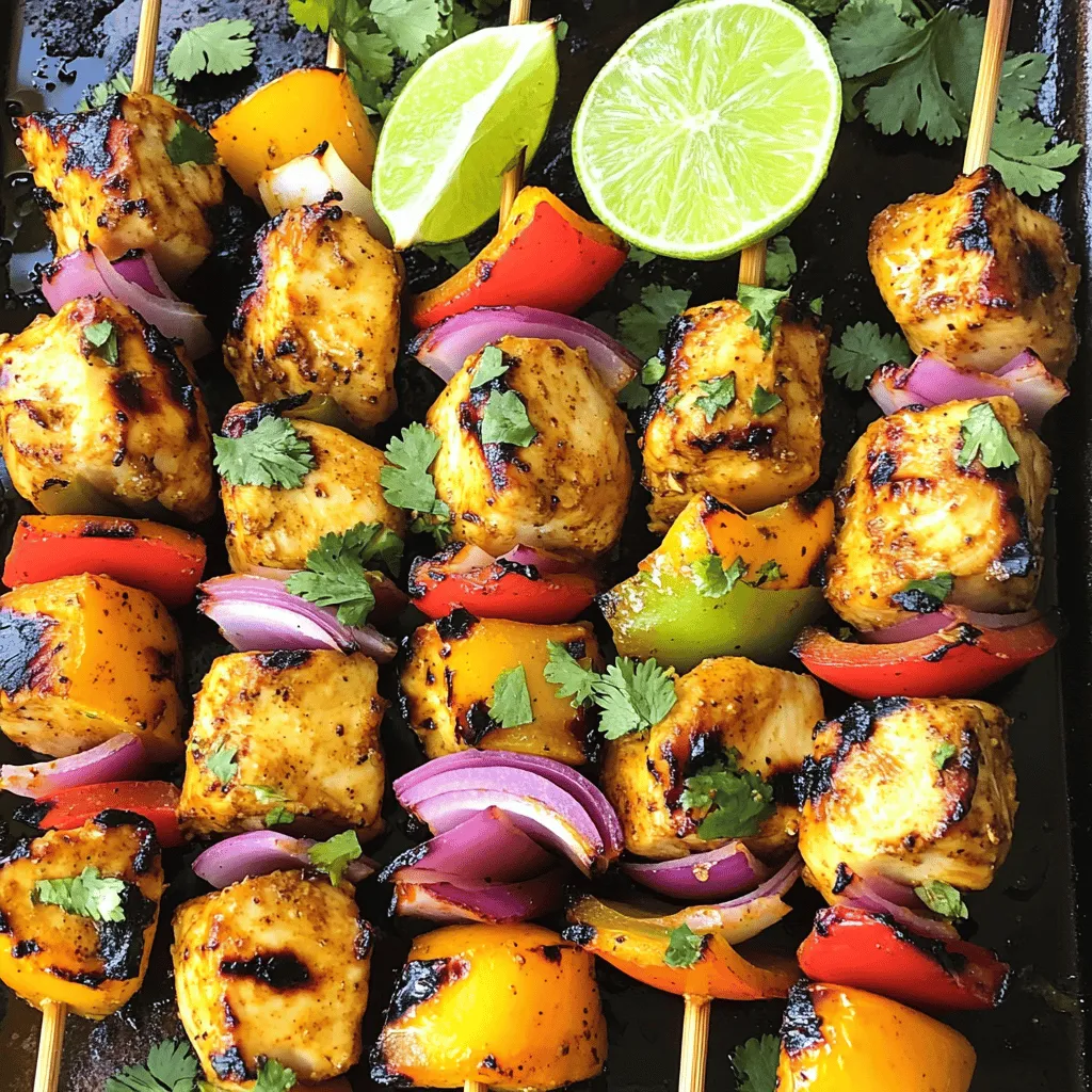 To make delicious Caribbean jerk chicken skewers, gather these key ingredients: - 1 lb chicken breast, cut into cubes - 2 tablespoons olive oil - 1 tablespoon lime juice - 1 tablespoon soy sauce - 2 teaspoons brown sugar - 1 teaspoon ground allspice - 1 teaspoon dried thyme - 1 teaspoon cinnamon - 1 teaspoon garlic powder - 1 teaspoon onion powder - 1/2 teaspoon cayenne pepper (adjust to taste) - Salt and pepper to taste - Bamboo skewers (soaked in water for 30 minutes before use) These ingredients create a sweet and spicy flavor that makes jerk chicken unique. You can boost the taste with these optional ingredients: - 1 bell pepper, cut into cubes - 1 red onion, cut into cubes Adding bell pepper and red onion gives the skewers more color and flavor. For the best marinade, combine these items: - Olive oil for moisture - Lime juice for tang - Soy sauce for depth of flavor - Brown sugar for sweetness - Spices like allspice, thyme, cinnamon, garlic powder, and onion powder for warmth Mix these well for a perfect jerk marinade. Let the chicken soak in it for at least one hour or overnight. This step enhances the flavor. For the full recipe, check out the detailed instructions above. Start by gathering all your ingredients. You need olive oil, lime juice, soy sauce, and brown sugar. Add ground allspice, thyme, cinnamon, garlic powder, onion powder, cayenne pepper, salt, and pepper. Mix these in a bowl. Whisk them together until smooth. This creates a rich jerk marinade full of flavor. Cut your chicken breast into cubes. Place the cubes in a large bowl. Pour the marinade over the chicken. Ensure each piece is well coated. Cover the bowl with plastic wrap. Let it chill in the fridge for at least one hour. For best results, marinate overnight. This helps the chicken absorb those bold flavors. Preheat your grill or grill pan over medium-high heat. While it heats, soak bamboo skewers in water for about 30 minutes. This prevents them from burning. Thread the marinated chicken onto the skewers. You can add bell pepper and red onion if you like. Place the skewers on the grill. Cook them for about 12-15 minutes. Turn them occasionally. Look for nice grill marks and ensure they reach 165°F inside. Let them rest for a few minutes before serving. For the complete recipe, check out the Full Recipe section. Marinading is key to great flavor. Start by mixing all the marinade ingredients well. Use a bowl that’s big enough for the chicken to move around. Make sure every piece gets coated. For the best taste, let the chicken sit in the marinade for at least one hour. If you can, let it marinate overnight. This helps the flavors soak in deeply. When grilling, preheat your grill to medium-high heat. This ensures a nice sear. Use soaked bamboo skewers to prevent burning. If you add veggies, cut them the same size as the chicken. This helps everything cook evenly. Grill the skewers for about 12 to 15 minutes. Turn them often to get that perfect char. Always check that the chicken reaches 165°F inside. Once cooked, let the skewers rest for a few minutes. This helps keep them juicy. Serve them on a large platter. Add fresh lime wedges and chopped cilantro for a pop of color. You can also serve with rice or a fresh salad. These sides balance the spicy flavors well. For more ideas, check out the Full Recipe for Caribbean Jerk Chicken Skewers. {{image_2}} You can switch up the chicken for other proteins. Try shrimp for a quick cook. Salmon works well too, with its rich flavor. Tofu is a great choice for plant-based eaters. Just make sure to cut it into cubes. Each protein will soak up the jerk marinade differently, giving you unique tastes. For a vegetarian twist, consider using mushrooms. Portobello or button mushrooms grill nicely. You can also use zucchini or eggplant. These veggies take on the marinade flavors well. If you want a vegan option, use firm tofu or tempeh. Marinate them just like you would the chicken. They’ll be flavorful and satisfying. The jerk marinade is versatile. You can change the spices to suit your taste. Add mango or pineapple for sweetness. You might try herbs like cilantro for fresh notes. A splash of coconut milk can give a creamy texture. Feel free to experiment with different ingredients. This will keep your skewers exciting each time you grill. Check the Full Recipe for the base marinade and get creative! You can store leftover skewers in an airtight container. Make sure to cool them first. Place the skewers in the fridge if you plan to eat them in a few days. They stay fresh for about 3 to 4 days. For longer storage, consider freezing them. Reheat your skewers in the oven or on the grill. For the oven, set it to 350°F. Place the skewers on a baking sheet and cover them with foil. Heat for about 10-15 minutes. If you use the grill, preheat it and warm the skewers for about 5 minutes. This keeps them juicy. To freeze, wrap each skewer in plastic wrap. Then, place them in a freezer bag. Make sure to squeeze out all the air. They can last in the freezer for up to 3 months. When ready to use, thaw them in the fridge overnight. Reheat as mentioned above. Enjoy your Caribbean Jerk Chicken Skewers later! For the full recipe, check out the details above. Caribbean Jerk Chicken comes from Jamaica. It has roots in the Maroons, runaway slaves who blended African and indigenous flavors. They used local spices like allspice and scotch bonnet peppers. The cooking method involves grilling meat over pimento wood, adding a smoky flavor. This dish reflects the vibrant culture and history of the Caribbean. Caribbean Jerk Chicken Skewers can be spicy, but you control the heat. The main spice comes from cayenne pepper and scotch bonnet peppers. You can adjust the cayenne in the marinade to suit your taste. If you prefer less heat, use less or omit it. The sweetness from brown sugar and cinnamon also balances the spice. Yes, you can make the marinade ahead of time. This helps the flavors blend well. Just mix all the marinade ingredients and store them in the fridge. You can prepare it up to 24 hours in advance. This way, when you are ready to cook, your chicken will soak in all that flavor. Many sides go well with Caribbean Jerk Chicken Skewers. Here are some great options: - Rice and peas: A classic Caribbean side. - Grilled vegetables: Bell peppers and zucchini work well. - Coleslaw: The crunch adds a nice texture. - Plantains: Sweet fried plantains provide a tasty contrast. - Corn on the cob: A fun, sweet addition. For a full recipe of Caribbean Jerk Chicken Skewers, check out the main article. Enjoy mixing and matching these sides! Caribbean jerk chicken skewers combine bold flavors and simple steps. We discussed the main and optional ingredients that make these skewers shine. You learned how to prepare the marinade, marinate the chicken, and grill it to perfection. We also touched on variations, serving tips, and storage advice. Whether you cook for family or friends, these skewers will impress. Enjoy each bite and explore flavors from the Caribbean right at home. Happy grilling!