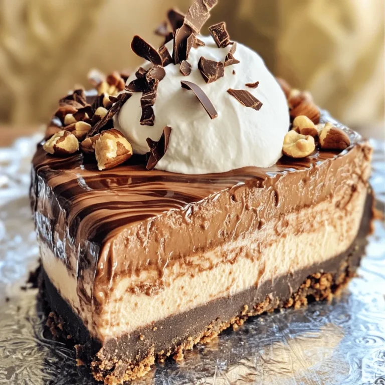 To make a No-Bake Nutella Cheesecake, you need the following: - 1 ¾ cups graham cracker crumbs - ½ cup unsweetened cocoa powder - ½ cup unsalted butter, melted - 1 cup Nutella - 16 oz cream cheese, softened - ½ cup powdered sugar - 1 teaspoon vanilla extract - 1 cup heavy whipping cream - Chocolate shavings or hazelnuts for garnish (optional) Each ingredient plays a big role in the taste and texture. The graham cracker crumbs form a sweet and crunchy crust. The cocoa powder adds a rich chocolate flavor. Nutella is the star of this dessert, bringing creamy chocolate-hazelnut goodness. Cream cheese gives the cheesecake its smooth and rich texture. The heavy whipping cream makes it light and fluffy. Lastly, powdered sugar sweetens it just right. When you shop for ingredients, look for fresh products. Choose high-quality cream cheese for a smooth finish. Check the Nutella for the best flavor; it should be creamy and rich. Fresh heavy whipping cream whips up better and adds more volume. For the crust, get graham crackers without artificial flavors. Quality ingredients make a big difference in your cheesecake's taste! Start by mixing 1 ¾ cups of graham cracker crumbs and ½ cup of cocoa powder in a medium bowl. This mix gives the crust a rich chocolate flavor. Next, add ½ cup of melted unsalted butter. Stir until the mixture looks like wet sand. Pack this mix tightly into a 9-inch springform pan. Use your fingers or a measuring cup to press it down firmly. This step is key to a sturdy crust. Once pressed, place the pan in the fridge to set while you make the filling. In a large bowl, beat 16 oz of softened cream cheese until it is smooth. Then, add 1 cup of Nutella, ½ cup of powdered sugar, and 1 teaspoon of vanilla extract. Mix these together until the filling is creamy and well combined. In another bowl, whip 1 cup of heavy whipping cream until you see soft peaks. Now, gently fold the whipped cream into the Nutella mix. Be careful not to deflate the cream, as the airy texture is important. Pour the Nutella cheesecake filling over your prepared crust. Use a spatula to smooth the top evenly. Cover the springform pan with plastic wrap and place it in the fridge. Let it chill for at least 4 hours, or overnight for the best texture. Once it is set, carefully remove the sides of the springform pan. If you want, you can garnish with chocolate shavings or chopped hazelnuts. Now you are ready to serve this delicious No-Bake Nutella Cheesecake! For a complete recipe, check out the Full Recipe section. To get a smooth and creamy cheesecake, start with softened cream cheese. Cold cream cheese will create lumps. Beat it well until it's fluffy. When you add whipped cream, fold gently. This keeps the air in the cream. The mixture should be light and airy. One big mistake is not pressing the crust firmly. If it's loose, the crust will fall apart. Another mistake is over-mixing the filling. This can make the cheesecake dense. Lastly, don’t skip the chilling time. It needs time to set. Four hours is the minimum, but overnight is best. For a richer taste, try adding a pinch of sea salt. It balances the sweetness. You can also mix in some hazelnuts for crunch. They add a nice texture. Feel free to drizzle extra Nutella on top before serving. Chocolate shavings also make it look fancy. For the full recipe, check out the details above. {{image_2}} You can change up the flavor of the cheesecake easily. Try using peanut butter instead of Nutella for a nutty twist. You can also mix in some caramel sauce for a sweet touch. For a fruity option, consider adding pureed strawberries or mango. Each of these flavors brings a unique taste to your cheesecake. You can also add spices like cinnamon or nutmeg for warmth. If you want a gluten-free cheesecake, use gluten-free graham crackers. Many brands offer these today. For a dairy-free option, substitute cream cheese with a non-dairy cream cheese. Use coconut cream in place of heavy whipping cream. This will still give you a rich texture without dairy. Always check the labels to ensure all your ingredients fit your dietary needs. Serve your cheesecake with a dollop of whipped cream on top. Fresh berries make a colorful and tasty addition too. You can also drizzle extra Nutella or chocolate sauce over the slices. Pair the cheesecake with coffee or tea for a delightful dessert experience. For a crunch, sprinkle some crushed hazelnuts or chocolate shavings on top. These small touches make a big difference. For the full recipe, check out [Full Recipe]. Store your no-bake Nutella cheesecake in the fridge. Keep it in the springform pan. Cover it with plastic wrap to prevent drying. You can also use a cake box. This keeps it fresh and ready to serve. Your cheesecake lasts about 5 days in the fridge. It tastes best within the first couple of days. Check for any signs of spoilage, like off smells or a change in texture. If it looks good and smells fine, it’s still safe to eat. For the best taste, serve it chilled. You can freeze leftovers if you need to. First, let it set completely in the fridge. Then, remove it from the springform pan. Wrap each slice tightly in plastic wrap. Place the slices in a freezer-safe bag. They can last up to 2 months in the freezer. To serve, let it thaw in the fridge overnight. Enjoy your no-bake Nutella cheesecake later with the same creamy taste! You can tell the cheesecake is set when it is firm to the touch. The edges should feel solid, and the center should have a slight jiggle. The best way to check is to give the pan a gentle shake. If it wobbles but does not appear liquid, it’s ready. It’s crucial to refrigerate the cheesecake for at least four hours. Overnight is even better for a perfect texture. Yes, you can make this cheesecake ahead of time. It actually tastes better after sitting in the fridge. Preparing it the day before allows the flavors to blend well. Just cover it with plastic wrap to avoid any fridge odors. When you are ready to serve, simply remove it from the fridge and garnish as you like. If you want to swap Nutella, try using chocolate hazelnut spread or a plain chocolate spread. You can also blend peanut butter with melted chocolate for a different flavor. For a lighter touch, consider using a fruit spread, like raspberry or strawberry, for a fruity twist. Adjust the sugar in the recipe as needed, depending on the sweetness of your substitute. This blog post covered key ingredients for your cheesecake, from the crust to the filling. I shared tips on selecting quality ingredients and avoiding common mistakes. We also explored variations to suit different diets. Remember proper storage to keep your cheesecake fresh. Always chill your dessert thoroughly for the best texture. Feel free to experiment with flavors or try substitutes. Enjoy making your cheesecake, and have fun with it!