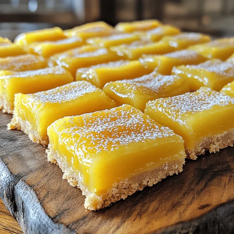 To make zesty lemon bars, gather these items: - 1 cup all-purpose flour - 1/4 cup powdered sugar - 1/2 cup unsalted butter, softened - 2 large eggs - 1 cup granulated sugar - 1/4 cup fresh lemon juice (about 2 lemons) - Zest of 2 lemons - 1/2 teaspoon baking powder - Pinch of salt - Additional powdered sugar for dusting You can change your lemon bars with these fun options: - Add a teaspoon of vanilla extract for extra flavor. - Use lime juice and zest for a twist. - Fold in blueberries or raspberries for a fruity kick. You will find these tools helpful: - 8x8-inch baking pan - Parchment paper - Mixing bowls - Whisk or fork - Wire rack for cooling - Measuring cups and spoons These ingredients and tools will set you up for success in making delicious zesty lemon bars. For the full recipe, refer to the section above. Enjoy the tangy and refreshing taste! First, preheat your oven to 350°F (175°C). This step is key for even baking. Next, grab an 8x8-inch baking pan. Line it with parchment paper. Let the paper hang over the edges. This helps you lift the bars out later. In a medium bowl, mix 1 cup of all-purpose flour and 1/4 cup of powdered sugar. Then, add 1/2 cup of softened unsalted butter. Use a fork or your fingers to mix until it looks like coarse crumbs. Now, press this mixture evenly into the bottom of the pan. It should be smooth and flat. While the crust is baking, let's focus on the lemon filling. In a separate bowl, whisk together 2 large eggs, 1 cup of granulated sugar, 1/4 cup of fresh lemon juice, and the zest of 2 lemons. Add 1/2 teaspoon of baking powder and a pinch of salt. Mix until everything is smooth and well combined. Once the crust is lightly brown, pour the lemon filling over it. Bake again for 20-25 minutes. The filling should be set and not jiggle when you shake it. When done, remove it from the oven. Let the lemon bars cool completely in the pan on a wire rack. After cooling, use the parchment paper to lift them out. Dust the top with extra powdered sugar. Finally, cut into squares and enjoy your zesty lemon bars! To get that perfect sweet-tart balance, use fresh lemons. Fresh juice and zest give the best flavor. I personally squeeze the lemons right before use. This way, you get all the tanginess. If it tastes too sweet, add a bit more lemon juice. This small change makes a big difference. Many bakers overmix the filling. This can lead to dense bars. Mix just until combined for a light texture. Another mistake is not pre-baking the crust. A warm crust helps the filling set better. Also, check your oven temperature. Use an oven thermometer to ensure accuracy. This simple tool can improve your results. To keep your lemon bars fresh, store them in the fridge. Use an airtight container for the best results. They can last up to a week this way. For longer storage, freeze them. Wrap each bar in plastic wrap, then place in a freezer bag. This keeps them tasty for up to three months. Enjoy your zesty lemon bars anytime! Check the [Full Recipe] for more details. {{image_2}} You can make gluten-free lemon bars easily. Just swap the all-purpose flour for a gluten-free blend. Look for a mix that works well in baking. I recommend using a 1:1 gluten-free flour blend for best results. This change keeps your bars zesty and delicious for everyone. To make vegan lemon bars, replace the eggs with flaxseed meal. Mix 1 tablespoon of flaxseed meal with 2.5 tablespoons of water. Let it sit for five minutes. This mixture works like an egg. Use plant-based butter instead of regular butter. These small swaps give you tasty vegan lemon bars. Want to add a twist? Try infused flavors like lavender or coconut. For lavender, add 1 teaspoon of culinary lavender to the filling mix. This adds a floral note. If you prefer coconut, mix in 1/2 cup of shredded coconut. This change adds texture and a tropical flavor. You can find these ideas in the Full Recipe as well. To keep your zesty lemon bars fresh, store them in an airtight container. Place parchment paper between layers to prevent sticking. You can keep them in the fridge for up to a week. The cool air enhances their tangy flavor and keeps them firm. If you want to save lemon bars for later, freezing works great! First, let them cool completely. Cut them into squares, then wrap each piece in plastic wrap. Place the wrapped bars in a freezer-safe container. They can last up to three months in the freezer. When you’re ready to enjoy, just thaw them in the fridge overnight. Reheating lemon bars is simple. You can warm them in the microwave for about 10-15 seconds. This step softens the texture and brings back their fresh taste. You can also enjoy them cold right from the fridge. Either way, they remain a delightful treat. For the best experience, dust with powdered sugar just before serving. If you're interested in the complete process, check out the Full Recipe! Yes, you can use bottled lemon juice. However, fresh juice tastes better. Fresh lemons give your bars a bright flavor. Bottled juice often has added preservatives. For the best results, always choose fresh when you can. Lemon bars last about four to five days. Store them in the fridge for the best taste. Keep them covered to avoid drying out. You can freeze them for up to three months. Just cut them into squares before freezing for easy serving. You can use flaxseed meal as an egg substitute. Mix one tablespoon of flaxseed meal with three tablespoons of water. Let it sit for five minutes to thicken. This mixture works well in lemon bars. You can also try silken tofu or applesauce. To cut lemon bars, use a sharp knife. First, chill the bars in the fridge for a bit. This helps them set well. Dip the knife in hot water and wipe it dry before each cut. This method gives you clean, neat squares. For added flair, dust with powdered sugar after cutting. For the full recipe, check out the recipe section above. You learned how to make zesty lemon bars step-by-step. We covered ingredients, tools, and key techniques. I shared tips to avoid common mistakes and keep your bars fresh. You also discovered fun variations, like gluten-free and vegan options. Finally, I explained how to store and reheat your lemon treats. Baking lemon bars is simple and rewarding. Enjoy sharing them with friends and family!