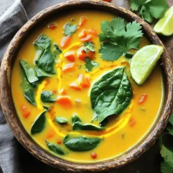 To make Coconut Curry Lentil Soup, you will need a few key ingredients. Here is the list: - 1 cup red lentils, rinsed - 1 can (14 oz) coconut milk - 4 cups vegetable broth - 1 medium onion, chopped - 2 cloves garlic, minced - 1-inch piece of ginger, grated - 2 tablespoons curry powder - 1 teaspoon turmeric - 1 teaspoon cumin - 1 medium carrot, diced - 1 red bell pepper, diced - 1 cup spinach leaves, chopped - 1 tablespoon olive oil - Salt and pepper to taste - Fresh cilantro for garnish - Lime wedges for serving Each of these ingredients plays an important role in creating a rich, flavorful soup. The red lentils provide protein and thickness. Coconut milk adds creaminess and a hint of sweetness. Fresh vegetables bring color and nutrients. The spices give the soup its warm, inviting flavor. You can find the full recipe [Full Recipe]. When you gather your ingredients, try to choose fresh and organic options. This choice makes the soup taste better and supports sustainable farming. Enjoy the process of cooking, as it adds to the joy of eating! 1. Start by heating the olive oil in a large pot over medium heat. 2. Add the chopped onion and sauté it until it turns translucent, about 5 minutes. 3. Next, stir in the minced garlic and grated ginger. Cook for 1-2 minutes until you smell their aroma. 4. Now, add the curry powder, turmeric, and cumin. Stir well to coat the onion mix. Cook for another minute to toast the spices. 5. Incorporate the diced carrot and red bell pepper. Cook for 3-4 minutes, allowing the veggies to soften. 6. Then, add the rinsed red lentils to the pot. Pour in the vegetable broth and coconut milk. Mix everything well. 1. Bring the soup to a gentle boil. Once boiling, reduce the heat to low. 2. Let it simmer uncovered for 25-30 minutes. Check that the lentils become tender during this time. 1. After the lentils cook, stir in the chopped spinach. Let it wilt for 2-3 minutes. 2. Adjust the seasoning with salt and pepper to suit your taste. 3. For a creamy texture, blend part of the soup with an immersion blender. Keep some lentils whole for a chunky feel. 4. Ladle the soup into bowls. Garnish with fresh cilantro and serve with lime wedges for squeezing over the top. This simple process makes Coconut Curry Lentil Soup both easy and fun to prepare. For the complete recipe, check the [Full Recipe]. To make your Coconut Curry Lentil Soup shine, you can customize the spice levels. Start with the recipe's suggested spices. If you like it hot, add more curry powder or a pinch of cayenne. For milder soup, reduce the spices. Adjust seasoning by tasting as you cook. A squeeze of fresh lime juice brings out the flavors, too. Texture is key in this soup. For a creamy texture, use an immersion blender. Blend just half the soup to keep some lentils whole. This gives a nice bite. If you want a chunkier soup, skip the blending. Just serve it as is. The mix of textures makes each bite fun. A common mistake is overcooking lentils. They should be tender but not mushy. Check them at the 25-minute mark. Another mistake is not adjusting seasoning properly. Always taste the soup before serving. If it needs more salt or spices, add a little at a time. This ensures a well-balanced flavor. For the full recipe, check the section above. {{image_2}} You can switch lentils for other types. Green or brown lentils work well. You can also use canned beans like chickpeas or black beans. These swaps add new flavors and textures. For coconut milk, you can try almond milk or oat milk. These options keep it creamy but change the taste. Use light coconut milk for fewer calories. Want to add more veggies? Carrots and bell peppers are great choices. You can also use seasonal veggies like zucchini or mushrooms. They add color and nutrients. Sweet potatoes are another hearty option. They make the soup more filling. Dice them small and add them early in the cooking process. This soup is vegan-friendly, so it suits plant-based diets. You don’t need to change much to keep it vegan. Just ensure your broth is vegetable-based. If you need gluten-free options, you’re in luck! All the ingredients are gluten-free. This soup fits into many diets, making it a great choice for everyone. For the full recipe, check out the complete details above. To store leftover Coconut Curry Lentil Soup, let it cool first. Then, scoop it into airtight containers. I recommend using glass containers. They do not stain and keep the soup fresh. Store the soup in the fridge for up to four days. You can freeze portions for later use. Use freezer-safe bags or containers. Make sure to leave space for expansion. To thaw, place the soup in the fridge overnight. You can also use the microwave. Reheat it gently on low heat. Stir often to keep it smooth and creamy. In the fridge, the soup stays fresh for about four days. If you freeze it, it can last up to three months. Watch for signs of spoilage. If the soup smells sour or has an off color, it’s best to toss it. Enjoy your delicious meals without worries! For the full recipe, check here: [Full Recipe]. Making this soup is quick and easy. It takes about 10 minutes to prep and 30 minutes to cook. You will have a delicious meal in just 40 minutes! Yes, you can use dried lentils. First, rinse them well. Add them to the pot with 4 cups of vegetable broth. You may need to increase the cooking time by 10 to 15 minutes. Check for tenderness before serving. This soup pairs well with various sides. Try serving it with warm naan or crusty bread. A simple side salad with greens can balance the meal. Rice or quinoa can also make it more filling. To reheat, place the soup in a pot over low heat. Stir gently to keep it from sticking. You can also microwave it in a bowl. Heat for 1 to 2 minutes, stirring halfway through. This keeps the flavor intact. In this post, we explored how to make Coconut Curry Lentil Soup. We reviewed the key ingredients, preparation steps, and cooking times. I shared tips to boost flavor and texture, along with common mistakes to avoid. We also discussed fun ingredient swaps and how to store your soup properly. Now, you can enjoy a warm and tasty dish that’s easy to make. With these steps and ideas, your Coconut Curry Lentil Soup will be a hit!