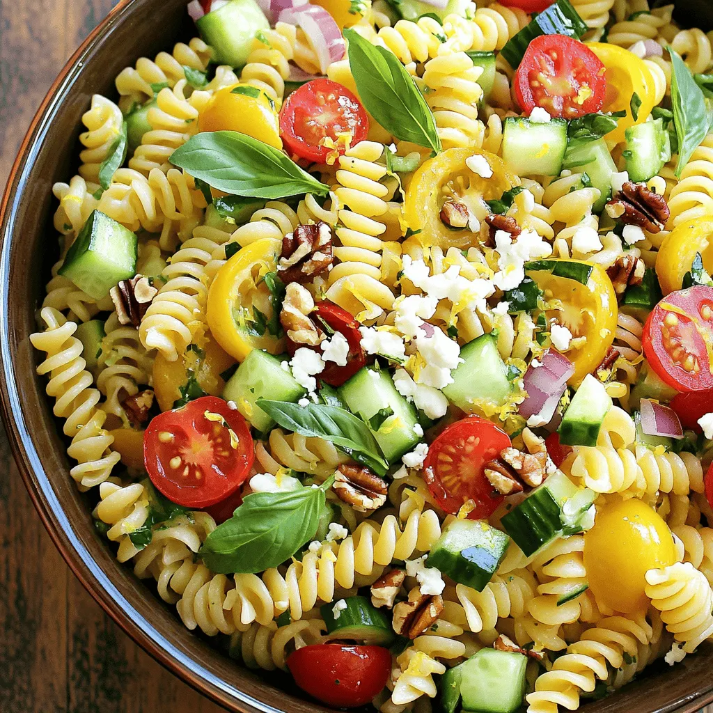To make a Lemon Basil Pasta Salad, you need fresh and simple ingredients. Here’s my complete list of ingredients: - 8 oz. fusilli pasta - 1 cup cherry tomatoes, halved - 1 cucumber, diced - 1/2 red onion, finely chopped - 1/2 cup fresh basil leaves, torn - 1/4 cup extra virgin olive oil - 3 tablespoons lemon juice - 1 teaspoon lemon zest - Salt and pepper to taste - 1/4 cup feta cheese, crumbled (optional) - 1/4 cup walnuts, chopped (optional) Each ingredient brings a unique flavor to the dish. Fusilli pasta serves as the perfect base. It holds onto the dressing and veggies well. Cherry tomatoes add a sweet, juicy burst. Cucumbers bring a nice crunch. Red onion gives a slight bite, while fresh basil adds a fragrant note. The dressing combines olive oil, lemon juice, and zest. This mix creates a bright and tangy flavor. Adjust the salt and pepper to match your taste. If you love cheese, feta adds creaminess. Walnuts give a satisfying crunch. You can leave them out if you prefer. Gather these ingredients for a fresh and flavorful delight. For the full recipe, check out the instructions to bring this dish to life! Start by boiling water in a large pot. Make sure to add a generous amount of salt. This step enhances the pasta's flavor. Once the water is boiling, add 8 oz. of fusilli pasta. Cook it for about 8 to 10 minutes until it's al dente. This means it should still have a little bite to it. After cooking, drain the pasta and rinse it under cold water. This stops the cooking process and cools it down. While the pasta cooks, you can prepare your vegetables. Take 1 cup of cherry tomatoes and cut them in half. Dice 1 cucumber into small pieces. Finely chop 1/2 red onion. Use a sharp knife for clean cuts. Place all the chopped vegetables into a large mixing bowl. This bowl will hold everything together. In a small bowl, whisk together your dressing ingredients. Combine 1/4 cup of extra virgin olive oil, 3 tablespoons of lemon juice, and 1 teaspoon of lemon zest. Don't forget to add salt and pepper to taste. Seasoning is key. It brings out the flavors in your salad. Once the pasta is cool, it’s time to combine everything. Add the cooled pasta to the bowl with the chopped vegetables. Pour the dressing over the pasta and mix gently. This helps all the flavors coat the pasta. Next, fold in 1/2 cup of fresh basil leaves. If you want, add crumbled feta cheese or chopped walnuts for extra flavor and texture. After everything is mixed, cover the salad with plastic wrap. Let it chill in the fridge for at least 30 minutes. This chilling time allows the flavors to blend well. When you're ready to serve, the salad should be cold or at room temperature. Enjoy this fresh and flavorful delight! For the full recipe, check out the details above. To make the lemon basil pasta salad shine, adjust the acidity with lemon juice. Start with three tablespoons, then taste. If you want more zing, add a little more lemon juice. This brightens the dish and lifts the flavors. You can also try some extra seasonings. Fresh cracked pepper adds warmth. A pinch of red pepper flakes brings heat. For a unique twist, add some garlic powder. These small tweaks can transform the flavor profile. When serving, think about how to catch the eye. Use a large serving bowl to show off the bright colors. You can layer the ingredients, creating a beautiful display. Garnish with extra basil leaves for a fresh touch. A sprinkle of feta on top adds a pop of white. Drizzling a little olive oil before serving gives it a nice sheen. These simple steps make your salad look as good as it tastes. To save time, prepare your ingredients ahead of time. Chop the vegetables a day before. Store them in airtight containers in the fridge. This way, you can mix everything quickly when you're ready to eat. Another great tip is to use store-bought pasta options. You can find cooked pasta in many shops. It cuts down your cooking time. Just rinse and mix it with your salad ingredients. For the full recipe, check out the Lemon Basil Pasta Salad section above. {{image_2}} You can add seasonal veggies to your Lemon Basil Pasta Salad for extra flavor. Try using bell peppers, zucchini, or asparagus. These veggies are colorful and full of nutrients. If you want to change things up based on your diet, swap the cucumber for roasted veggies. You can also use spinach instead of fresh basil for a different twist. Adding protein makes the salad more filling. Grilled chicken or shrimp are great choices. They add a nice texture and flavor. If you prefer vegetarian options, try chickpeas or black beans. These give the salad heartiness without meat. Tofu is another good option if you want something plant-based. Experiment with different oils or vinegars for your dressing. A splash of balsamic vinegar can give a sweet note. You can also try using avocado oil for a rich flavor. Adding fresh herbs like dill or parsley can boost the taste even more. They bring freshness and can make your salad unique. For the full recipe, check the link above! To keep your lemon basil pasta salad fresh, store it in the fridge. Use an airtight container to prevent air from drying it out. Make sure to cover it well. This helps keep the flavors locked in. It's best to eat it within three days for the freshest taste. If you notice any extra liquid, just give it a gentle stir before serving. Can you freeze pasta salad? Yes, but it changes the texture. The pasta may become mushy once thawed. If you still want to freeze it, place it in a freezer-safe container. Leave space at the top as it will expand. When you are ready to eat it, thaw it in the fridge overnight. Serve it cold for the best taste. How long does the salad stay fresh? In the fridge, it lasts about three days. If you see any signs of spoilage, it’s best to toss it. Signs to watch for include a sour smell or any mold. Always trust your senses. If it doesn’t look or smell right, don’t eat it. Yes, you can make this salad ahead of time. Meal prep saves time and effort. Prepare the salad up to a day in advance. Just cover it and chill it in the fridge. This lets the flavors mix well. If you want a gluten-free option, use rice noodles or quinoa. Zoodles, made from zucchini, are also a fun choice. These options keep the salad light and fresh. Absolutely! This salad is great for meal prep. To keep it fresh, store the dressing separately. Mix it in just before serving. This helps prevent sogginess and keeps flavors bright. To make this salad vegan, skip the feta cheese. Use a dairy-free cheese or leave it out completely. For the dressing, swap the honey with maple syrup. This keeps the salad tasty and plant-based. For the Full Recipe, click [here](#). This pasta salad brings fresh tastes and easy steps together. We covered the ingredients, cooking tips, and fun variations. You learned how to mix flavors, chill the salad, and store leftovers. Try adding different veggies or proteins for a unique twist. With these steps, you can create a delicious, vibrant dish every time. Enjoy impressing your friends and family with your tasty creation!