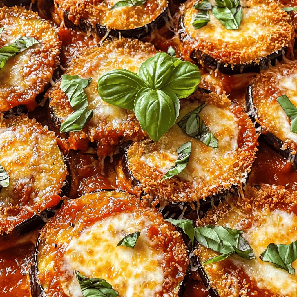 To make a great Eggplant Parmesan Bake, you need specific ingredients. Each one adds to the dish's flavor and texture. Here’s what you will need: - 2 large eggplants, sliced into 1/2-inch rounds - 3 cups marinara sauce - 2 cups shredded mozzarella cheese - 1 cup grated Parmesan cheese - 1 cup all-purpose flour - 3 large eggs, beaten - 2 cups breadcrumbs (preferably Italian-style) - 1 teaspoon garlic powder - 1 teaspoon dried oregano - 1 teaspoon salt - 1/2 teaspoon black pepper - Fresh basil leaves for garnish - Olive oil spray These ingredients work together to create layers of taste and a hearty dish. If you want to boost the flavor, consider adding some optional ingredients. You can mix in cooked spinach for a green touch. Sautéed mushrooms add a nice umami note. You might also add some red pepper flakes for a kick. These add-ins can make your dish unique and special. Using fresh marinara sauce brings a bright and rich taste. You can make it by simmering tomatoes, garlic, and herbs. However, jarred marinara is a great time-saver. If you choose jarred sauce, look for one with no added sugar and high-quality ingredients. Both options can make your Eggplant Parmesan Bake delicious. Just pick what works best for you based on your time and taste! For the complete recipe, check out the Full Recipe. To start, wash the eggplants under cold water. Cut off the ends and slice them into 1/2-inch rounds. You want them thick enough to hold up during cooking. Place the slices on paper towels and sprinkle them with salt. This draws out excess moisture and helps reduce bitterness. Let them sit for about 30 minutes. Afterward, rinse the slices and pat them dry with more paper towels. Now it’s time to bread the eggplant. In a large bowl, mix flour, garlic powder, salt, and black pepper. In another bowl, beat the eggs. In a third bowl, combine breadcrumbs and dried oregano. Start by taking a slice of eggplant and dip it into the flour mixture. Make sure to coat it well. Next, dip it into the beaten eggs, letting any excess drip off. Finally, coat the slice in breadcrumbs. Press gently to ensure a good coating. Repeat this for all the slices. Once all the slices are breaded, it's time to bake. Preheat your oven to 375°F (190°C). Place the coated eggplant slices on a baking sheet in a single layer. Lightly spray them with olive oil spray. Bake for 25-30 minutes, flipping halfway through. They should be golden brown and crispy. While the eggplants bake, prepare your baking dish. Spread 1 cup of marinara sauce on the bottom. Layer half of the eggplants over the sauce. Add half of the remaining marinara, then sprinkle with 1 cup of mozzarella cheese and half of the Parmesan cheese. Repeat these layers until all the ingredients are used. Cover the dish with foil and bake for 30 minutes. After that, remove the foil and bake for 15 more minutes. The cheese should be bubbly and golden. Let it cool for 10 minutes. Garnish with fresh basil before serving. For the full recipe, check the details above. Choosing the right eggplant is key. Look for eggplants that feel heavy for their size. Their skin should be shiny and smooth. Avoid any with soft spots or wrinkles. These signs mean the eggplant is old. I prefer medium-sized eggplants. They have the best flavor and texture for baking. To avoid bitterness in eggplant, salting is a great trick. Slice the eggplant and sprinkle it with salt. Let it sit for about 30 minutes. The salt draws out the bitter juices. After that, rinse and dry the slices well. This step makes your dish taste better. It also helps the eggplant soak up flavors. Melted cheese is a must for a great Eggplant Parmesan Bake. Use a mix of mozzarella and Parmesan for the best flavor. Grate the cheese yourself for a creamier melt. Preheat your oven to ensure even cooking. Cover the dish with foil to trap steam. Remove the foil halfway through baking for a golden top. These steps will help you get that perfect cheesy layer. For more detailed guidance, check out the Full Recipe. {{image_2}} If you crave a heartier dish, you can easily add meat. Ground beef, turkey, or sausage work well. Cook the meat in a pan until it's brown. Drain any fat. Mix the cooked meat with the marinara sauce before layering. This adds rich flavor. You get a nice balance of veggies and protein in each bite. For a vegan version, swap the cheese for plant-based alternatives. Look for vegan mozzarella and Parmesan options. Instead of eggs, use aquafaba or a flax egg. Combine one tablespoon of ground flaxseed with three tablespoons of water. Let it sit for five minutes to thicken. Your eggplant bake remains tasty and satisfying without any animal products. If you need a gluten-free dish, make simple swaps. Use gluten-free flour and breadcrumbs. Many stores offer these options now. For the marinara sauce, check labels to avoid hidden gluten. With these changes, you still enjoy a delicious meal, free from gluten, and full of flavor. For more details, check the Full Recipe. To keep your Eggplant Parmesan Bake fresh, let it cool first. Store leftovers in an airtight container. You can keep it in the fridge for up to four days. If you want to keep it longer, consider freezing it. Just make sure to wrap it well to prevent freezer burn. When it's time to enjoy your leftovers, preheat your oven to 350°F. Place the bake in a baking dish. Cover it with foil to keep it moist. Heat for about 20 minutes or until it's warm throughout. You can also reheat individual portions in the microwave. Just use a microwave-safe plate and heat for about 1-2 minutes. 1. Cool the Dish: Allow your Eggplant Parmesan Bake to cool completely. 2. Slice and Portion: Cut it into portions if you prefer easy servings. 3. Wrap it Up: Use plastic wrap to tightly cover each portion. Then add aluminum foil for extra protection. 4. Label and Date: Write the date on the foil. This helps you remember when you froze it. 5. Freeze: Place it in the freezer. It can last for up to three months. When ready to eat, thaw in the fridge overnight and reheat as mentioned above. Following these steps will help you enjoy your Eggplant Parmesan Bake even after the first meal. You can find the full recipe for making this delicious dish in the recipe section. Yes, you can make Eggplant Parmesan Bake ahead of time. Prepare it fully, then cover it tightly. Store it in the fridge for up to two days. When ready to eat, bake it straight from the fridge. This saves time on busy days. If you don’t have breadcrumbs, try crushed crackers or cornmeal. You can also use ground nuts for a unique twist. Each option gives a different flavor and texture. Feel free to mix and match based on your taste. You’ll know it’s done when the cheese is bubbly and golden. The top should look slightly crisp. Use a fork to check that the eggplants are tender. This means they have cooked through and are ready to enjoy. Eggplant Parmesan Bake can be healthy. Eggplants are low in calories and high in fiber. Using less cheese or whole grain breadcrumbs can make it even better. Balance it with a fresh salad for a complete meal. Absolutely! You can mix different cheeses like provolone or fontina. Goat cheese adds a creamy touch, too. Be creative and find the blend that makes your taste buds dance. In this article, we explored how to create a delicious Eggplant Parmesan Bake. We covered key ingredients, optional add-ins, and the best marinara sauces. I shared step-by-step instructions from preparation to baking, plus tips for choosing quality eggplants and avoiding bitterness. We discussed variations, storage, and FAQs to address common concerns. Remember, this dish is versatile and easy to customize. Try different options, and don't shy away from making it your own. Enjoy cooking and sharing this tasty meal!