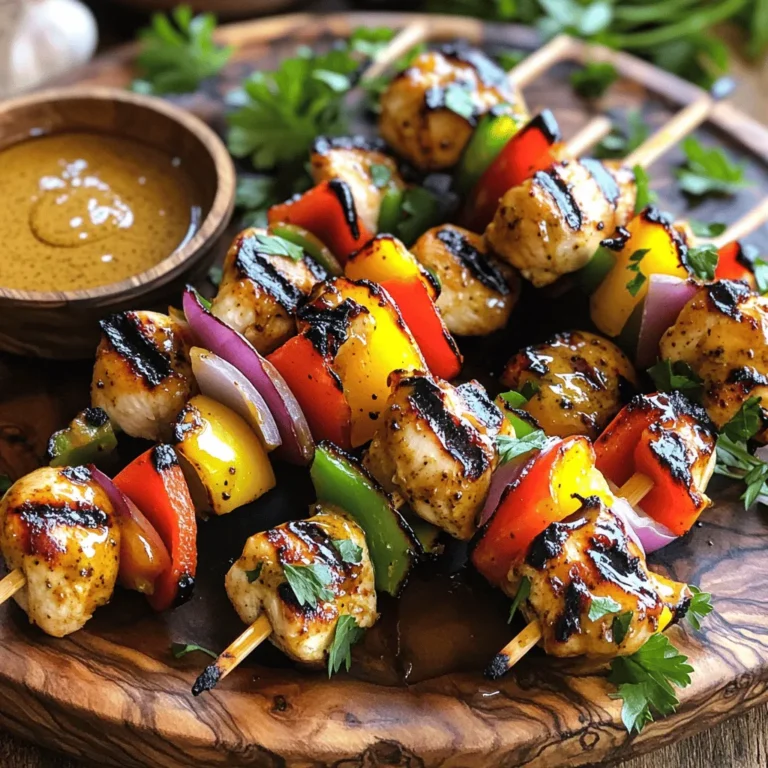 - 1 lb chicken breast (cut into 1-inch cubes) - 1/4 cup honey - 1/4 cup Dijon mustard - 2 tablespoons olive oil - 2 tablespoons apple cider vinegar - 2 garlic cloves (minced) - 1 teaspoon paprika - Salt and pepper to taste - 1 bell pepper (cut into 1-inch pieces) - 1 red onion (cut into wedges) - Skewers (soaked in water if wooden) To make honey mustard chicken skewers, you need fresh ingredients. Chicken breast is the star. Cut it into bite-sized cubes. You want them small enough to cook well on a skewer but not too small. The honey and Dijon mustard mix gives a sweet and tangy flavor. Add olive oil for smoothness and apple cider vinegar for a little bite. Minced garlic adds a nice touch. Paprika brings warmth to the dish. Don’t forget salt and pepper for taste. Now, let’s talk about the veggies. Bell peppers add crunch and color. Red onions give sweetness when grilled. Soak your skewers if they are wooden. This keeps them from burning on the grill. For a full breakdown of how to combine these ingredients, check the Full Recipe. Ready to grill? Let’s move on! Start by grabbing a medium bowl. In this bowl, whisk together these ingredients: - 1/4 cup honey - 1/4 cup Dijon mustard - 2 tablespoons olive oil - 2 tablespoons apple cider vinegar - 2 minced garlic cloves - 1 teaspoon paprika - Salt and pepper to taste Make sure to mix well until it's smooth. This marinade gives your chicken flavor and helps it stay juicy. Once mixed, add the chicken cubes. Make sure each piece gets a nice coat of that tasty mix. Now, cover the bowl with plastic wrap. Place it in the fridge. Let the chicken marinate for at least 30 minutes. For even more flavor, you can leave it for up to 4 hours. The longer it sits, the better it tastes. Time to cook! First, preheat your grill or grill pan over medium heat. While it heats, take your soaked skewers. Thread the marinated chicken onto them. Alternate the chicken with pieces of bell pepper and onion. This adds color and taste. Once the grill is hot, place the skewers on it. Cook them for about 10-12 minutes. Turn them often. You want nice grill marks and the chicken should reach 165°F inside. After cooking, let the skewers rest for a few minutes. This helps the juices settle. Now you’re ready to enjoy your Honey Mustard Chicken Skewers! For the full recipe, check the section above. Marinating your chicken is key for great flavor. I recommend marinating for at least 30 minutes. If you have time, let it sit for up to four hours. This gives the chicken time to soak in the honey mustard mix. You can change the sweetness by adding more honey or adjusting the spice with extra mustard or paprika. Taste as you go to find your perfect balance. To ensure even cooking, preheat your grill to medium heat. This helps the chicken cook through without burning. Place the skewers on the grill and turn them every few minutes. This way, they cook evenly on all sides. For nice grill marks, avoid moving the skewers too much at first. Let them sit for a minute before flipping. When serving, arrange the skewers on a large platter. Garnish with fresh parsley for color. You can drizzle extra honey mustard sauce on top or serve it on the side for dipping. Pair these skewers with a fresh salad or grilled veggies for a tasty meal. Enjoy the mix of flavors and colors on your plate! For the full recipe, check out the Honey Mustard Chicken Skewers section. {{image_2}} You can switch out chicken for other proteins. Tofu is a great choice for a vegetarian option. Shrimp also works well and cooks quickly. When using shrimp, cook them for 3-5 minutes. If you choose beef or pork, adjust the cooking time to ensure they are fully cooked. Always check the internal temperature for safety. Feel free to add more veggies to your skewers. Zucchini, mushrooms, and cherry tomatoes are tasty choices. You can also use seasonal vegetables like asparagus in spring or squash in summer. Adding colorful veggies makes your dish more appealing. Get creative with the flavors! You can add fresh herbs like rosemary or thyme for a twist. If you want a spicy kick, try adding red pepper flakes. You can also swap the marinade for a teriyaki or barbecue sauce for a different taste. Each change gives a new spin to your honey mustard chicken skewers. Check out the Full Recipe for more ideas! To keep your honey mustard chicken skewers fresh, store them in an airtight container. This helps to lock in moisture and flavor. Place the skewers in the fridge within two hours of cooking. They will stay good for about 3 to 4 days. If you want to keep them longer, consider freezing. When it’s time to enjoy leftovers, reheat them gently. You can use the microwave or an oven. If using a microwave, place skewers on a microwave-safe plate. Heat in short bursts, checking often. For the oven, preheat to 350°F and bake for about 10 minutes. This method keeps them juicy. Avoid high heat, which can dry them out. Yes, you can freeze honey mustard chicken skewers. Make sure they are completely cool before freezing. Wrap them tightly in plastic wrap and then in aluminum foil. This helps prevent freezer burn. When you're ready to eat, thaw them in the fridge overnight. After thawing, reheat as mentioned above. Enjoy your meal, even from the freezer! For the complete recipe, check out the Full Recipe section. Cut the chicken breast into 1-inch cubes. This size helps them cook evenly. Use a sharp knife for clean cuts. Make sure your pieces are uniform for best results. If you have leftover chicken, save it for another meal. Yes, you can prepare these skewers in advance. Marinate the chicken up to 4 hours before grilling. Assemble the skewers and store them in the fridge. Just remember to cover them well. When ready, grill them straight from the fridge. These skewers pair well with many side dishes. Here are a few great options: - Fresh salad with greens - Grilled vegetables like zucchini or asparagus - Rice or quinoa for a filling side - Garlic bread for a tasty addition Feel free to mix and match! For the full recipe, check out the details above. This blog post shared a simple recipe for honey mustard chicken skewers. We covered every detail, from essential ingredients and step-by-step cooking instructions to tips for flavor and grilling. You learned how to marinate chicken perfectly and what vegetables enhance the taste. Remember, you can make these skewers unique by using different proteins or spices. Enjoy your cooking, and share your delicious results with family and friends. Happy grilling!