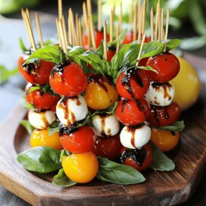 To make Caprese salad skewers, you need simple, fresh ingredients. These flavors come together to create a bright, tasty dish. Here’s what you will need: - Fresh cherry tomatoes - Basil leaves - Mozzarella balls (bocconcini) - Balsamic glaze and olive oil - Lemon zest and seasoning The cherry tomatoes bring sweetness and color. You can use any ripe variety you like. Basil leaves add a lovely aroma and a fresh taste. The mozzarella balls offer a creamy texture that balances the other flavors. Balsamic glaze gives a tangy sweetness, while olive oil adds richness. The lemon zest and seasoning enhance the dish with a zesty kick. When you gather these ingredients, you prepare yourself for a delightful experience in the kitchen. Each bite of the skewer bursts with flavor. You can find the full recipe [Full Recipe]. 1. Cleaning and prepping ingredients: Start by rinsing the cherry tomatoes and basil leaves under cold water. Pat them dry with a paper towel. Drain the mozzarella balls if they are in water. This helps keep everything fresh. 2. Assembling the skewers: Grab your small skewers or toothpicks. You will thread each ingredient onto the skewer. 3. Preparing the dressing: In a small bowl, whisk together the balsamic glaze, olive oil, lemon zest, salt, and cracked pepper. This zesty dressing adds flavor to your skewers. 1. Threading ingredients onto skewers: Begin with a cherry tomato. Next, add a fresh basil leaf. Finally, slide on a mozzarella ball. Repeat this until you have three of each ingredient on one skewer. 2. Drizzling the dressing: Once all skewers are ready, place them on a serving plate. Drizzle the dressing over the skewers. Make sure every skewer gets a nice touch of flavor. 3. Presentation tips for serving: For a fun display, stand the skewers up in a glass jar filled with rock salt or quinoa. This makes an eye-catching centerpiece. You can also lay them flat on a long platter for a more elegant look. To make great Caprese salad skewers, select the best tomatoes and mozzarella first. Look for cherry tomatoes that are firm and bright in color. They should feel heavy for their size. This shows they are juicy and fresh. For mozzarella, choose small balls called bocconcini. They should be creamy and slightly springy. Check the package date for freshness. Next, when picking basil, aim for large, healthy leaves. They should be vibrant green and fragrant. The size enhances flavor and looks great on the skewer. Use young leaves for a milder taste. Older leaves can be strong and bitter. When serving your Caprese salad skewers, presentation matters. For a fun look, arrange the skewers vertically in a glass jar filled with rock salt or quinoa. This adds height to your table. You can also lay them flat on a long platter for a more elegant style. Pair these skewers with a light white wine or sparkling water for a refreshing drink. They also go well with other appetizers like bruschetta or olives. This mix can delight your guests and make your meal feel complete. {{image_2}} You can change the cheese in your Caprese salad skewers. Feta or goat cheese works well. These cheeses add a different taste and texture. You can also use skewers of different types. Bamboo or metal skewers are both great options. Each skewer type can change how your dish looks and tastes. Want to spice up your skewers? Adding fruits like peaches or strawberries can make them sweeter. These fruits pair well with the cheese and basil. You can also infuse your skewers with different herbs and spices. Try adding a sprinkle of oregano or thyme for extra flavor. Each tweak can give your dish a unique twist. For more ideas, check the Full Recipe for inspiration! To keep your Caprese salad skewers fresh, store them properly. I suggest using an airtight container. This helps keep the flavors intact. Place a layer of paper towel at the bottom. This will absorb any extra moisture. Line the skewers in the container without overcrowding them. You can also use a glass jar for a fun presentation. Just make sure the skewers stay upright. You can prepare these skewers ahead of time. Just assemble them a few hours before serving. If you need to prepare them a day in advance, that's fine too. Store the skewers in the fridge. They will stay fresh for about 24 hours. Be careful not to leave them too long. The basil leaves may wilt and lose their bright color. Always check for freshness before serving. For the best taste, serve them chilled. For the full recipe, refer to the earlier section. Enjoy making these tasty appetizers! Can I make Caprese salad skewers ahead of time? Yes, you can! I often prepare these skewers a few hours before serving. Just keep them in the fridge. This helps the flavors mix well. However, avoid adding the dressing until you serve them. This keeps them fresh. What’s the best way to transport them for a picnic? For a picnic, place the skewers in a container with a lid. Use a cooler if it’s hot outside. You can layer them with damp paper towels to keep them fresh. Remember to pack the dressing separately. Drizzle it on just before you eat. Are Caprese skewers gluten-free? Yes, they are naturally gluten-free! The ingredients are all safe for gluten-free diets. Just ensure any added sauces are also gluten-free. What are the health benefits of the ingredients? Caprese salad skewers are packed with nutrients. Cherry tomatoes are rich in vitamins A and C. Basil adds antioxidants and has anti-inflammatory properties. Mozzarella provides protein and calcium. Olive oil offers healthy fats, which are great for heart health. Caloric and macronutrient breakdown per serving Each serving, which includes three skewers, has about 150 calories. They have roughly 10 grams of fat, 8 grams of protein, and 5 grams of carbs. This makes them a balanced snack or appetizer. For the full recipe, you can find more details on serving sizes and adjustments. In this post, we covered how to make delicious Caprese skewers. You learned about the key ingredients, like fresh tomatoes and mozzarella. I explained how to prepare and assemble your skewers and shared helpful tips for serving. We also discussed fun variations and storage methods. My final thought is simple: Caprese skewers are not just tasty, but they are also easy to make. Enjoy trying your own creations, and have fun sharing them with friends and family!