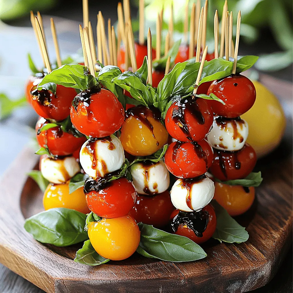 To make Caprese salad skewers, you need simple, fresh ingredients. These flavors come together to create a bright, tasty dish. Here’s what you will need: - Fresh cherry tomatoes - Basil leaves - Mozzarella balls (bocconcini) - Balsamic glaze and olive oil - Lemon zest and seasoning The cherry tomatoes bring sweetness and color. You can use any ripe variety you like. Basil leaves add a lovely aroma and a fresh taste. The mozzarella balls offer a creamy texture that balances the other flavors. Balsamic glaze gives a tangy sweetness, while olive oil adds richness. The lemon zest and seasoning enhance the dish with a zesty kick. When you gather these ingredients, you prepare yourself for a delightful experience in the kitchen. Each bite of the skewer bursts with flavor. You can find the full recipe [Full Recipe]. 1. Cleaning and prepping ingredients: Start by rinsing the cherry tomatoes and basil leaves under cold water. Pat them dry with a paper towel. Drain the mozzarella balls if they are in water. This helps keep everything fresh. 2. Assembling the skewers: Grab your small skewers or toothpicks. You will thread each ingredient onto the skewer. 3. Preparing the dressing: In a small bowl, whisk together the balsamic glaze, olive oil, lemon zest, salt, and cracked pepper. This zesty dressing adds flavor to your skewers. 1. Threading ingredients onto skewers: Begin with a cherry tomato. Next, add a fresh basil leaf. Finally, slide on a mozzarella ball. Repeat this until you have three of each ingredient on one skewer. 2. Drizzling the dressing: Once all skewers are ready, place them on a serving plate. Drizzle the dressing over the skewers. Make sure every skewer gets a nice touch of flavor. 3. Presentation tips for serving: For a fun display, stand the skewers up in a glass jar filled with rock salt or quinoa. This makes an eye-catching centerpiece. You can also lay them flat on a long platter for a more elegant look. To make great Caprese salad skewers, select the best tomatoes and mozzarella first. Look for cherry tomatoes that are firm and bright in color. They should feel heavy for their size. This shows they are juicy and fresh. For mozzarella, choose small balls called bocconcini. They should be creamy and slightly springy. Check the package date for freshness. Next, when picking basil, aim for large, healthy leaves. They should be vibrant green and fragrant. The size enhances flavor and looks great on the skewer. Use young leaves for a milder taste. Older leaves can be strong and bitter. When serving your Caprese salad skewers, presentation matters. For a fun look, arrange the skewers vertically in a glass jar filled with rock salt or quinoa. This adds height to your table. You can also lay them flat on a long platter for a more elegant style. Pair these skewers with a light white wine or sparkling water for a refreshing drink. They also go well with other appetizers like bruschetta or olives. This mix can delight your guests and make your meal feel complete. {{image_2}} You can change the cheese in your Caprese salad skewers. Feta or goat cheese works well. These cheeses add a different taste and texture. You can also use skewers of different types. Bamboo or metal skewers are both great options. Each skewer type can change how your dish looks and tastes. Want to spice up your skewers? Adding fruits like peaches or strawberries can make them sweeter. These fruits pair well with the cheese and basil. You can also infuse your skewers with different herbs and spices. Try adding a sprinkle of oregano or thyme for extra flavor. Each tweak can give your dish a unique twist. For more ideas, check the Full Recipe for inspiration! To keep your Caprese salad skewers fresh, store them properly. I suggest using an airtight container. This helps keep the flavors intact. Place a layer of paper towel at the bottom. This will absorb any extra moisture. Line the skewers in the container without overcrowding them. You can also use a glass jar for a fun presentation. Just make sure the skewers stay upright. You can prepare these skewers ahead of time. Just assemble them a few hours before serving. If you need to prepare them a day in advance, that's fine too. Store the skewers in the fridge. They will stay fresh for about 24 hours. Be careful not to leave them too long. The basil leaves may wilt and lose their bright color. Always check for freshness before serving. For the best taste, serve them chilled. For the full recipe, refer to the earlier section. Enjoy making these tasty appetizers! Can I make Caprese salad skewers ahead of time? Yes, you can! I often prepare these skewers a few hours before serving. Just keep them in the fridge. This helps the flavors mix well. However, avoid adding the dressing until you serve them. This keeps them fresh. What’s the best way to transport them for a picnic? For a picnic, place the skewers in a container with a lid. Use a cooler if it’s hot outside. You can layer them with damp paper towels to keep them fresh. Remember to pack the dressing separately. Drizzle it on just before you eat. Are Caprese skewers gluten-free? Yes, they are naturally gluten-free! The ingredients are all safe for gluten-free diets. Just ensure any added sauces are also gluten-free. What are the health benefits of the ingredients? Caprese salad skewers are packed with nutrients. Cherry tomatoes are rich in vitamins A and C. Basil adds antioxidants and has anti-inflammatory properties. Mozzarella provides protein and calcium. Olive oil offers healthy fats, which are great for heart health. Caloric and macronutrient breakdown per serving Each serving, which includes three skewers, has about 150 calories. They have roughly 10 grams of fat, 8 grams of protein, and 5 grams of carbs. This makes them a balanced snack or appetizer. For the full recipe, you can find more details on serving sizes and adjustments. In this post, we covered how to make delicious Caprese skewers. You learned about the key ingredients, like fresh tomatoes and mozzarella. I explained how to prepare and assemble your skewers and shared helpful tips for serving. We also discussed fun variations and storage methods. My final thought is simple: Caprese skewers are not just tasty, but they are also easy to make. Enjoy trying your own creations, and have fun sharing them with friends and family!