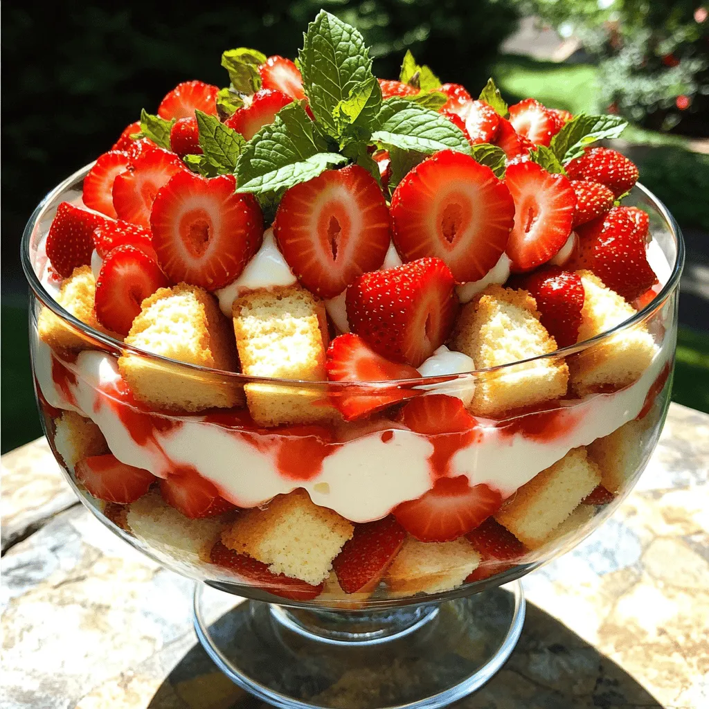 To make this tasty strawberry shortcake trifle, gather these ingredients: - 2 cups fresh strawberries, sliced - 2 tablespoons sugar (for strawberries) - 1 cup heavy cream - 1/2 cup powdered sugar - 1 teaspoon vanilla extract - 1 package (about 10 oz) store-bought angel food cake or pound cake, cut into cubes - 1 cup plain Greek yogurt - Mint leaves for garnish (optional) Use ripe strawberries for the best flavor. If you can’t find fresh strawberries, try using frozen ones. Just thaw them first and drain excess liquid. You can swap the heavy cream for coconut cream if you want a dairy-free version. Instead of Greek yogurt, you can use regular yogurt, but it may change the texture a bit. For a lighter taste, consider using light whipped cream. Strawberries shine in summer, but you can switch things up with seasonal fruits. In spring, try adding fresh blueberries or raspberries. In fall, sliced apples or pears work great. In winter, use citrus fruits like oranges for a bright twist. Each season brings different flavors, so feel free to explore! Start by washing the strawberries. Slice them evenly. In a medium bowl, mix the sliced strawberries with 2 tablespoons of sugar. This helps the strawberries release their juices. Let them sit for about 15-20 minutes. You will notice the strawberries become syrupy. This syrup adds sweetness and flavor to your trifle. In a clean mixing bowl, pour in 1 cup of heavy cream. Use a hand mixer or whisk to whip the cream. Beat it until soft peaks form. Then, add 1/2 cup of powdered sugar and 1 teaspoon of vanilla extract. Continue to whip until you see stiff peaks. The whipped cream should be light and fluffy. This will give your trifle a rich and creamy texture. Grab a large trifle dish or individual glasses. Start with a layer of cake cubes at the bottom. Next, add a layer of the macerated strawberries on top. Spoon a layer of the yogurt-cream mixture next. Repeat these layers: cake, strawberries, and yogurt-cream. Keep layering until you fill the dish. End with a layer of yogurt-cream. For a nice touch, add sliced strawberries and mint leaves on top. Now, refrigerate your trifle for at least 1 hour. This allows the flavors to meld beautifully. Check out the Full Recipe for more details! To make great whipped cream, start with cold heavy cream. Cold cream whips better and faster. Use a clean bowl and beaters to avoid any grease. Whip the cream until soft peaks form. Then, slowly add powdered sugar and vanilla. Keep whipping until you see stiff peaks. Stiff peaks hold their shape well, making them perfect for your trifle. You can prepare most parts of the trifle a day ahead. It’s a great time-saver! Slice the strawberries and mix them with sugar. Store them in the fridge overnight to let the juices flow. You can also whip the cream and mix it with yogurt ahead of time. Just make sure to keep everything covered. Assemble the trifle just before serving for the best texture. To make your trifle look stunning, use clear glass dishes. This way, everyone can see the colorful layers. Start with a layer of cake at the bottom. Then, alternate between strawberries and the yogurt-cream mix. Finish with a generous layer of whipped cream. Add fresh strawberries and mint leaves on top for a pop of color. A well-presented trifle makes the treat even more appealing and exciting to eat. For the complete recipe, check out the Full Recipe section. {{image_2}} You can switch up the fruit for a berry mix. Use blueberries, raspberries, or blackberries. This adds color and flavor. Each berry brings its own taste. Mix and match them based on what you like. You can also adjust the sugar amount. Some berries are sweeter, so taste as you go. If you need a gluten-free trifle, choose a gluten-free cake. Many stores sell gluten-free angel food cakes. You can also use gluten-free ladyfingers. Just check the labels to be sure. The rest of the recipe stays the same. You still get that fluffy texture and amazing taste. For a dairy-free version, use coconut cream instead of heavy cream. Chill it overnight, then scoop out the solid part. This gives you a great whipped texture. Use almond or coconut yogurt in place of Greek yogurt. These swaps keep the trifle creamy and delicious, while being dairy-free. You can find the full recipe to create your perfect trifle. To keep your strawberry shortcake trifle fresh, cover it tightly with plastic wrap or a lid. This helps prevent air from getting in, which can dry it out. If you use a trifle dish, ensure the lid fits well. If not, choose a large bowl with a tight seal. Your trifle can last up to three days in the fridge. The strawberries stay juicy and the cream remains fresh. After three days, the cake may get soggy, and the flavors might change. For the best taste, eat it within this time frame. If you have leftovers, be gentle when serving. The layers may shift, but that’s okay! Use a large spoon to scoop out portions. If the trifle looks messy, don’t worry. It will still taste great. For a fresh look, add a few new strawberries and mint leaves on top before serving. Enjoy your delicious treat! Yes, you can use frozen strawberries. Just thaw them first. Drain any extra juice. This will help keep your trifle from getting too soggy. The flavor will still be great! If you don’t have Greek yogurt, try sour cream. You can also use regular yogurt. Both will work well in the trifle. They keep the dish creamy and tasty. To make it sweeter, add more sugar to the strawberries or whipped cream. Start with a tablespoon at a time. If you want it less sweet, cut back on the sugar in those layers. Taste as you go to find the right balance. Yes, you can add other fruits! Blueberries, raspberries, or peaches work well. Just make sure to cut them small. This way, they mix nicely with the other layers. You can store the trifle in the fridge for about three days. Cover it tightly to keep it fresh. The layers may get softer, but the flavors will still be yummy. Yes! You can make this trifle a day ahead. Just assemble it and store it in the fridge. This helps the flavors blend together perfectly. Absolutely! Kids love the sweet taste and fun layers. It’s a great way to get them involved in the kitchen. Let them help assemble the trifle! Yes, you can use any cake you like! Pound cake or sponge cake are both great options. Just make sure to cut them into cubes for easy layering. You can use a large trifle dish or individual glasses. If you use a big dish, it will serve more people. Individual glasses are fun for parties! This blog post covers everything you need for a delicious trifle. We discussed the ingredients, with notes on substitutions and seasonal choices. You learned how to prepare strawberries, whip cream, and assemble the trifle step-by-step. I shared tips for perfect whipped cream, how to make it ahead, and presentation ideas. There are also fun variations, storage tips, and answers to common questions. Now you have the tools to create your own perfect trifle and impress anyone who tries it! Enjoy the process and make it your own.