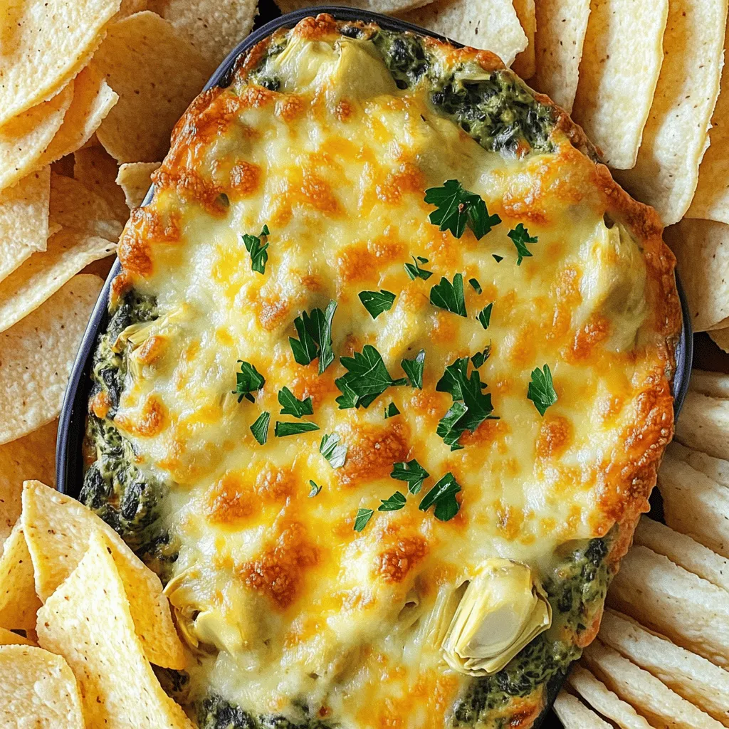 To make a tasty Cheesy Spinach Artichoke Dip, you need some key ingredients. Here’s what you should gather: - 1 cup frozen spinach, thawed and drained - 1 cup canned artichoke hearts, drained and chopped - 1 cup cream cheese, softened - 1 cup sour cream - 1 cup shredded mozzarella cheese - 1/2 cup grated Parmesan cheese - 2 cloves garlic, minced - 1 teaspoon onion powder - 1/4 teaspoon crushed red pepper flakes (optional) - Salt and pepper to taste - Tortilla chips or sliced baguette for serving These ingredients blend to create a creamy, flavorful dip. The spinach and artichokes add great texture, while the cheeses bring richness. To kick up the flavor, you can add some optional ingredients. Here are a few ideas: - Chopped fresh herbs like parsley or basil for freshness. - A squeeze of lemon juice for a zesty touch. - A dash of Worcestershire sauce for extra depth. - Sautéed onions or peppers for added sweetness. These options let you customize the dip to fit your taste. Feel free to get creative! This dip is naturally vegetarian since it does not include meat. If you're looking for gluten-free options, simply serve it with gluten-free tortilla chips or veggie sticks. You can also make it dairy-free by using vegan cream cheese and cheese alternatives. Just remember to check labels for hidden gluten or dairy ingredients. This ensures everyone can enjoy the dip at your party! For the full recipe, check out the earlier section. Start by gathering your ingredients. You need frozen spinach, canned artichoke hearts, cream cheese, sour cream, mozzarella cheese, Parmesan cheese, garlic, onion powder, and optional red pepper flakes. Frozen spinach should be thawed and drained well. This helps your dip stay creamy, not watery. Chop the artichokes into small pieces and mince the garlic. This adds more flavor. In a large bowl, mix the softened cream cheese and sour cream. Stir until it is smooth and creamy. This is the base for your dip. Next, add the chopped artichoke hearts, spinach, minced garlic, onion powder, and red pepper flakes if you want some heat. Season with salt and pepper. Mix well to combine everything evenly. Preheat your oven to 350°F (175°C). This step is key for a nice bake. Transfer your dip mixture into an oven-safe dish. Spread it out evenly. Now, sprinkle half of the mozzarella cheese and all of the grated Parmesan on top. These cheeses will melt beautifully. Finally, add the rest of the mozzarella cheese on top for that gooey finish. Bake the dip in the oven for 25-30 minutes. You want it bubbly and golden brown on top. The smell will make everyone eager to dig in. Once done, take it out and let it cool for a few minutes. When mixing, be gentle. Overmixing can make your dip tough. You want a nice, creamy texture. Use a spatula to fold in the cheeses carefully. This helps keep air in the mixture for a fluffy dip. If you want a twist, try adding some chopped herbs or spices to mix in. Always taste your dip before baking. This lets you adjust the salt and spice to your liking. For the best results, serve the dip warm. Pair it with tortilla chips or slices of baguette. It’s a crowd-pleaser! For the full recipe, check out the section above. Enjoy your tasty creation! To make your dip super creamy, use softened cream cheese. This helps it blend easily. Mix the cream cheese and sour cream first. Make sure there are no lumps. Also, try using full-fat cream cheese for the best texture. If you want more creaminess, add extra sour cream. Mixing in some heavy cream can also help! You can swap ingredients to fit your taste. If you don't have artichokes, use diced jalapeños. You can also replace mozzarella with cheddar for a sharper flavor. For a lighter dip, use Greek yogurt in place of sour cream. This keeps it creamy but adds protein. If you're dairy-free, try a vegan cream cheese alternative. To change the spice level, add or reduce crushed red pepper flakes. If you like it hot, add more! You can also mix in a dash of hot sauce. For a milder dip, skip the red pepper flakes altogether. Always taste as you go! This way, you can find the perfect balance for your palate. For the full details, check out the Full Recipe. {{image_2}} You can swap cheeses in this dip for fun flavors. Try using sharp cheddar for a zesty kick. Goat cheese can add a creamy tang. For a smoky note, use smoked Gouda. Mixing different cheeses makes each dip unique. You can blend mozzarella with fontina for extra meltiness. Each cheese choice adds its own charm to the dip. Want to make your dip heartier? Adding protein is a great idea. Shredded chicken works well and gives a nice texture. You can also use crab meat for a seafood twist. Both options blend well with the creamy base. Just fold in about a cup of cooked protein before baking. This makes the dip more filling and satisfying. If you want a vegan version, it’s easy to adapt. Use cashew cream instead of cream cheese for richness. Swap the sour cream for coconut yogurt or silken tofu. Nutritional yeast can add a cheesy flavor. For the cheeses, try vegan mozzarella and parmesan. These changes keep the dip creamy and delicious without dairy. You won’t miss the cheese at all! For the full recipe, refer to Cheesy Spinach Artichoke Delight. If you have leftover cheesy spinach artichoke dip, store it in an airtight container. Let it cool down first. Then, seal it tightly. Keep the dip in the fridge. It will stay fresh for up to three days. When you want to enjoy it again, just take it out when you are ready. To reheat your dip, place it in a safe oven dish. Preheat the oven to 350°F (175°C). Heat the dip for about 15 minutes. Check it often. You want it warm and bubbly. If you are in a hurry, use the microwave. Heat it in short bursts, stirring in between. This way, it warms evenly without getting too hot. You can freeze this dip for later use. Freeze it in a safe container. It can last up to three months this way. However, freezing can change the texture. When you thaw it, it might be a bit watery. To fix this, stir the dip well after thawing. You can also add a little cream cheese to help it. This dip tastes great fresh but can still be enjoyed after freezing. For the full recipe, check out the details above. You can store Cheesy Spinach Artichoke Dip for about three to four days in the fridge. Make sure to place it in an airtight container. This keeps it fresh and tasty. When you are ready to enjoy it again, just reheat it in the oven or microwave. Yes, you can make the dip ahead of time. Just prepare it and store it in the fridge before baking. This way, you save time on the day of your party. When you are ready, bake it as directed in the Full Recipe. Besides tortilla chips, you can serve the dip with sliced baguette. Fresh veggies like carrots and celery also work well. You can even use crackers or pretzels for a nice crunch. These options add variety and keep it fun! You learned how to make a great Cheesy Spinach Artichoke Dip. We covered the main and optional ingredients, along with dietary options. The step-by-step instructions guide you through preparation and baking. You also got tips for the creamiest dip and ways to mix flavors. Variations include new cheeses and protein options. Finally, we discussed storage and reheating for leftovers. This dip is fun and easy to make. Enjoy experimenting with different flavors to find your favorite.