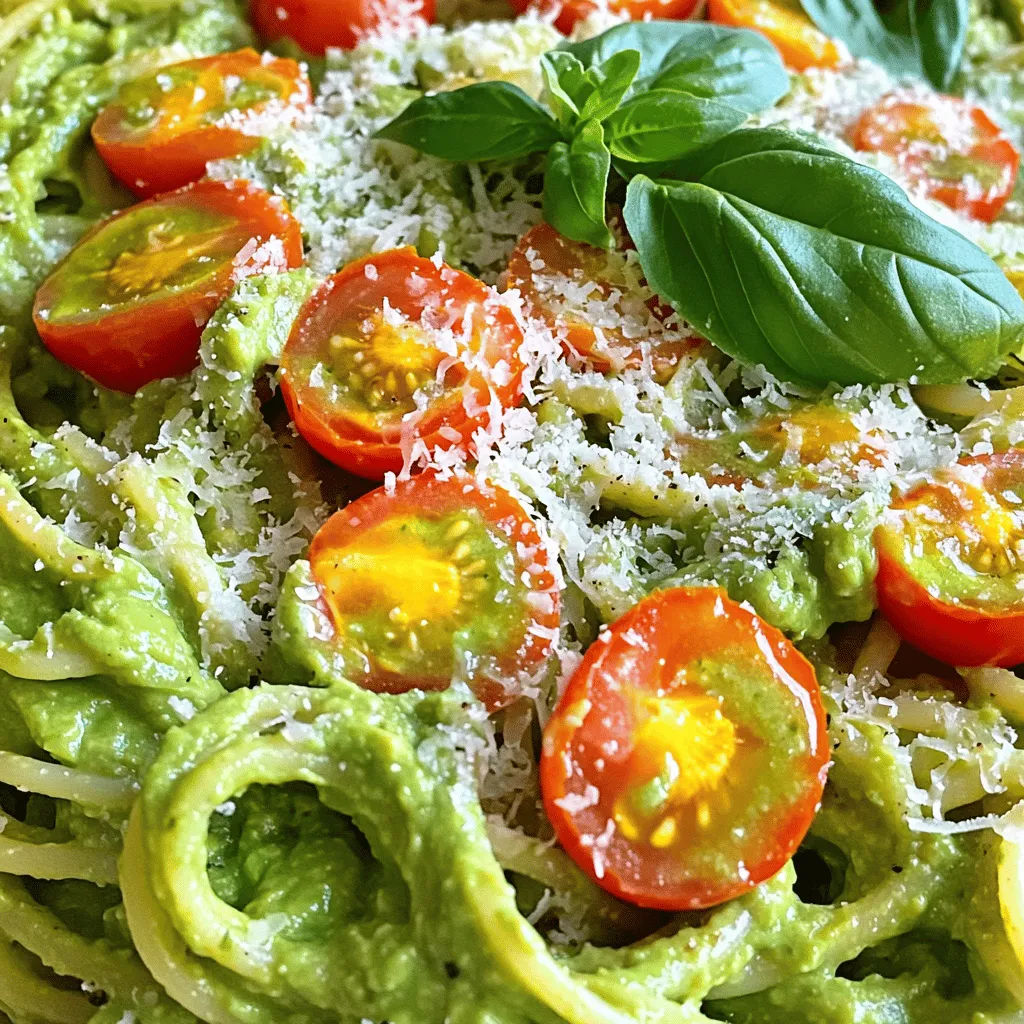 For this creamy avocado pasta, you need a few key items. Here are the main ingredients: - 2 ripe avocados - 3 cups cooked pasta (spaghetti or fettuccine work well) - 2 cloves garlic, minced - 2 tablespoons olive oil - 1 tablespoon lemon juice - 1/4 cup fresh basil leaves, chopped - 1/4 cup grated parmesan cheese (or nutritional yeast for a vegan option) - Salt and pepper to taste - Cherry tomatoes, halved (for garnish) - Extra basil leaves for garnish These items create a rich and creamy sauce that coats the pasta perfectly. If you want to change things up, you can add optional ingredients. Some great options include: - Red pepper flakes for heat - Spinach or arugula for extra greens - Pine nuts or walnuts for crunch - Lemon zest for extra brightness These additions can make your dish unique and fun! Choosing the right avocados is key for this dish. Here are some simple tips: - Look for avocados that are slightly soft when you press them. - The skin should be dark green or almost black. - Avoid any avocados with large dark spots or cracks. Ripe avocados will blend smoothly and create that creamy texture you want in your pasta. First, boil water in a large pot. Add a pinch of salt to the water. Once boiling, add your pasta. I like spaghetti or fettuccine for this dish. Cook the pasta until it is al dente, following package instructions. This usually takes about 8 to 10 minutes. When done, reserve about 1 cup of the pasta water. Drain the pasta in a colander and set it aside. While the pasta cooks, grab a food processor. Cut the ripe avocados in half and remove the pit. Scoop the avocado flesh into the processor. Add minced garlic, olive oil, and lemon juice to the mix. Toss in the chopped basil and parmesan cheese. Blend everything until it is smooth and creamy. Taste the sauce and add salt and pepper to your liking. If it feels too thick, slowly add some reserved pasta water to get the right texture. In a large mixing bowl, add the drained pasta. Pour the creamy avocado sauce over the pasta. Toss gently to coat the pasta evenly with the sauce. If you want to make it look pretty, add halved cherry tomatoes and extra basil leaves on top. Enjoy your meal right away for the best flavor. For the full recipe, refer to the above instructions. To make your avocado sauce even creamier, start with ripe avocados. The softer the fruit, the smoother the blend. You can also add a splash of pasta water when mixing. This helps thin out the sauce while keeping it rich. Adding more olive oil can also boost creaminess. Finally, blend it well until it looks silky. Creamy avocado pasta pairs well with many foods. Try grilled chicken or shrimp for protein. Roasted veggies like zucchini or bell peppers add color and taste. For a fresh twist, serve it with a simple salad. A sprinkle of extra parmesan or fresh basil on top makes it pretty. You can also add cherry tomatoes for a burst of flavor. One common mistake is using unripe avocados. They won’t blend well and taste bitter. Make sure to reserve enough pasta water; it helps adjust the sauce. Also, don't over-blend the sauce. You want a creamy texture, not a puree. Finally, season your sauce to taste. A little salt and pepper can make a big difference. For the full recipe, check out the detailed instructions. {{image_2}} You can boost this dish by adding protein. Grilled chicken adds a nice flavor. Shrimp brings a sweet, briny taste. If you prefer vegetarian options, tofu works well too. Cook your protein before mixing it with the pasta and sauce. This adds heartiness to your creamy avocado pasta. Try marinating chicken or shrimp with lemon juice and garlic for extra zest. Want to add more veggies? Spinach is a great choice. It wilts down quickly and blends well. Peas add a pop of color and sweetness. Zucchini can be spiralized or diced. Add these before you mix in the avocado sauce. They not only enhance taste but also add nutrition. You can even sauté the veggies first for a deeper flavor. If you want a fully vegan dish, swap out the parmesan cheese for nutritional yeast. This gives a cheesy flavor without dairy. Instead of chicken or shrimp, use chickpeas for protein. They add great texture and are packed with nutrients. You can also load up on any veggies you love. The creamy avocado sauce remains the star of the dish. This adds variety without losing flavor. For the full recipe, check out the detailed instructions above. To store your creamy avocado pasta, place it in an airtight container. Make sure the lid seals tightly. The pasta will stay fresh in the fridge for up to two days. If you want to keep it longer, consider freezing. Just remember, avocado can brown when exposed to air. To help, add a bit more lemon juice before storing. This keeps the color bright and fresh. When you're ready to eat the leftovers, reheating is easy. I recommend using a pan over low heat. Add a splash of water or olive oil to help revive the creaminess. Stir often to prevent sticking. If you prefer the microwave, use a microwave-safe bowl. Cover it loosely with a paper towel to keep moisture in. Heat in short bursts, stirring in between, until warm. To freeze creamy avocado pasta, first let it cool completely. Then, scoop the pasta into freezer-safe bags or containers. Remove as much air as possible before sealing. The pasta can last up to three months in the freezer. When you're ready to eat, thaw it overnight in the fridge. Reheat as mentioned before, adding a bit of liquid to help with the creaminess. For the full recipe, check out the section above. Yes, you can use frozen avocados. Just thaw them before use. They may be softer but still tasty. They blend well into a creamy sauce. Creamy avocado pasta lasts about 2 to 3 days in the fridge. Store it in an airtight container. The sauce may darken slightly, but it’s still good to eat. You can make the pasta ahead of time. However, I suggest making the sauce fresh. The avocado sauce can brown quickly, but you can add lemon juice to slow it down. If you want to prepare it in advance, store the sauce and pasta separately. For the full recipe, check the [Full Recipe]. This blog post covered the key steps to making creamy avocado pasta. We explored main and optional ingredients to enhance flavor. I shared tips for choosing ripe avocados and provided step-by-step cooking instructions. We also discussed how to make the sauce creamier and pairing suggestions. Lastly, I included storage tips and answered common questions. Now, you can enjoy a delicious dish that fits your taste. Experiment with variations to make it your own, and savor every bite!