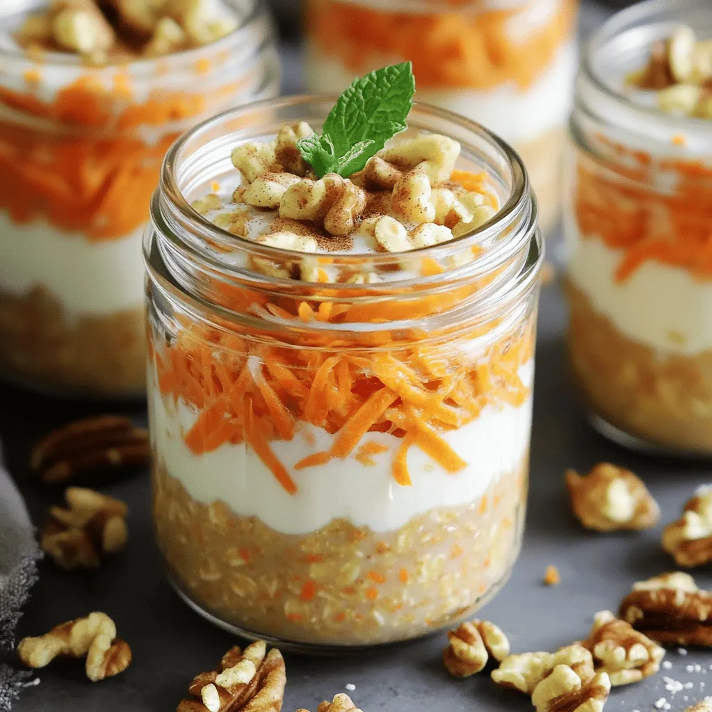 To make carrot cake overnight oats, you need the following items: - 1 cup rolled oats - 1 cup almond milk (or milk of choice) - 1 medium carrot, grated - 1/4 cup Greek yogurt (or dairy-free yogurt) - 2 tablespoons maple syrup (or honey) - 1/2 teaspoon cinnamon - 1/4 teaspoon nutmeg - 1/4 teaspoon vanilla extract - A pinch of salt - 2 tablespoons raisins (optional) - 2 tablespoons chopped walnuts (optional) You can add fun flavors to your oats by using some optional ingredients. Here are a few ideas: - Chopped pecans for a nutty crunch - A scoop of protein powder for extra nutrition - Coconut flakes for a tropical twist - Dried cranberries for a sweet-tart flavor Each serving offers a great balance of nutrients. Here’s what you get: - Calories: 250 - Protein: 9g - Carbohydrates: 38g - Fat: 8g - Fiber: 7g - Sugar: 10g This meal is healthy and perfect for starting your day right. It’s filling, tasty, and packed with vitamins from the carrots. You can easily adjust the recipe to fit your own needs. For the full recipe, check out the details above. Start by gathering your ingredients. You need rolled oats, almond milk, grated carrot, Greek yogurt, and spices. The spices include cinnamon, nutmeg, and a pinch of salt. You can also use raisins and walnuts if you want. In a medium bowl, mix the rolled oats, grated carrot, Greek yogurt, and almond milk. Stir until the oats are soaked. Next, add the maple syrup, cinnamon, nutmeg, vanilla extract, and salt. Mix again until everything is combined. If you like raisins and walnuts, fold them in gently. Transfer the mixture to jars or containers. Seal them and put them in the fridge overnight. In the morning, stir the oats well. If they seem thick, add a splash of almond milk. Serve them chilled. For a pretty touch, add extra grated carrot, a sprinkle of cinnamon, and chopped walnuts on top. Enjoy your delicious carrot cake overnight oats! For the full recipe, refer to the previous section. To make the best overnight oats, use rolled oats. They soak up liquid well and stay soft. You can mix in your favorite flavors, like cinnamon and nutmeg. These spices add warmth and taste. Always use enough liquid. It helps the oats swell overnight. I like using almond milk, but any milk works. For creamy oats, add Greek yogurt. It gives a nice thickness and a tangy flavor. If you want a lighter texture, skip the yogurt. You can also add a splash of milk in the morning. This makes the oats even creamier. Stir them well before eating. This ensures every bite is tasty. Avoid using instant oats. They can turn mushy and lose their shape. Don’t skip the soaking time; it’s key for good flavor and texture. If you add too much liquid, your oats may become soupy. Keep track of how much milk you add. Lastly, taste before serving. Adjust sweetness if needed, to suit your taste. For the Full Recipe, check the instructions above. Enjoy making your Carrot Cake Overnight Oats! {{image_2}} You can easily change the flavor of your carrot cake overnight oats. Try adding pineapple for a tropical twist. It gives a bright, fresh taste. You can also mix in coconut flakes for a sweeter flavor. Another idea is to add a spoonful of cocoa powder for a chocolatey version. Don't forget to adjust the spices to match your new flavors. To make this recipe dairy-free, simply use almond milk or any plant-based milk. For yogurt, choose a dairy-free option like coconut yogurt. This keeps it creamy and delicious. The maple syrup adds sweetness, making it perfect for a vegan diet. You still get all the tasty flavor without any animal products. You can boost the nutrition of your oats with fun add-ins. Consider flax seeds or chia seeds for extra fiber and omega-3s. They make the oats even creamier. If you want more protein, add a scoop of protein powder. For a crunch, toss in some chopped nuts or seeds. Raisins add sweetness, while dried cranberries bring a tart taste. Each add-in creates a unique flavor and texture. If you want the full recipe, check out the Carrot Cake Overnight Oats section above. To keep your carrot cake overnight oats fresh, store them in the fridge. Use jars or airtight containers. Ensure each jar is sealed well to prevent any odors from the fridge. You can make these oats up to three days ahead of time. Just remember to stir them before eating. Glass jars work great for storing overnight oats. They are easy to clean and do not absorb smells. You can also use plastic containers with tight seals. Look for BPA-free options to keep your food safe. Choose sizes that fit your serving needs. Carrot cake overnight oats stay fresh in the fridge for about three days. If you want to keep them longer, you can freeze them. Use freezer-safe containers to avoid freezer burn. When ready to eat, thaw them in the fridge overnight. Stir well before serving. For the best taste, eat them fresh. Check the Full Recipe for more details on preparation and storage. Yes, you can make carrot cake overnight oats ahead of time. In fact, they taste better after soaking overnight. You just mix the oats and other ingredients, then store them in the fridge. They stay fresh for about three to five days if sealed well. This makes them perfect for busy mornings. To reduce the sweetness, cut back on maple syrup or honey. You can use less than two tablespoons, or skip it altogether. Another option is to use unsweetened almond milk instead of sweetened. Adding more spices like cinnamon can also enhance flavor without adding sugar. You can try many toppings with these oats. Here are some tasty options: - Extra grated carrot for crunch - A sprinkle of cinnamon for warmth - Chopped walnuts for a nutty bite - Dried cranberries or apricots for a hint of tartness - Coconut flakes for added texture Feel free to mix and match to find your favorite combination! For the full recipe, check out the ingredients and instructions above. In this post, we covered how to make carrot cake overnight oats. We listed ingredients, shared a step-by-step method, and offered tips for success. You learned about variations and storage to keep your oats fresh. Remember, you can customize these oats with your favorite flavors and toppings. This dish is easy, tasty, and healthy, making it a great breakfast choice. Enjoy experimenting and creating your own versions!