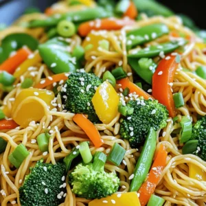 To make a tasty Vegetable Lo Mein, gather these items: - 8 oz lo mein noodles - 2 tablespoons sesame oil - 1 cup broccoli florets - 1 bell pepper, thinly sliced (any color) - 1 carrot, julienned - 1 cup snap peas - 4 green onions, chopped - 3 cloves garlic, minced - 1-inch piece ginger, grated - 3 tablespoons soy sauce - 1 tablespoon oyster sauce (vegetarian version) - 1 tablespoon hoisin sauce - Salt and pepper to taste - Sesame seeds for garnish Using fresh vegetables makes your lo mein colorful and full of flavor. I love adding: - Broccoli for crunch and nutrients. - Bell peppers add sweetness and color. - Carrots provide a nice texture. - Snap peas bring a lovely snap. - Green onions give a great bite. Feel free to mix and match your favorites. Use seasonal veggies for the best taste. You need some basic tools to make your Vegetable Lo Mein. Here’s what I recommend: - A large skillet or wok for even cooking. - A pot for boiling noodles. - A sharp knife for slicing veggies. - A cutting board for safe prep. With these tools and ingredients, you can create a dish that shines. For the full recipe, check out the details above. Enjoy your cooking! First, gather your lo mein noodles. Measure out 8 ounces for this dish. Bring a pot of water to a boil. Add the noodles, cooking them according to the package instructions. This usually takes about 3 to 5 minutes. Taste them to see if they are just right. Drain the noodles and set them aside. Toss them in 1 tablespoon of sesame oil. This helps to keep them from sticking. Next, get your large skillet or wok. Heat the remaining 1 tablespoon of sesame oil over medium-high heat. Add 3 cloves of minced garlic and 1-inch grated ginger. Cook these for about 1 minute until you smell their nice aroma. Now, add your vegetables: 1 cup of broccoli florets, 1 thinly sliced bell pepper, 1 julienned carrot, and 1 cup of snap peas. Stir-fry these for about 5 to 7 minutes. You want them to be tender but still a bit crisp. Once your vegetables are ready, add the cooked lo mein noodles to the skillet. Toss in 4 chopped green onions as well. Now it's time for flavor! Pour in 3 tablespoons of soy sauce, 1 tablespoon of vegetarian oyster sauce, and 1 tablespoon of hoisin sauce. Stir-fry everything together for another 3 to 4 minutes. Make sure all the noodles and veggies are well coated in sauce. Finally, season with salt and pepper to taste. Serve your delicious Vegetable Lo Mein hot, garnished with sesame seeds. For full details, check the Full Recipe. To get the best lo mein noodles, start with boiling water. Use plenty of water to keep the noodles from sticking. Cook them for about 3-4 minutes until they are al dente. Drain the noodles and toss them with a bit of sesame oil. This step keeps them from clumping together. Flavoring your lo mein is all about the sauce. Use soy sauce, oyster sauce, and hoisin sauce to create a rich taste. You can adjust these sauces based on your liking. Add fresh garlic and ginger for an aromatic kick. If you want more heat, toss in some red pepper flakes. Serve your Vegetable Lo Mein hot and fresh. Garnish with sesame seeds and green onions for a nice touch. You can add a side of spring rolls or dumplings for extra flavor. This meal pairs well with a light salad or steamed vegetables. Check the Full Recipe for more details on preparation and serving. {{image_2}} You can boost your Vegetable Lo Mein by adding protein. Chicken, shrimp, or tofu work well. Cook your chosen protein in the skillet before adding vegetables. This step gives the dish extra flavor. For a vegan option, use firm tofu. Just cube it and sauté until golden. If you need a gluten-free meal, use rice noodles instead of lo mein noodles. They have a similar texture and taste great. Be sure to check your sauces for gluten. Tamari is a great gluten-free soy sauce option. This way, everyone can enjoy the dish. To make a low-carb version, skip the noodles and use zucchini noodles or cauliflower rice. Spiralize zucchini for a fun twist. Cauliflower rice adds volume and keeps the dish light. Toss in vegetables like bell peppers and snap peas for crunch. This keeps the meal satisfying without the carbs. For the complete recipe, check out the [Full Recipe]. To keep your Vegetable Lo Mein fresh, store it in an airtight container. Make sure it cools down first. This way, you prevent moisture buildup. Place it in the fridge if you plan to eat it within three days. If you want it to last longer, consider freezing. When you're ready to enjoy leftovers, reheat them gently. Use a skillet over medium heat for the best results. Add a splash of water or soy sauce to keep it moist. Stir often to heat evenly. You can also use a microwave, but cover the bowl to keep the steam in. If you choose to freeze your Vegetable Lo Mein, let it cool completely first. Portion it into freezer-safe bags or containers. Remove as much air as possible to prevent freezer burn. It can last up to three months in the freezer. Just thaw it overnight in the fridge before reheating. Enjoy your delicious meal whenever you want with these simple storage tips! To make Vegetable Lo Mein vegetarian, use plant-based sauces. In this dish, we already use vegetarian oyster sauce and soy sauce. If you want a deeper flavor, add more hoisin sauce. All the veggies, like broccoli and bell pepper, are naturally vegetarian. You can enjoy a colorful and tasty meal without meat. If you can't find lo mein noodles, you have options. You can use spaghetti or thin rice noodles. These substitutes cook quickly and still taste great. You can also try zoodles, made from zucchini, for a low-carb option. The key is to cook them until they are just right. Yes, you can prepare Vegetable Lo Mein in advance. Cook the noodles and veggies, then store them separately. When you're ready to eat, just mix them together and heat. This helps keep the noodles from getting mushy. You can also enjoy leftovers. They will still taste great the next day. For the full recipe, check out the Veggie Delight Lo Mein. You learned about making delicious Vegetable Lo Mein. We covered all the key ingredients needed. I explained how to cook the noodles and veggies step by step. You got great tips for perfecting your dish and ideas for fun variations. Lastly, I shared how to store and reheat your Lo Mein. With this guide, you can create a tasty meal that fits your needs. Enjoy your cooking adventure!