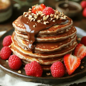 - 1 cup all-purpose flour - 2 tablespoons sugar - 1 tablespoon baking powder - 1/2 teaspoon salt - 1 cup milk (or dairy-free alternative) - 1 large egg - 2 tablespoons melted butter (or coconut oil) - 1/2 cup chocolate hazelnut spread - 1/2 cup chopped hazelnuts (for topping) - Fresh berries (strawberries or raspberries) for garnish - Dairy-free milk alternatives - Alternative sweeteners - Flavorings (vanilla extract, espresso) When I make chocolate hazelnut spread pancakes, I focus on quality ingredients. Start with all-purpose flour, sugar, baking powder, and salt. These form the base. The milk you choose can be dairy or a dairy-free option. I love adding a large egg for richness. Melted butter or coconut oil adds moisture and flavor. The key star is the chocolate hazelnut spread. It brings in that dreamy, sweet flavor. I also sprinkle chopped hazelnuts on top for a nice crunch. Fresh berries like strawberries or raspberries add a pop of color and freshness. You can customize these pancakes. Want to make them dairy-free? Use almond or oat milk. Prefer less sugar? Swap with honey or maple syrup. Feel free to add a splash of vanilla extract or a hint of espresso for depth. For the full recipe, check out the details in the recipe section. 1. Combining dry ingredients: Start by taking a large bowl. Add 1 cup of all-purpose flour, 2 tablespoons of sugar, 1 tablespoon of baking powder, and 1/2 teaspoon of salt. Whisk them together until fully mixed. This step is key for light, fluffy pancakes. 2. Preparing wet ingredients: In another bowl, crack 1 large egg and beat it lightly. Then, add 1 cup of milk and 2 tablespoons of melted butter. You can also use coconut oil if you prefer. Mix these ingredients until the mixture is smooth and creamy. 3. Folding the batter: Now, pour the wet mix into the dry mix. Gently stir them together. It’s okay if the batter is slightly lumpy. This texture helps create fluffy pancakes. Avoid overmixing, as that can make them tough. 1. Preheating the skillet: Heat a non-stick skillet over medium heat. If needed, lightly grease it with butter or oil. This helps the pancakes cook evenly. 2. Pouring and flipping pancakes: Pour about 1/4 cup of batter for each pancake onto the skillet. Cook for about 2-3 minutes. You’ll see bubbles form on the surface when they are ready to flip. 3. Adding chocolate hazelnut spread: Before flipping, add about 1 tablespoon of chocolate hazelnut spread on top of each pancake. Let it melt slightly. Then flip the pancakes and cook for another 1-2 minutes until golden brown. 1. Stacking and garnishing: Once cooked, stack the pancakes high on a plate. Sprinkle them with chopped hazelnuts for a nice crunch. 2. Drizzling with extra spread: For a touch of extra sweetness, drizzle more chocolate hazelnut spread on top. This makes each bite even more delicious. 3. Adding accompaniments: Fresh berries like strawberries or raspberries add a pop of color and flavor. They make your pancakes look great and taste even better. Try this Full Recipe for a sweet breakfast treat! - To cook perfect pancakes, keep the heat medium. Too high can burn them. - Mix the batter gently. Overmixing makes the pancakes tough, not fluffy. - Make sure to spread the batter evenly. This ensures even cooking and nice shapes. - Try different toppings like whipped cream or peanut butter. They add fun flavors! - You can mix in nuts or fruits like bananas into the batter. This adds texture and taste. - Add a pinch of cinnamon or vanilla for an extra flavor kick. Simple but delicious! - Measuring ingredients is key for great pancakes. Too much or too little can ruin them. - Use measuring cups and spoons for dry and wet ingredients. This helps with precision. - A kitchen scale can help if you want to measure by weight. It’s very accurate! For more details, check the Full Recipe for Chocolate Hazelnut Spread Pancakes. {{image_2}} You can change up your chocolate hazelnut spread pancakes in many fun ways. Here are a few ideas: - Peanut butter and chocolate pancakes: Swapping chocolate hazelnut spread for peanut butter creates a nutty twist. You can mix in some chocolate chips to keep it rich and sweet. - Adding cocoa powder for richer flavors: Mixing in a tablespoon of cocoa powder gives your pancake batter a deeper chocolate taste. This makes each bite even more delightful! - Combining with fruits like bananas or berries: Adding fresh fruits like bananas or berries can brighten up the flavors. Slice bananas and layer them in the pancakes, or toss in some blueberries for a juicy surprise. If you have dietary needs, you can still enjoy these pancakes! Here are some options: - Gluten-free pancake options: Use gluten-free flour instead of all-purpose flour. This allows anyone with gluten sensitivities to enjoy a tasty breakfast. - Vegan substitutions for ingredients: Replace milk with a plant-based milk and use a flax egg instead of a regular egg. This keeps the pancakes light and fluffy while being vegan-friendly. - Low-sugar alternatives: If you want to cut back on sugar, use a natural sweetener like honey or maple syrup. You can also reduce the sugar in the batter for a healthier choice. These variations help you make chocolate hazelnut spread pancakes suit your taste and dietary needs. Don't forget to check out the Full Recipe for the complete details! Store your leftover pancakes in the fridge. Use an airtight container to keep them fresh. Place a piece of parchment paper between each pancake to avoid sticking. Pancakes will stay fresh for about three days in the fridge. To reheat pancakes, use a microwave or skillet. For the microwave, heat them for about 20-30 seconds. For a skillet, warm them over low heat for a few minutes. You can also add a bit of extra chocolate hazelnut spread while reheating for a tasty twist. If you have a lot of leftovers, try using them in a breakfast casserole. You can freeze pancakes for future breakfasts. Stack them with parchment paper between each pancake to stop them from sticking. Wrap the stack in plastic wrap or foil, then place it in a freezer bag. They can last up to two months in the freezer. When you're ready to eat, defrost them overnight in the fridge or heat them straight from the freezer. To make pancakes fluffier, use fresh baking powder. Mix the dry and wet ingredients gently. Avoid overmixing the batter to keep it light. Let the batter rest for about 5-10 minutes before cooking. This gives the baking powder time to work, creating air bubbles that lighten the pancakes. Yes, you can make the batter ahead of time. Store it in the fridge for up to 24 hours. Just remember to stir it gently before cooking. The batter might thicken, so you can add a little milk if needed. Serve your pancakes hot, stacked high on a plate. Top them with chopped hazelnuts and fresh berries. Drizzle extra chocolate hazelnut spread on top for a treat that looks as good as it tastes. You can also add whipped cream for extra indulgence. Pancakes made with milk taste richer and creamier. Milk adds flavor and helps with texture. Water can work in a pinch, but it won’t give you the same taste or fluffiness. So, stick with milk or a dairy-free alternative for the best results. Yes, you can substitute all-purpose flour with whole wheat flour or a gluten-free blend. Whole wheat will add a nutty flavor and extra fiber. If using a gluten-free blend, check for one that includes xanthan gum for better texture. You learned about making delicious chocolate hazelnut pancakes. We covered key ingredients, like flour, sugar, and chocolate spread. I gave you easy steps to mix, cook, and serve them perfectly. Tips on flavor, storage, and variations can help you create your best batch yet. Try different toppings or methods to customize your pancakes. Enjoy every bite and share your pancakes with friends or family. Making pancakes is fun and easy, so start cooking today!