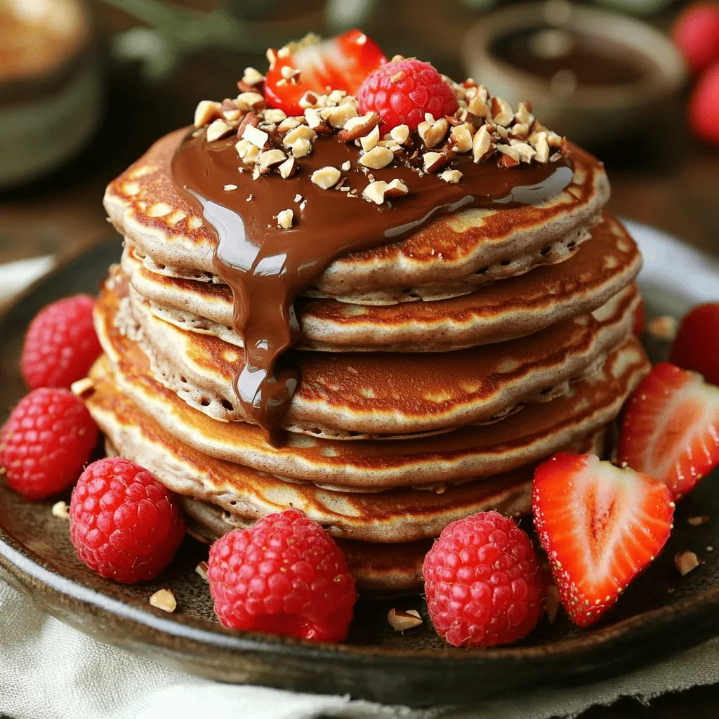 - 1 cup all-purpose flour - 2 tablespoons sugar - 1 tablespoon baking powder - 1/2 teaspoon salt - 1 cup milk (or dairy-free alternative) - 1 large egg - 2 tablespoons melted butter (or coconut oil) - 1/2 cup chocolate hazelnut spread - 1/2 cup chopped hazelnuts (for topping) - Fresh berries (strawberries or raspberries) for garnish - Dairy-free milk alternatives - Alternative sweeteners - Flavorings (vanilla extract, espresso) When I make chocolate hazelnut spread pancakes, I focus on quality ingredients. Start with all-purpose flour, sugar, baking powder, and salt. These form the base. The milk you choose can be dairy or a dairy-free option. I love adding a large egg for richness. Melted butter or coconut oil adds moisture and flavor. The key star is the chocolate hazelnut spread. It brings in that dreamy, sweet flavor. I also sprinkle chopped hazelnuts on top for a nice crunch. Fresh berries like strawberries or raspberries add a pop of color and freshness. You can customize these pancakes. Want to make them dairy-free? Use almond or oat milk. Prefer less sugar? Swap with honey or maple syrup. Feel free to add a splash of vanilla extract or a hint of espresso for depth. For the full recipe, check out the details in the recipe section. 1. Combining dry ingredients: Start by taking a large bowl. Add 1 cup of all-purpose flour, 2 tablespoons of sugar, 1 tablespoon of baking powder, and 1/2 teaspoon of salt. Whisk them together until fully mixed. This step is key for light, fluffy pancakes. 2. Preparing wet ingredients: In another bowl, crack 1 large egg and beat it lightly. Then, add 1 cup of milk and 2 tablespoons of melted butter. You can also use coconut oil if you prefer. Mix these ingredients until the mixture is smooth and creamy. 3. Folding the batter: Now, pour the wet mix into the dry mix. Gently stir them together. It’s okay if the batter is slightly lumpy. This texture helps create fluffy pancakes. Avoid overmixing, as that can make them tough. 1. Preheating the skillet: Heat a non-stick skillet over medium heat. If needed, lightly grease it with butter or oil. This helps the pancakes cook evenly. 2. Pouring and flipping pancakes: Pour about 1/4 cup of batter for each pancake onto the skillet. Cook for about 2-3 minutes. You’ll see bubbles form on the surface when they are ready to flip. 3. Adding chocolate hazelnut spread: Before flipping, add about 1 tablespoon of chocolate hazelnut spread on top of each pancake. Let it melt slightly. Then flip the pancakes and cook for another 1-2 minutes until golden brown. 1. Stacking and garnishing: Once cooked, stack the pancakes high on a plate. Sprinkle them with chopped hazelnuts for a nice crunch. 2. Drizzling with extra spread: For a touch of extra sweetness, drizzle more chocolate hazelnut spread on top. This makes each bite even more delicious. 3. Adding accompaniments: Fresh berries like strawberries or raspberries add a pop of color and flavor. They make your pancakes look great and taste even better. Try this Full Recipe for a sweet breakfast treat! - To cook perfect pancakes, keep the heat medium. Too high can burn them. - Mix the batter gently. Overmixing makes the pancakes tough, not fluffy. - Make sure to spread the batter evenly. This ensures even cooking and nice shapes. - Try different toppings like whipped cream or peanut butter. They add fun flavors! - You can mix in nuts or fruits like bananas into the batter. This adds texture and taste. - Add a pinch of cinnamon or vanilla for an extra flavor kick. Simple but delicious! - Measuring ingredients is key for great pancakes. Too much or too little can ruin them. - Use measuring cups and spoons for dry and wet ingredients. This helps with precision. - A kitchen scale can help if you want to measure by weight. It’s very accurate! For more details, check the Full Recipe for Chocolate Hazelnut Spread Pancakes. {{image_2}} You can change up your chocolate hazelnut spread pancakes in many fun ways. Here are a few ideas: - Peanut butter and chocolate pancakes: Swapping chocolate hazelnut spread for peanut butter creates a nutty twist. You can mix in some chocolate chips to keep it rich and sweet. - Adding cocoa powder for richer flavors: Mixing in a tablespoon of cocoa powder gives your pancake batter a deeper chocolate taste. This makes each bite even more delightful! - Combining with fruits like bananas or berries: Adding fresh fruits like bananas or berries can brighten up the flavors. Slice bananas and layer them in the pancakes, or toss in some blueberries for a juicy surprise. If you have dietary needs, you can still enjoy these pancakes! Here are some options: - Gluten-free pancake options: Use gluten-free flour instead of all-purpose flour. This allows anyone with gluten sensitivities to enjoy a tasty breakfast. - Vegan substitutions for ingredients: Replace milk with a plant-based milk and use a flax egg instead of a regular egg. This keeps the pancakes light and fluffy while being vegan-friendly. - Low-sugar alternatives: If you want to cut back on sugar, use a natural sweetener like honey or maple syrup. You can also reduce the sugar in the batter for a healthier choice. These variations help you make chocolate hazelnut spread pancakes suit your taste and dietary needs. Don't forget to check out the Full Recipe for the complete details! Store your leftover pancakes in the fridge. Use an airtight container to keep them fresh. Place a piece of parchment paper between each pancake to avoid sticking. Pancakes will stay fresh for about three days in the fridge. To reheat pancakes, use a microwave or skillet. For the microwave, heat them for about 20-30 seconds. For a skillet, warm them over low heat for a few minutes. You can also add a bit of extra chocolate hazelnut spread while reheating for a tasty twist. If you have a lot of leftovers, try using them in a breakfast casserole. You can freeze pancakes for future breakfasts. Stack them with parchment paper between each pancake to stop them from sticking. Wrap the stack in plastic wrap or foil, then place it in a freezer bag. They can last up to two months in the freezer. When you're ready to eat, defrost them overnight in the fridge or heat them straight from the freezer. To make pancakes fluffier, use fresh baking powder. Mix the dry and wet ingredients gently. Avoid overmixing the batter to keep it light. Let the batter rest for about 5-10 minutes before cooking. This gives the baking powder time to work, creating air bubbles that lighten the pancakes. Yes, you can make the batter ahead of time. Store it in the fridge for up to 24 hours. Just remember to stir it gently before cooking. The batter might thicken, so you can add a little milk if needed. Serve your pancakes hot, stacked high on a plate. Top them with chopped hazelnuts and fresh berries. Drizzle extra chocolate hazelnut spread on top for a treat that looks as good as it tastes. You can also add whipped cream for extra indulgence. Pancakes made with milk taste richer and creamier. Milk adds flavor and helps with texture. Water can work in a pinch, but it won’t give you the same taste or fluffiness. So, stick with milk or a dairy-free alternative for the best results. Yes, you can substitute all-purpose flour with whole wheat flour or a gluten-free blend. Whole wheat will add a nutty flavor and extra fiber. If using a gluten-free blend, check for one that includes xanthan gum for better texture. You learned about making delicious chocolate hazelnut pancakes. We covered key ingredients, like flour, sugar, and chocolate spread. I gave you easy steps to mix, cook, and serve them perfectly. Tips on flavor, storage, and variations can help you create your best batch yet. Try different toppings or methods to customize your pancakes. Enjoy every bite and share your pancakes with friends or family. Making pancakes is fun and easy, so start cooking today!