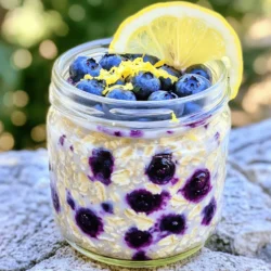 To make Lemon Blueberry Overnight Oats, you need: - 1 cup rolled oats - 1 cup unsweetened almond milk (or any milk of choice) - 1/2 cup Greek yogurt (plain or vanilla) - 1 lemon (zested and juiced) - 1 tablespoon honey or maple syrup (adjust for sweetness) - 1/2 cup fresh blueberries (plus extra for topping) - 1 tablespoon chia seeds (optional, for added texture and nutrition) - Pinch of salt This recipe packs a healthy punch. Here are some benefits: - Rolled oats provide fiber. This helps with digestion and keeps you full. - Greek yogurt adds protein. It supports muscle health and keeps you satisfied. - Blueberries are rich in antioxidants. They support heart health and reduce inflammation. - Chia seeds boost omega-3 fatty acids. These good fats are vital for brain health. - Lemon juice gives a vitamin C boost. This helps strengthen the immune system. You can mix and match ingredients based on what you have: - Use any milk you like instead of almond milk. Cow's milk or oat milk work great. - Swap Greek yogurt for dairy-free yogurt for a vegan option. - Use agave nectar if you prefer a different sweetener. - Fresh blueberries can be replaced with frozen berries. Just thaw them before use. - If you don't have chia seeds, you can leave them out. The oats will still be tasty. Ready to start your cooking adventure? Check out the Full Recipe for more details! Start by gathering your ingredients. Measure 1 cup of rolled oats into a medium bowl. Add a pinch of salt to enhance the flavor. If you like, sprinkle in 1 tablespoon of chia seeds for extra nutrition. Mix these dry ingredients well to combine them evenly. In a separate bowl, whisk together 1 cup of unsweetened almond milk and 1/2 cup of Greek yogurt. You can use plain or vanilla yogurt. Add the zest and juice from 1 lemon. This adds a bright flavor. Stir in 1 tablespoon of honey or maple syrup for sweetness. Mix until smooth and creamy. Pour the creamy mixture over the oats. Stir gently until the oats soak up all the goodness. Fold in 1/2 cup of fresh blueberries, saving some for topping later. Divide the mixture into two or three airtight jars. Seal them tightly and place in the fridge for at least 4 hours, or overnight for the best texture. When you’re ready to eat, give the oats a good stir. You can add a splash of almond milk if you want them runnier. Top with extra blueberries, a sprinkle of lemon zest, and a drizzle of honey or syrup. Enjoy this easy Lemon Blueberry Overnight Oats recipe! For detailed instructions, check the Full Recipe. To get the best texture, use rolled oats. They soak up liquid well. Chia seeds add a nice crunch if you want. Adjust the liquid to make it thicker or runnier. For flavor, fresh lemon zest boosts the taste. You can add more honey or syrup for sweetness. Serve in clear jars to show off those lovely blueberries. Top with extra blueberries for color. A sprinkle of lemon zest adds a nice touch. You can also drizzle a bit of honey over the top for extra flavor. Enjoy with a spoon or as a grab-and-go snack. Avoid using quick oats; they can turn mushy. Don’t skip the soaking time; it helps the oats soften. Make sure to mix well so all oats are coated. If you want it sweeter, taste before serving. This way, you can adjust the sweetness perfectly. {{image_2}} You can change up the fruit in this recipe. Use fresh strawberries in spring. In summer, try peaches or raspberries. Fall is great for apples or figs. Winter calls for citrus fruits like oranges. Each season brings new flavors. This keeps your oats exciting and fresh. If you want a dairy-free version, swap Greek yogurt for coconut yogurt. Use almond milk or oat milk instead of regular milk. These changes still give you creaminess and flavor. You won’t miss the dairy at all! Honey works well, but you can replace it with maple syrup or agave. If you prefer no sugar, try mashed banana or unsweetened applesauce. Each option adds sweetness and taste. Adjust to your liking for the perfect bowl! For the full recipe, check out the Lemon Blueberry Bliss Overnight Oats! Store your lemon blueberry overnight oats in airtight containers. Glass jars work well, as they keep the oats fresh. Make sure to seal the lids tightly to prevent air from getting in. This helps maintain the oats' flavor and texture. These oats stay good in the fridge for up to five days. The flavors will blend and deepen over time. However, for the best taste and texture, eat them within three days. After that, they may lose some of their freshness. You can eat these oats cold or warm. If you prefer them warm, simply transfer a portion to a bowl. Heat it in the microwave for about 30 seconds. Stir well and check the temperature before eating. You may want to add a splash of almond milk for creaminess. Enjoy your tasty breakfast! To make Lemon Blueberry Overnight Oats vegan, swap Greek yogurt for a plant-based yogurt. Use almond milk or coconut milk instead of dairy milk. You can also replace honey with maple syrup for sweetness. This keeps the flavors bright and fresh without any animal products. Yes, you can freeze Lemon Blueberry Overnight Oats. Just store them in airtight containers. They will keep well for about one month. When ready to eat, thaw them overnight in the fridge. They may be a bit softer but still taste great. You can add a few extras to boost the flavor. Try mixing in some vanilla extract or a pinch of cinnamon. You can also add nuts for crunch or a scoop of protein powder. Fresh mint or basil can add a fun twist, too. This recipe makes about two to three servings. Each serving has roughly 250 calories. It includes about 8 grams of protein and 7 grams of fiber. The oats and blueberries provide vitamins, minerals, and antioxidants, making this a healthy breakfast choice. Yes, you can use quick oats in this recipe. Quick oats will absorb the liquid faster, so your oats may become softer. If you prefer more texture, rolled oats are the best choice. Both work well, just keep an eye on the soaking time. For the complete recipe, check out the Full Recipe section. In this post, we covered how to make delicious Lemon Blueberry Overnight Oats. We walked through key ingredients and their health benefits, plus tasty substitutes. Then, I shared easy steps for prepping, mixing, and refrigerating your oats. It’s essential to keep texture and flavor in mind for the best results. I also included variations for different tastes and storage tips for freshness. These oats can fuel your day with flavor and nutrition. Enjoy creating your own perfect bowl!