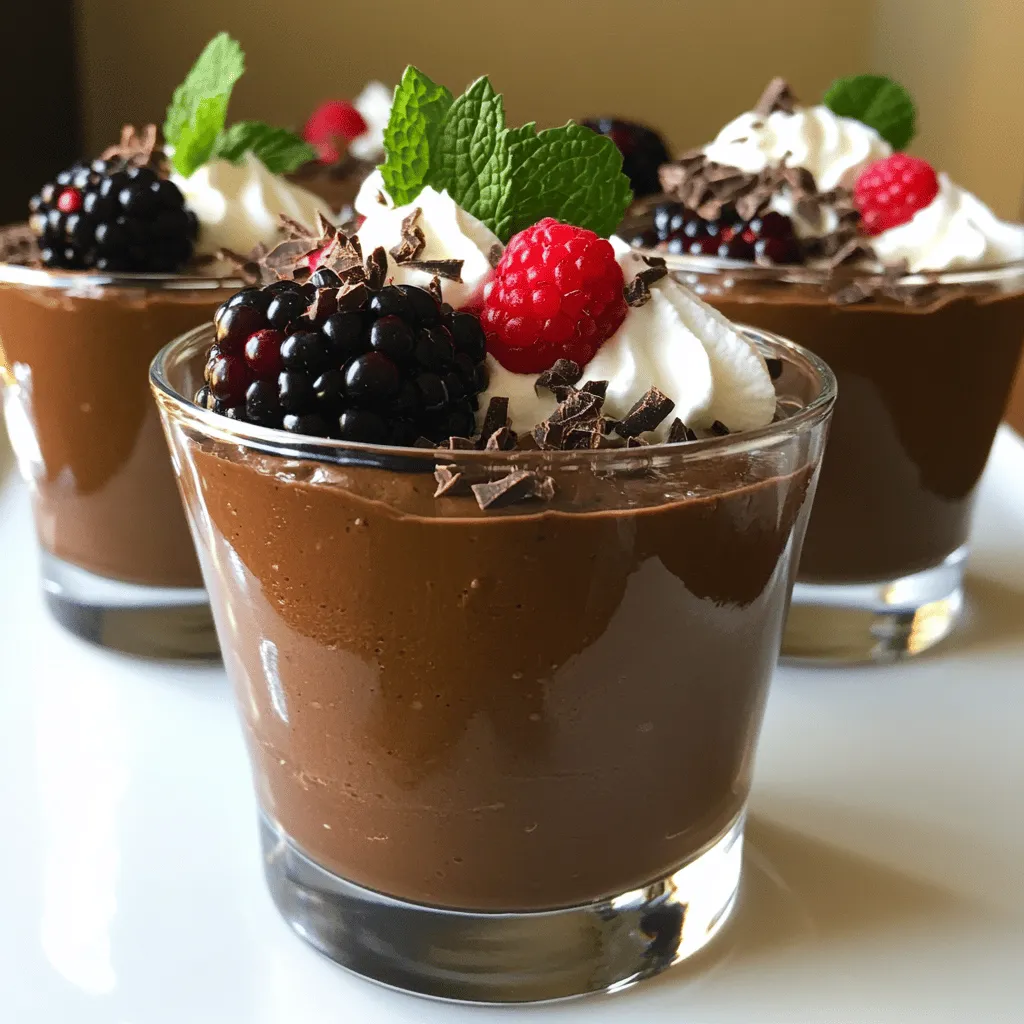 To make a rich and creamy dairy-free chocolate avocado mousse, you need a few key ingredients: - Ripe avocados: Choose avocados that are soft but not brown. They add creaminess. - Unsweetened cocoa powder: This gives the mousse its deep chocolate flavor. Look for high-quality cocoa. - Natural sweeteners: Use maple syrup or agave syrup to taste. They add sweetness without dairy. - Non-dairy milk options: Almond milk works great, but any non-dairy milk will do. This adds moisture. - Optional toppings: Get creative! Coconut whipped cream, dark chocolate shavings, or fresh berries enhance the dish. These ingredients blend together to create a dessert that is both decadent and healthy. I love how simple it is to whip up, and it feels like a treat! You can find the full recipe above to get started. Start by choosing ripe avocados. They should feel soft when you press them. Slice each avocado in half and remove the pit. Use a spoon to scoop the green flesh into your blender. Be careful not to leave any behind. This creamy base is key to our mousse. Next, add the cocoa powder, maple syrup, almond milk, vanilla extract, and a pinch of sea salt. These ingredients work together to create a rich flavor. Blend everything on high speed. Stop to scrape the sides of the blender. This helps mix all the ingredients well. If it feels too thick, add more almond milk. Blend until it’s smooth and creamy. Taste your mousse to check if it's sweet enough. If you want more sweetness, add extra maple syrup. Blend again to combine. Now, it’s time to spoon the mousse into cups. Cover them and place in the fridge for at least 30 minutes. This helps the flavors mix and the mousse set. For an extra touch, add toppings like coconut whipped cream or dark chocolate shavings. You can find the full recipe to guide you through these steps perfectly. To make your mousse even better, try adding a bit of espresso powder. It brings out the chocolate flavor. You can also use different sweeteners. Honey or coconut sugar can add a unique twist. If you want creaminess, use full-fat coconut milk instead of almond milk. This gives a richer texture. Don't forget to adjust the sweetness to your taste. A little pinch of sea salt can really elevate the flavors, too! One common mistake is using hard avocados. Always choose ripe avocados; they blend smoother. Another mistake is not blending enough. Make sure to blend until completely smooth. If the mousse is too thick, don’t hesitate to add more almond milk. Too much cocoa powder can make it bitter, so start with less if you’re unsure. Finally, don’t skip the chilling step. It helps the mousse set properly. Serve the mousse in clear glass cups. This shows off its rich, creamy look. Top with coconut whipped cream for added flair. Fresh berries or dark chocolate shavings also make great toppings. A mint leaf can add a pop of color and freshness. For a fun twist, try serving it with a cookie or fruit on the side. For the full recipe, check the earlier section. {{image_2}} You can make this mousse even more fun by adding flavors. Try mixing in a tablespoon of espresso powder for a coffee twist. A hint of orange zest can brighten it up. You could also add a tablespoon of almond or hazelnut butter for a nutty taste. If you're feeling adventurous, a pinch of cinnamon or chili powder can give it a warm kick. Each addition changes the mousse and keeps it exciting. Maple syrup is a great choice for this mousse, but other sweeteners work too. You can use agave syrup for a lower glycemic option. If you prefer a sugar-free treat, try stevia or monk fruit. Both add sweetness without the extra calories. Just remember, each sweetener has a different strength. Start with a small amount, then taste and adjust as needed. If you need a nut-free version, simply swap almond milk for coconut milk or oat milk. Both choices keep the mousse creamy without nuts. You can also skip toppings that contain nuts. Instead, add fresh fruit or dairy-free chocolate shavings. This way, everyone can enjoy the mousse, no matter their dietary needs. For the full recipe, check out the details above. After you enjoy your mousse, you might have some left. To store it, place the mousse in an airtight container. This keeps it fresh and prevents it from absorbing other smells in the fridge. It will last up to three days. If you want to enjoy it later, make sure to seal the container well. You can freeze the mousse if you have leftovers. Just scoop it into ice cube trays or silicone molds. This way, you can enjoy a small treat later. Cover it with plastic wrap or a lid. When you’re ready to eat, let it thaw in the fridge for a few hours. This keeps the texture nice and creamy. To keep your mousse fresh, avoid exposing it to air. Always use airtight containers. If you plan to serve it later, add toppings right before serving. This keeps them looking great and prevents sogginess. For the best taste, try to eat it within a few days. Enjoy it as a delightful treat anytime! You can use ripe bananas, but the taste will change. Bananas give a sweeter flavor. Avocados create a creamy texture that bananas can't match. If you want a rich mousse, stick with avocados. They blend smoothly and make the mousse thick and luscious. The mousse lasts about three to four days in the fridge. Store it in an airtight container. This keeps the mousse fresh and prevents it from absorbing other flavors. If you notice any browning, just mix it up again. The taste will still be great! Serve the mousse chilled in clear cups. This shows off its rich, dark color. For added flair, top with coconut whipped cream, dark chocolate shavings, or fresh berries. A mint leaf can add a nice touch of color. You can also pair it with a nice cup of coffee! For the full recipe, see above. This blog post covered how to make Dairy-Free Chocolate Avocado Mousse. We talked about the key ingredients like ripe avocados and unsweetened cocoa powder. I shared easy steps for preparation and tips to boost flavor and keep texture smooth. You can explore fun variations and learn how to store leftovers too. In summary, making this mousse is simple and rewarding. Enjoying a tasty treat does not need dairy. You can impress your friends and family with this delicious recipe!