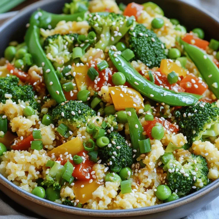 For a tasty cauliflower rice stir-fry, gather these main ingredients: - 1 medium head of cauliflower, grated to make rice - 1 cup broccoli florets - 1 bell pepper, diced (either red or yellow for color) - 1 small carrot, julienned - 1 cup snap peas, trimmed - 2 cloves garlic, minced - 1 tablespoon ginger, minced These ingredients create a colorful and healthy base for your dish. Seasonings add depth and flavor. Use these: - 3 tablespoons soy sauce (or tamari for gluten-free) - 1 tablespoon sesame oil - 1 tablespoon olive oil - Salt and pepper to taste These choices will enhance the taste of your stir-fry. Garnishes make your dish look great. Try these: - 2 green onions, chopped - Sesame seeds for garnish These will add a nice crunch and a pop of color to your meal. For the complete recipe, check out the [Full Recipe]. To start, grab a medium head of cauliflower. Remove the leaves and stem. Cut the cauliflower into quarters. Use a grater or a food processor to turn it into rice-sized pieces. This is your base for the stir-fry. Set it aside while you prepare the other ingredients. Next, heat a large skillet or wok over medium-high heat. Add one tablespoon of olive oil. Once the oil is hot, toss in two cloves of minced garlic and one tablespoon of minced ginger. Cook them for about 30 seconds. You want them to be fragrant but not burnt. Now, add your veggies: one diced bell pepper, one small julienned carrot, one cup of broccoli florets, and one cup of trimmed snap peas. Stir-fry these for about 3 to 5 minutes. You want them tender but still crisp. It’s time to add the cauliflower rice to the skillet. Mix it thoroughly with the vegetables. Cook for an additional 4 to 5 minutes, stirring often. Then, drizzle in three tablespoons of soy sauce and one tablespoon of sesame oil. Toss everything to combine and cook for another 1 to 2 minutes. Before serving, taste your stir-fry. Add salt and pepper to your liking. Finally, mix in two chopped green onions. Transfer your stir-fry to a serving dish. A sprinkle of sesame seeds on top adds a nice touch. For the full recipe, check the earlier section. To make a great stir-fry, keep the heat high. This helps the veggies stay crisp. Cut all your ingredients small and even. This way, they cook at the same time. Start with garlic and ginger for flavor. Add them to the hot oil first. Then, add the veggies in stages. Put in the firmer ones like carrots and broccoli first. Add softer ones like bell peppers and snap peas later. This will keep everything tender but not mushy. You need a large skillet or a wok. A good wok heats fast and evenly. A sturdy spatula is key for tossing. If you have a grater or food processor, use it for the cauliflower. This makes the rice fast and easy. A sharp knife helps with cutting your veggies. Some folks like to use a lid to steam the veggies lightly. This can help keep them vibrant and fresh. Try adding spices to boost taste. A dash of red pepper flakes gives heat. You can add a splash of rice vinegar for tang. Want more umami? A bit of miso paste works wonders. Fresh herbs like cilantro or basil can brighten your dish. Lastly, don’t forget the sesame seeds! They add crunch and flavor. For a full recipe, check out the complete steps to make your stir-fry shine! {{image_2}} You can easily add protein to your stir-fry. Chicken works well here. Just cut it into small pieces and cook it before the vegetables. Tofu is another great choice. Use firm tofu, press it, and cut it into cubes. Cook the tofu until golden brown for added texture. Mix your chosen protein into the stir-fry during the last few minutes of cooking. This stir-fry is perfect for vegetarians and vegans. You can keep it plant-based by skipping any meat. Add chickpeas or edamame for extra protein. These options give you a good protein boost while keeping the dish vibrant and tasty. You can also include more veggies, like zucchini or spinach, to make it even heartier. Feel free to switch ingredients based on your taste. Instead of broccoli, try broccoli rabe or bok choy for a twist. Swap snap peas for green beans or asparagus if you like. You can also change the sauce. Use coconut aminos for a sweeter flavor or add a splash of lime juice for a zing. The choices are endless, so experiment and find your favorite mix! Check the Full Recipe for more ideas. Store leftover cauliflower rice stir-fry in an airtight container. Make sure it is cool before sealing. This helps keep the flavors fresh. Place it in the fridge if you plan to eat it within three days. To reheat, use a skillet over medium heat. Add a splash of water or oil to prevent sticking. Stir frequently for even heating. You can also use the microwave. Cover the dish and heat for 1-2 minutes. Stir halfway for best results. You can freeze cauliflower rice stir-fry for later. Pack it in a freezer-safe bag or container. Remove as much air as possible. It will last up to three months in the freezer. When you're ready to eat, thaw it overnight in the fridge before reheating. Check out the Full Recipe for more details. Cauliflower rice is made by grating cauliflower into small bits. It looks like rice but has fewer carbs. This makes it a great option for low-carb diets. It packs a lot of nutrients, too. You get vitamins C and K, plus fiber. Using cauliflower rice helps add more veggies to your meals. It cooks quickly and soaks up flavors well. Yes, you can prep cauliflower rice ahead of time. Grate the cauliflower and store it in an airtight container. Keep it in the fridge for up to four days. You can also freeze it for longer storage. Just make sure to spread it out on a baking sheet first. Once frozen, transfer it to a freezer bag. This way, you can use it whenever you want. Absolutely! This recipe is perfect for meal prep. You can cook a large batch and divide it into portions. Store the stir-fry in airtight containers in the fridge. It lasts up to four days. You can also freeze it for later. Just reheat it in a pan or microwave when you’re ready to eat. This makes a quick and healthy meal any day of the week. For the full recipe, check out the section above. Cauliflower rice stir-fry is easy and fun to make. We covered how to choose main ingredients, add flavors, and enjoy creative variations. Remember, cooking well means a great technique and the right tools. You can store leftovers or even freeze them for later. Experiment with proteins and veggies to suit your taste. This recipe can satisfy many dietary needs while being tasty. Embrace the world of cauliflower rice, and enjoy your cooking journey!