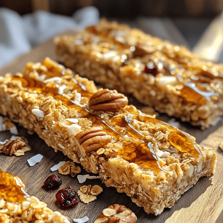 To make delicious Maple Pecan Granola Bars, you need these key ingredients: - 2 cups rolled oats - 1 cup pecans, chopped - 1/2 cup almond butter (or any nut butter of your choice) - 1/2 cup maple syrup - 1/2 cup honey (or agave syrup for a vegan option) - 1/4 cup unsweetened shredded coconut - 1/2 teaspoon vanilla extract - 1/4 teaspoon sea salt - Optional: 1/2 cup dried cranberries or chocolate chips If you have dietary needs, you can swap some ingredients. For nut butter, try sunflower seed butter if you have nut allergies. You can also use peanut butter or cashew butter. For sweeteners, use agave syrup instead of honey for a vegan option. You can also use brown rice syrup or date syrup if you prefer. Maple syrup is more than just sweet. It has antioxidants that help fight inflammation. It also contains minerals like manganese and zinc, which are good for your health. Pecans are full of healthy fats and protein. They help keep you full and satisfied. Pecans also have fiber, which is great for digestion. Together, these ingredients make a tasty and nutritious snack. Start by preheating your oven to 350°F (175°C). This step is key to getting those delicious, crunchy edges. Next, take an 8x8 inch baking dish and line it with parchment paper. This makes it super easy to lift out your bars once they are baked. In a large mixing bowl, combine the following ingredients: - 2 cups rolled oats - 1 cup pecans, chopped - 1/4 cup unsweetened shredded coconut - 1/4 teaspoon sea salt Mix these dry ingredients together until they are evenly combined. This ensures that each bite of your granola bar is packed with flavor. In another bowl, whisk together these ingredients: - 1/2 cup almond butter - 1/2 cup maple syrup - 1/2 cup honey - 1/2 teaspoon vanilla extract Make sure the mixture is smooth. This mix will help bind all your dry ingredients together, creating a tasty, chewy texture in every bar. Now, pour the wet mixture over the dry ingredients. Stir until everything is well coated. If you want, add in 1/2 cup of dried cranberries or chocolate chips for extra flavor. Transfer your mixture into the prepared baking dish. Press it down firmly with a spatula or your hands. This helps the bars hold their shape. Bake in your preheated oven for 20-25 minutes. Look for golden brown edges as your sign that they are ready. Once done, take them out and let them cool in the pan for 10 minutes. Lift the bars out using the parchment paper and move them to a cutting board. Allow the granola bars to cool completely before slicing into pieces. You can store these tasty snacks in an airtight container for up to a week. For the complete process, check out the Full Recipe. To get the right texture in your maple pecan granola bars, focus on the baking time. Bake them until the edges turn golden brown. For chewy bars, press the mixture less firmly in the pan. If you want them crunchy, pack the mixture tightly. Cooling is also key. Let the bars cool completely before cutting. This helps them set well and keeps them from crumbling. After cooling, it’s time to cut your bars. Use a sharp knife to slice them evenly. Start by cutting down the center, then cut each half into smaller bars. To avoid sticking, run the knife under warm water before each cut. This method keeps your bars looking neat and tidy. Want to mix things up? Try adding spices! A teaspoon of cinnamon can add warmth and depth. You can also consider mixing in some dried fruits or seeds. Dried cranberries add tartness, while chocolate chips bring sweetness. Just be sure to keep the total mix-ins to about a cup so the bars hold together well. For a special twist, add a pinch of nutmeg or ginger. For the full recipe, check out the complete guide. {{image_2}} You can swap pecans for other nuts. Almonds, walnuts, or cashews work great. Each nut brings its unique flavor. If you like a mix, try combining different nuts. This adds texture and taste to your bars. Just make sure to chop them well for even mixing. Want to spice things up? Add a pinch of cinnamon for warmth. You can also try coconut extract for a tropical twist. If you love chocolate, mix in dark chocolate chips. Dried fruits like apricots or raisins can also enhance the flavor. Each addition personalizes your granola bars. For a vegan version, you can replace honey with agave syrup. This keeps the sweetness without animal products. Use certified gluten-free oats if you need a gluten-free option. This way, everyone can enjoy these tasty bars. You can also use nut butters that are free from gluten. Check labels for any hidden gluten sources. To keep your Maple Pecan Granola Bars fresh, store them in an airtight container. Place a sheet of wax paper between layers to prevent sticking. Keep the container in a cool, dry area. This method helps maintain their flavor and texture. At room temperature, these bars last about a week. If you refrigerate them, they can stay fresh for up to two weeks. The cool air helps preserve their crunchiness while keeping them tasty. For longer storage, freezing is a great option. First, cut the bars into pieces. Wrap each piece in plastic wrap tightly. Then, place the wrapped bars in a freezer-safe bag. They can stay frozen for up to three months. When you want to enjoy them, take out a bar and let it thaw at room temperature. This way, you always have a healthy snack ready to go! For the full recipe, check the instructions above. Homemade granola bars stay fresh for about a week. Store them in an airtight container. If you want to keep them longer, you can freeze them. They freeze well for up to three months. Just thaw them in the fridge before eating. Yes, you can replace maple syrup. Honey works great as a substitute. You can also use agave syrup for a vegan option. Just keep in mind that each syrup has a different sweetness level. Adjust the amount to your taste. Yes, these granola bars are healthy! They are full of whole grains and nuts. Rolled oats provide fiber, which helps digestion. Pecans add healthy fats and protein. Almond butter brings in more nutrients, too. This snack can fuel your day with energy. For more details, check the Full Recipe for the nutrition breakdown. In this blog post, we explored how to make tasty Maple Pecan Granola Bars. You learned about all the key ingredients and their healthy benefits. We offered swaps for dietary needs and shared tips for texture and flavor. You now know how to store these bars for freshness too. I hope this recipe inspires you to create your own delicious bars at home. Enjoy making them!