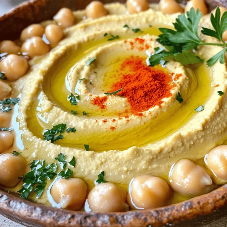To make the best classic hummus, gather these key items: - 1 can (15 oz) chickpeas, drained and rinsed - 1/4 cup tahini - 1/4 cup fresh lemon juice - 2 tablespoons olive oil - 1 garlic clove, minced - 1/2 teaspoon ground cumin - Salt to taste - Water, as needed for consistency These ingredients create a smooth and tasty hummus. Each part plays a role. The chickpeas give the base, while tahini adds creaminess. Fresh lemon juice gives it a bright taste. Adding garnishes can make your hummus look and taste even better. Here are some great options: - Paprika - Fresh parsley - A drizzle of olive oil - Toasted pine nuts These extras can bring your dish to life. They also add color and flavor. Use what you enjoy! Using fresh and high-quality ingredients is key. Choose canned chickpeas that are firm and not mushy. Look for tahini made from pure sesame seeds. Fresh lemon juice is better than bottled. Always pick ripe garlic for the best flavor. These small choices make a big difference in your final dish. For the full recipe, follow the instructions and enjoy creating your classic hummus! To start, gather your ingredients. You need one can of chickpeas, tahini, lemon juice, olive oil, garlic, cumin, and salt. Drain and rinse the chickpeas. This keeps the hummus smooth. Add the chickpeas and tahini to your food processor. Pulse them together for about 30 seconds. This creates a nice base. Next, add the fresh lemon juice, minced garlic, and olive oil. Sprinkle in the ground cumin. Run the food processor for one minute. This blends everything well. After that, scrape down the sides of the bowl. Taste the mixture and add salt. If it’s too thick, add cold water. Use a tablespoon at a time. Keep blending until it’s creamy. Once smooth, scoop the hummus into a bowl. Drizzle some olive oil on top. Sprinkle paprika and fresh parsley for color. Serve it with fresh veggies or pita bread. You can also enjoy it with chips. This hummus pairs well with many snacks. For the full recipe, check out the Classic Hummus Delight section. To get that perfect creamy hummus, focus on your chickpeas. If you use canned chickpeas, rinse them well. For a richer texture, peel the chickpeas. It’s a bit more work, but it pays off. When blending, add cold water slowly. Start with one tablespoon at a time. Blend until smooth, and don’t rush this step. Your patience will lead to the best result. Hummus is great as is, but you can make it even better. Add a bit of lemon zest for brightness. You can also mix in roasted garlic for a sweet flavor. If you like heat, try adding cayenne pepper or chili flakes. Experiment with herbs like parsley or cilantro for a fresh twist. Taste as you go to find your perfect balance. One common mistake is not blending long enough. Hummus should be smooth, not gritty. Another mistake is using too much water at once. This can make it runny. Be careful with salt; too much can overpower the taste. Finally, don’t skip the garnish. A drizzle of olive oil and a sprinkle of paprika makes your hummus look and taste great. Follow these tips for a flawless batch every time. {{image_2}} Roasted garlic adds a sweet flavor to hummus. To make this, roast one head of garlic. Wrap it in foil and bake at 400°F (200°C) for about 30 minutes. When it cools, squeeze the soft garlic into your classic hummus mix. Blend it well. This version has a rich and mellow taste. If you like heat, try spicy hummus. Start with your classic recipe. Add one roasted red pepper for a smoky kick. You can roast the pepper yourself or buy it jarred. Blend it in until smooth. You can also add a pinch of cayenne pepper for extra spice. This hummus works great as a dip or spread. Herbs can brighten up hummus. You can add fresh herbs like basil, cilantro, or parsley. Start with a small handful. Blend them into the mix for a fresh taste. You can also use dried herbs. Try adding one teaspoon of dried oregano or thyme. This gives your hummus a new twist. Experiment with these ideas to find your favorite flavor. Each variation keeps the base recipe but adds a fun twist. For the full recipe, check out the Classic Hummus Delight section. To keep your classic hummus fresh, always store it in an airtight container. This helps prevent it from drying out. If you make a big batch, divide it into smaller portions. That way, you can enjoy it without opening the whole container each time. If you add any toppings, store them separately. This keeps your hummus smooth and creamy. Fresh hummus can last about 5 to 7 days in the fridge. Always check for any signs of spoilage, like off smells or mold. If you notice any changes, it’s best to throw it away. The taste might change after a few days, but it should still be safe to eat if stored right. You can freeze hummus for up to 3 months. To freeze it, place the hummus in a freezer-safe container. Leave some space at the top for expansion. You can also use ice cube trays for small portions. Just scoop the hummus into them and freeze. Once frozen, pop them out and store in a bag. When you're ready to eat, thaw in the fridge overnight. This method keeps your hummus tasting great! Yes, you can use dried chickpeas. Soak them overnight in water. This softens them. After soaking, boil the chickpeas until tender. This process takes about one to two hours. Canned chickpeas are quick and easy, but dried ones can taste fresher. If you use dried chickpeas, remember to add some salt while cooking. To lower the fat in hummus, cut back on tahini and olive oil. You can replace tahini with more chickpeas instead. Add extra lemon juice for flavor. You can also try using low-fat yogurt. This gives creaminess without adding much fat. Always adjust salt and spices for taste. Hummus pairs well with many foods. You can serve it with fresh veggies like carrots, cucumbers, and bell peppers. Pita bread and pita chips work great too. Try using it as a spread in sandwiches or wraps. You can also add it to a salad for extra flavor. For more ideas, check the Full Recipe. In this post, I covered key ingredients for hummus, from basics to garnishes. I shared steps to blend the right texture and suggested ways to serve it. Tips on creating that perfect creamy consistency and avoiding common mistakes are also included. You can even explore fun variations and smart storage tips to keep your hummus fresh. Embrace these ideas and have fun making hummus your way!