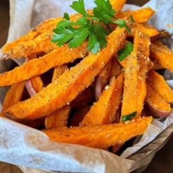 - 2 large sweet potatoes - 2 tablespoons olive oil - 1 teaspoon garlic powder - 1 teaspoon smoked paprika - ½ teaspoon cayenne pepper (optional) - Salt and pepper to taste - Fresh parsley for garnish Each serving of baked sweet potato fries has around 150 calories. They contain about 5 grams of fat, 30 grams of carbs, and 2 grams of protein. Sweet potatoes are great for your health. They are high in fiber, vitamins, and minerals. They can help with digestion and support your immune system. The bright orange color shows they are rich in beta-carotene, which is good for your eyes. Plus, they offer a tasty way to enjoy a healthy snack! First, wash the sweet potatoes under cool water. This removes dirt and makes them clean. Next, peel the skin off with a vegetable peeler. You want to get rid of the tough skin. After peeling, cut the sweet potatoes into thin fries. Aim for uniform size so they cook evenly. If they are all about the same width, they will bake perfectly. Now, take a large bowl and toss the sweet potato fries with olive oil. You want every fry to have a nice coat of oil. This helps them get crispy. Next, add garlic powder, smoked paprika, and optional cayenne pepper for heat. Sprinkle in salt and pepper to taste. Toss the fries again until they are fully coated in the spices. The flavor will be amazing! Preheat your oven to 425°F (220°C). This is the perfect temperature for crispiness. Line a baking sheet with parchment paper. Spread the fries in a single layer on the baking sheet. Make sure none of them overlap. This helps them get that great crunch. Bake for 25-30 minutes, flipping halfway through. Keep an eye on them. They should turn golden brown and crispy. When they are done, take them out and let them cool for a bit. Enjoy these tasty fries as a snack or side dish! To get crispy baked sweet potato fries, spacing is key. Place each fry apart on the baking sheet. This allows hot air to circulate around them. If they touch, they will steam instead of crisp. Another trick is to bake at a high temperature. Set your oven to 425°F (220°C). This heat helps them turn golden and crunchy. Flipping the fries halfway through baking also aids even browning. Use a spatula to flip them gently. A common mistake is overcrowding the baking sheet. If you pile up fries, they won't crisp up. They need space to cook well. Spread them out in a single layer for the best results. Another issue is not preheating the oven. Always preheat before baking. This ensures the fries start cooking at the right temperature. If the oven isn't hot, they may turn out soggy, not crispy. {{image_2}} You can change the flavor of your sweet potato fries with a few twists. Add chili powder for a spicy kick. You can also sprinkle cinnamon for a sweet twist. If you want to change the oil, try coconut oil for a tropical vibe. Avocado oil gives a rich flavor that pairs well with the sweet potatoes. These fries are tasty on their own, but you can make them even better. Serve them with dipping sauces like garlic aioli or spicy ketchup. They also work great in salads or bowls. Toss some fries on top of greens, beans, and your choice of protein for a filling meal. For the full recipe, check out the details above. To keep baked sweet potato fries fresh, store them in an airtight container. This prevents moisture from making them soggy. You can use glass containers or plastic ones with tight lids. Make sure to let the fries cool before sealing. They last for about three days in the fridge. If you want to keep them longer, consider freezing them. To reheat your fries, the oven is the best choice. Preheat it to 400°F (200°C). Spread the fries on a baking sheet and bake for about 10 minutes. This keeps them crispy. If you're short on time, you can use the microwave, but it may make them soft. If you choose the microwave, heat them for 30 seconds at a time until warm. For the best taste, stick to the oven. Enjoy your crispy fries again! To make sweet potato fries crispy, start with the right cut. Thin fries cook better and crisp up nicely. Toss them well in olive oil. This adds flavor and helps them brown. Use a hot oven, set to 425°F (220°C). Bake the fries in a single layer. This lets air circulate and keeps them from steaming. Flip them halfway for even cooking. Yes, you can freeze baked sweet potato fries. Cool them completely after cooking. Spread them on a baking sheet in a single layer. Freeze them for about an hour. Once frozen, transfer fries to a freezer bag. Remove as much air as possible. When ready to eat, bake them straight from the freezer. This keeps them crispy. Baked sweet potato fries go well with many dishes. Try them with grilled chicken or fish. They also pair nicely with burgers. For a fun twist, serve them with a salad. Dipping sauces are a great option too. Homemade garlic aioli or spicy ketchup add flavor and fun. For the full recipe, you will need: - 2 large sweet potatoes - 2 tablespoons olive oil - 1 teaspoon garlic powder - 1 teaspoon smoked paprika - ½ teaspoon cayenne pepper (optional) - Salt and pepper to taste - Fresh parsley for garnish Follow the steps to create crispy, flavorful fries perfect for snacking or serving alongside your favorite meals. You can make tasty baked sweet potato fries with just a few simple steps. Start with fresh ingredients, like sweet potatoes and olive oil, along with your favorite spices. Remember to space out your fries for the best crispiness. Avoid common mistakes like not preheating your oven. You can even get creative with flavors and pair them with different dishes. Store any leftovers properly to keep them crunchy. Enjoy experimenting with this easy recipe, and make your meals both healthy and fun!