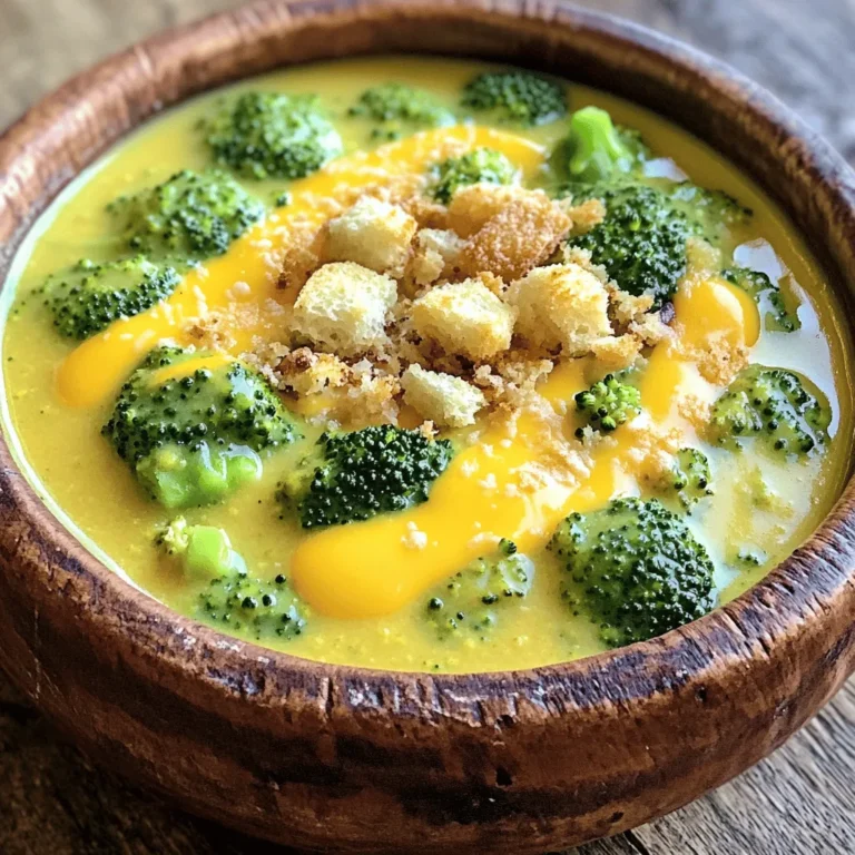 - 2 cups fresh broccoli florets - 1 medium onion, chopped - 2 cloves garlic, minced - 3 cups vegetable broth - 2 cups shredded sharp cheddar cheese - 1 cup heavy cream - 2 tablespoons olive oil - 1 teaspoon salt - 1/2 teaspoon black pepper - 1/2 teaspoon smoked paprika - 1/4 teaspoon nutmeg (optional) - Croutons for garnish For this creamy and comforting Cheddar Broccoli Soup, fresh ingredients matter. I love using vibrant, fresh broccoli florets as they give the soup a bright green color. A medium onion adds depth. Garlic brings a lovely aroma. The vegetable broth gives a rich base. Sharp cheddar cheese creates that delicious cheesy flavor. Heavy cream adds creaminess. Olive oil helps sauté the onion and garlic, enhancing the taste. The salt, black pepper, smoked paprika, and nutmeg round out the flavors. Finally, croutons add a nice crunch when serving. - Large pot - Immersion blender (or countertop blender) - Cutting board and knife Using the right tools makes cooking easier. A large pot is perfect for cooking all your ingredients together. An immersion blender helps blend the soup right in the pot. If you don’t have one, a countertop blender works too. A cutting board and knife are essential for chopping your veggies and garlic. These tools help you make cooking fun and simple. - Heat 2 tablespoons of olive oil in a large pot over medium heat. - Chop 1 medium onion and add it to the pot. - Cook the onion for about 5 minutes until it becomes soft and clear. - Mince 2 cloves of garlic and add them. - Cook for another minute until the garlic smells great. - Pour in 3 cups of vegetable broth. Bring the soup to a gentle simmer. - Add 2 cups of fresh broccoli florets to the pot. - Season with 1 teaspoon of salt, 1/2 teaspoon of black pepper, and 1/2 teaspoon of smoked paprika. - Optional: Add 1/4 teaspoon of nutmeg for extra flavor. - Let the soup cook for about 10-15 minutes, or until the broccoli is soft. - Use an immersion blender to blend the soup until it is smooth. - If you don't have one, carefully transfer the soup to a regular blender in batches. - Return the smooth soup to the pot. - Stir in 1 cup of heavy cream and gradually add 2 cups of shredded sharp cheddar cheese. - Mix until the cheese melts and the soup is creamy. - Taste the soup and adjust the seasoning if needed. For the full instructions, refer to the [Full Recipe]. - Ensure broccoli is tender before blending. This step makes the soup smooth and creamy. If your broccoli is not tender, you may have a chunky soup. Cook it longer if needed. - Adjust seasoning to taste. Everyone loves different flavors. Taste your soup before serving and add more salt or pepper if it needs a kick. - Best served hot with croutons. The croutons add a fun crunch and hold up well in the soup. - Pair with crusty bread or a salad. This combo makes a complete meal and adds freshness to your dish. Enjoy your Cheddar Broccoli Soup with these simple sides for a warm, comforting experience. For a detailed guide, check the Full Recipe. {{image_2}} You can make small changes to give your soup a fresh twist. First, you can swap vegetable broth for chicken broth. This change adds a deeper flavor and makes the soup richer. Try it if you like a heartier taste. Another fun swap is to use different types of cheese. You might try gouda or pepper jack cheese. Each choice brings unique flavors. Mixing cheeses can make your soup even more interesting. If you need a dairy-free option, you can easily modify the recipe. Use plant-based cream and cheese instead of dairy. This switch keeps the soup creamy and tasty without the dairy. Want to add some protein? You can include shredded chicken or beans. Both options make the soup more filling and nutritious. Plus, they add great texture. Enjoy experimenting with these fun variations! To keep your Cheddar Broccoli Soup fresh, store leftovers in an airtight container. Once cooled, seal the soup tightly. It can last in the fridge for about three to four days. If you want to keep it longer, consider freezing it. When it’s time to enjoy your soup again, reheat it gently. You can do this on the stove over low heat or in the microwave. If using the microwave, heat it in short bursts. Stir in between to make sure it heats evenly. This will help keep the creamy texture intact and make sure that every bite is delicious. Can I freeze Cheddar Broccoli Soup? Yes, you can freeze cheddar broccoli soup. Let it cool first. Pour it into airtight containers. This soup keeps well for up to three months. When you're ready to eat, thaw it in the fridge overnight. Reheat on the stove or microwave until warm. How to make this soup gluten-free? To make this soup gluten-free, use gluten-free vegetable broth. Check your cheese label too. Some cheeses may have gluten. All other ingredients in this recipe are naturally gluten-free, making it easy to adapt. What can I use instead of broccoli? If you don’t have broccoli, you can use cauliflower. It blends well and gives a nice texture. Spinach is another great option. Just add it near the end of cooking to keep it bright and fresh. Caloric content and serving size details One serving of cheddar broccoli soup contains about 350 calories. This depends on how much cheese and cream you use. Each recipe makes four servings, so it’s perfect for a family meal. Additional health benefits of ingredients Broccoli is packed with vitamins C and K. It supports your immune system and helps with bone health. Cheddar cheese offers calcium and protein. Olive oil adds healthy fats. Together, they create a tasty dish that is good for you. This blog post covered how to make a rich Cheddar Broccoli Soup. You saw the key ingredients like fresh broccoli, cheddar cheese, and garlic. I shared simple steps to prepare, cook, and blend the soup. Tips on serving and storing also helped enhance your dish. Remember, you can modify ingredients for different diets. Enjoy experimenting with flavors. Your soup will warm hearts and bellies alike. Each bowl is a step toward comfort and happiness. Happy cooking!