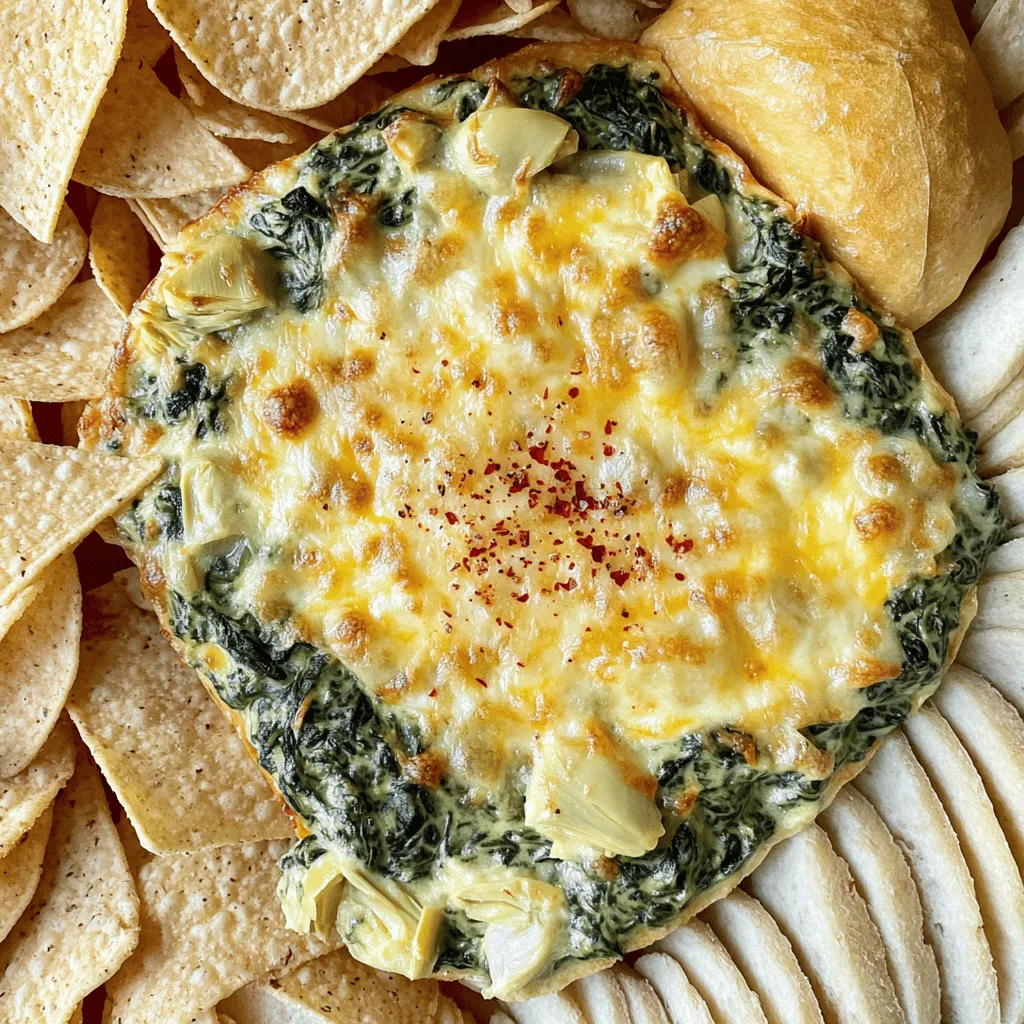 - 1 cup frozen spinach, thawed and drained - 1 cup canned artichoke hearts, drained and chopped - 1 cup cream cheese, softened - ½ cup sour cream - ½ cup mayonnaise - 1 cup shredded mozzarella cheese - ½ cup grated Parmesan cheese - 2 cloves garlic, minced - 1 teaspoon garlic powder - Salt and pepper to taste - ½ teaspoon red pepper flakes (optional) For cream cheese, you can use Greek yogurt or cashew cream. These will give you a nice creamy texture. If you want to swap out sour cream, try using plain yogurt or silken tofu. Both options work well and keep it smooth. For a vegan dip, use vegan cream cheese and yogurt. You can easily make this dip fit your needs! I love using these substitutions to keep my dip tasty for everyone. You can still enjoy the rich flavors without missing out. Don't forget to check the [Full Recipe] for all the details! First, you need to preheat your oven to 375°F (190°C). This step is key for a nice bake. While the oven heats up, grab a baking dish. A 9-inch dish works best. Grease it lightly with oil or butter to prevent sticking. It helps the dip come out easily. In a large mixing bowl, combine the cream cheese, sour cream, and mayonnaise. Use a hand mixer or a spatula to mix until smooth and creamy. This is where the magic starts. Next, add the chopped artichoke hearts and the spinach. Make sure it’s well-drained to avoid a watery dip. Then, toss in the minced garlic, shredded mozzarella, and grated Parmesan. These cheeses add a rich flavor. Finally, season the mixture with garlic powder, salt, pepper, and red pepper flakes if you want some heat. Stir everything until well mixed. Now, it's time to transfer your mixture into the prepared baking dish. Spread it out evenly with a spatula. Place the dish in your oven and bake for 25 to 30 minutes. Watch for the top to turn golden brown and bubbly. This means your dip is ready. Once done, take it out of the oven and let it cool for a few minutes. This gives the dip time to set and makes it safer to eat. Enjoy your Easy Spinach Artichoke Dip with chips or veggies! For the complete instructions, check the Full Recipe. To make your spinach artichoke dip truly creamy, start with softened cream cheese. This helps mix easily and gives a smooth texture. Use a hand mixer or a sturdy spoon to blend your ingredients well. When measuring, be precise. Too much or too little can change the dip's taste. Use dry measuring cups for solids and liquid measuring cups for liquids to ensure accuracy. This dip shines when served warm. Pair it with tortilla chips, sliced baguette, or fresh veggies. Arrange the chips around the dip for a nice look. You can also serve it in a bread bowl. This adds flair and gives your guests an extra treat. Want to boost the taste? Add spices like cumin or smoked paprika. Fresh herbs like parsley or basil can add brightness too. For some heat, sprinkle in red pepper flakes. Start with a little and taste as you go. This way, you control the spice level and keep your dip enjoyable for everyone. {{image_2}} You can add fun flavors to your spinach artichoke dip. One great option is to mix in a variety of cheeses. The creaminess from the mozzarella and the punch from Parmesan makes a perfect match. You might also want to try adding sun-dried tomatoes for a burst of tangy flavor. If you like a bit of spice, jalapeños can add some heat. Just chop them up and stir them in! If you need gluten-free options, most ingredients work well! Just make sure your mayonnaise and other products are labeled gluten-free. For those who want a dairy-free or vegan dip, you can swap cream cheese with cashew cream or a store-bought vegan cream cheese. Use plant-based sour cream and vegan cheese too. The flavors stay rich and tasty! You can serve this dip in many fun ways. For a cold dip, mix all the ingredients, chill it, and serve with chips. It’s fresh and bright! Another tasty idea is to use a bread bowl. Hollow out a loaf of bread, fill it with the dip, and bake it. The bread absorbs the flavors, making every bite special! After you enjoy this dip, store any leftovers in an airtight container. This keeps it fresh. You can put it in the fridge right away. It will last for about 3 to 5 days. Make sure it cools down before sealing it. If you plan to keep it longer, consider freezing it. When you're ready to eat the dip again, reheating is key. The best method is to use an oven or toaster oven. Preheat to 350°F (175°C). Place the dip in an oven-safe dish. Heat it for about 15 minutes, or until warm. This method keeps the dip creamy and tasty. You can also microwave it, but be careful. Heat it in short bursts, stirring in between. This helps keep the texture nice. Yes, you can freeze spinach artichoke dip! Just place it in a freezer-safe container. It can last for about 2 months in the freezer. When you want to eat it, thaw it overnight in the fridge. After thawing, reheat using the oven or microwave as mentioned before. This way, you maintain its great flavor and texture. For the best results, do not refreeze it after reheating. Enjoy your dip anytime! Yes, you can make this dip ahead of time. Here are some key points: - Prepare the dip and place it in a baking dish. - Cover it tightly with plastic wrap or foil. - Store it in the fridge for up to 24 hours. - When ready to bake, remove the cover and bake as directed. To check if your dip is done, look for these signs: - The top should be golden brown and bubbly. - You can also insert a fork in the center. - If it’s hot all the way through, it’s ready! Yes, fresh spinach is a great option! Here are some tips: - Use about 2 cups of fresh spinach for this recipe. - Rinse and chop the spinach before cooking. - Sauté it in a pan until wilted, then drain excess water. You can easily spice up your dip with these options: - Add more red pepper flakes to the mix. - Stir in some diced jalapeños for extra heat. - Consider using spicy cheeses or hot sauce for flavor. For the complete recipe, check out the Full Recipe link. This blog post covered ingredients, instructions, and tips for making Easy Spinach Artichoke Dip. You learned about what to use and how to mix and bake the dip. I shared ways to change up the recipe based on your taste and diet. Remember, this dip is fun and easy to make. Enjoy it with chips, veggies, or bread. Whether you are hosting a party or having a snack, this dip will impress everyone. Now, get cooking and share this tasty treat with friends!