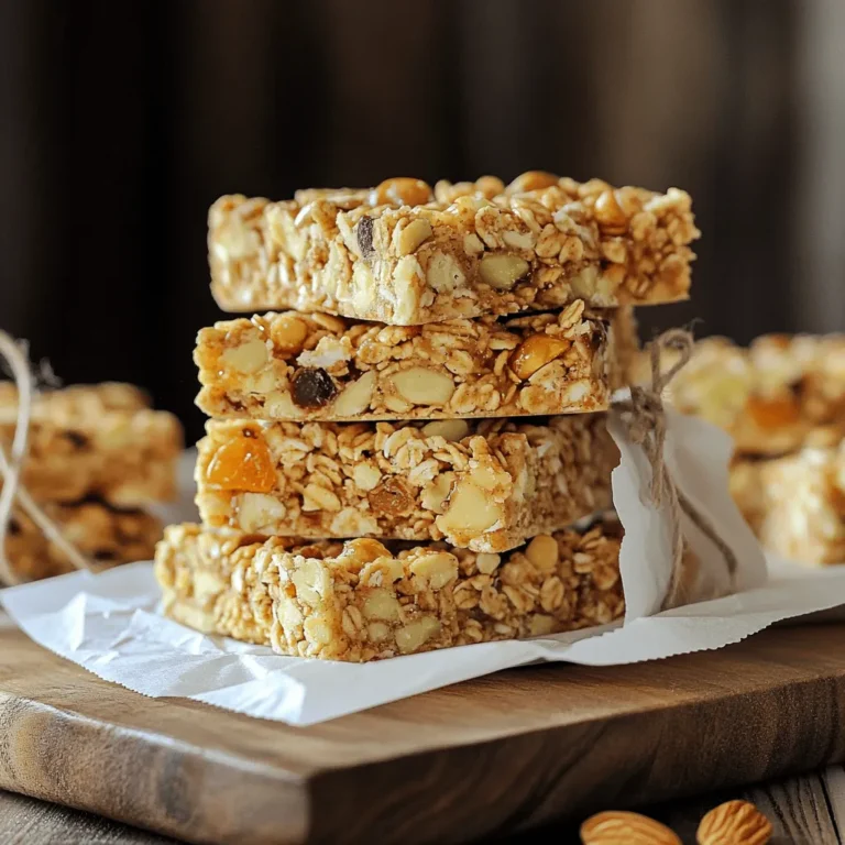 For my homemade granola bars, I use simple and healthy ingredients. Here’s what you need: - 2 cups rolled oats - 1 cup mixed nuts (almonds, walnuts, pecans), roughly chopped - 1/2 cup honey or maple syrup - 1/4 cup peanut butter or almond butter - 1/2 cup dried fruit (cranberries, raisins, apricots), chopped - 1/4 cup mini chocolate chips (optional) - 1 teaspoon vanilla extract - 1/2 teaspoon cinnamon - 1/4 teaspoon salt These ingredients work together to create a tasty and chewy treat. The oats form the base. They give a hearty texture. The nuts add crunch and healthy fats. Honey or maple syrup provides sweetness and helps bind everything. Peanut butter or almond butter adds creaminess and flavor. Dried fruits offer natural sweetness and chewy bits. Chocolate chips are a fun touch, but you can skip them if you prefer. You can swap ingredients based on your taste or what you have at home. Here are some ideas: - Nuts: Use sunflower seeds or pumpkin seeds for a nut-free option. - Sweeteners: Agave syrup or brown rice syrup can replace honey or maple syrup. - Nut Butters: Sunflower butter can work if you need a nut-free bar. - Dried Fruits: Try coconut flakes, or fresh fruits for a different flavor. - Chocolate Chips: Use dark chocolate or yogurt-covered raisins instead. These swaps keep your granola bars interesting. You can customize them to match your cravings or dietary needs. Each ingredient in my granola bars adds nutrition. Here’s a quick look: - Rolled Oats: Great source of fiber. They help with digestion and keep you full. - Mixed Nuts: Packed with protein, healthy fats, and vitamins. They support heart health. - Honey or Maple Syrup: Natural sugars for quick energy. They also have antioxidants. - Nut Butter: Provides protein and essential fats. It helps with muscle health. - Dried Fruit: Adds vitamins and minerals. It also gives a sweet taste. - Chocolate Chips (optional): Offers a fun flavor. Dark chocolate can have health benefits too. - Vanilla Extract: Provides flavor without added sugar. - Cinnamon: May help lower blood sugar and adds warmth to the taste. - Salt: Enhances flavor and balances sweetness. Each bite of your granola bar supports your health and satisfies your cravings. Enjoy making your own delicious and healthy snack! Start by preheating your oven to 350°F (175°C). Next, take an 8x8 inch baking dish. Line it with parchment paper. Leave some paper hanging over the sides. This makes it easy to lift out the bars later. Grab a large mixing bowl. In it, combine 2 cups of rolled oats and 1 cup of chopped nuts. You can use almonds, walnuts, or pecans. Add 1/2 cup of chopped dried fruit, like cranberries or apricots. If you like chocolate, toss in 1/4 cup of mini chocolate chips. Sprinkle in 1/2 teaspoon of cinnamon and 1/4 teaspoon of salt. Mix all these dry ingredients well. Make sure they are evenly spread. Now, take a small saucepan and set it on low heat. Add 1/2 cup of honey or maple syrup and 1/4 cup of peanut butter. Stir until this mixture melts and becomes smooth. Remove it from the heat and mix in 1 teaspoon of vanilla extract. Pour this warm mixture over your dry ingredients. Stir until everything is well coated. Next, transfer this mixture into your prepared baking dish. Press it down firmly with a spatula or your hands. Make sure it is even. Bake for 20-25 minutes until the edges turn golden brown. Once baked, let it cool completely in the pan. After cooling, lift the bars out using the parchment paper. Cut them into squares or rectangles. Store these bars in an airtight container. They stay fresh for a week at room temperature or longer in the fridge. For the full recipe, refer back to the beginning. To get that great texture in your granola bars, you need the right balance. Use rolled oats for chewiness. They hold together better than quick oats. Mix in enough nut butter to bind everything. Honey or maple syrup acts as glue too. Press the mixture firmly into the pan. This helps the bars stay together. Don’t skip the baking time; it adds a nice crunch on the edges. Add-ins can make your granola bars unique. Think about mixing in seeds, like pumpkin or sunflower. Dried fruits, such as cranberries or apricots, add sweetness. You can also include chocolate chips for a treat. Try spices like cinnamon or nutmeg for extra warmth. Each add-in brings its own taste and texture. Mix and match to find your favorite blend! Watch out for over-mixing your ingredients. It can make the bars too dense. Also, don’t skip lining your baking dish. This makes it easy to lift the bars out. Use enough sweetener; too little can lead to crumbly bars. Lastly, be careful not to bake them too long. Overbaking can result in hard bars. Follow these tips, and you’ll have perfect homemade granola bars every time! {{image_2}} If you want to make nut-free granola bars, use seeds instead of nuts. Sunflower seeds or pumpkin seeds work great. These seeds add crunch and nutrition. You can also use more dried fruit for flavor. Try adding coconut flakes for extra texture. Mix and match flavors to make your bars unique. For a fruity twist, use dried mango or banana chips. If you love chocolate, swap in dark chocolate chunks. You can also add spices like ginger or nutmeg for warmth. Think about mixing in some peanut butter or almond butter for creaminess. You can easily adjust this recipe to fit your diet. For gluten-free bars, use certified gluten-free oats. If you need a vegan option, replace honey with maple syrup. You can also use agave syrup. For lower sugar, reduce the sweetener or use unsweetened apple sauce. This way, you can enjoy a treat that fits your needs. For the full recipe, check out the Chewy Nutty Granola Bars. To keep your granola bars fresh, store them in an airtight container. This will help prevent them from getting stale. Place a piece of parchment paper between layers of bars. This will stop them from sticking together. You can keep them at room temperature for up to a week. If you want them to last longer, put them in the fridge. Just remember, cold bars can be a bit hard, so let them sit at room temp for a few minutes before enjoying. If you want to save granola bars for a long time, freezing is a great option. Wrap each bar in plastic wrap or foil. Then, place them in a freezer-safe bag. Label the bag with the date. You can freeze them for up to three months. When you want to eat one, just take it out and let it thaw on the counter. This keeps your snacks at hand whenever you need a quick bite. If your granola bars lose their crunch, don’t toss them! You can quickly revive stale bars in the oven. Preheat the oven to 300°F (150°C). Place the bars on a baking sheet. Heat them for about 5-10 minutes. This will help them crisp up again. If you like, you can add a little honey or syrup to freshen the flavor. Enjoy your bars fresh and tasty again! To make granola bars chewy, use more sticky ingredients. Honey or maple syrup helps. Adding nut butters also adds moisture. Press the mixture firmly into the pan for a dense texture. Baking at a lower temperature for a shorter time keeps them soft. I recommend baking for 20-25 minutes until just golden. This way, your bars will stay chewy and delicious. Yes, you can use rolled oats instead of quick oats. Rolled oats create a heartier texture. They also provide a nice chew. Quick oats absorb moisture faster and can make bars softer. If you like a bit of crunch, stick with rolled oats. Both types will work well in this recipe. You can add many healthy ingredients to your granola bars! Here are some great options: - Chia seeds - Flaxseeds - Coconut flakes - Pumpkin seeds - Sunflower seeds These add-ins boost nutrition and flavor. Feel free to mix and match based on your taste. For the full recipe, check out the Chewy Nutty Granola Bars. Enjoy the balance of flavors and textures! Homemade granola bars are simple and fun to make. You learned about key ingredients, their health benefits, and how to mix them. I showed you step-by-step instructions for baking. We discussed tips to get the right texture and flavor, plus how to avoid mistakes. You can explore fun variations and storage options to keep your bars fresh. Remember, customizing your granola bars can make them perfect for you. Enjoy your tasty, homemade snacks and feel proud of your creation!