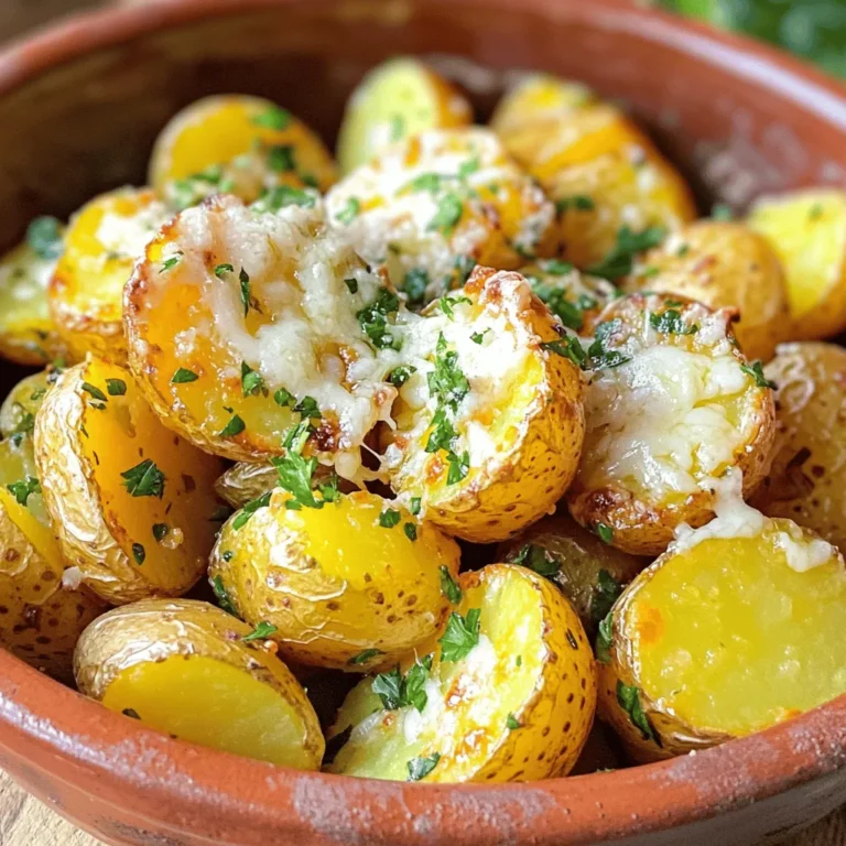 To make Garlic Parmesan Roasted Potatoes, gather these items: - 2 pounds baby potatoes, halved - 4 tablespoons olive oil - 1 teaspoon garlic powder - 4 cloves garlic, minced - 1 cup grated Parmesan cheese - 1 teaspoon dried oregano - Salt and pepper to taste - Fresh parsley, chopped (for garnish) You can easily adjust the amounts based on how many people you serve. If you want less, cut the recipe in half. Need more? Just double it. If you can’t find baby potatoes, use regular potatoes. Just cut them into smaller pieces. You can swap olive oil for melted butter, but olive oil gives a nice flavor. For a twist, try adding different cheeses or herbs to match your taste. When picking potatoes, look for firm ones without spots or bruises. Baby potatoes are great for roasting because they cook evenly. Choose ones that are about the same size for best results. If you use larger potatoes, make sure to cut them into evenly sized pieces. This helps them roast evenly and get that perfect crispiness. Always wash your potatoes well to remove dirt before cooking. To start, gather all your ingredients. You need baby potatoes, olive oil, garlic powder, minced garlic, Parmesan cheese, oregano, salt, and pepper. Preheat your oven to 425°F (220°C). Line a baking sheet with parchment paper to avoid sticking. This step makes cleanup easy. Next, take the baby potatoes and cut them in half. Place them in a large mixing bowl. Add olive oil, garlic powder, minced garlic, dried oregano, salt, and pepper. Toss everything together until the potatoes are well coated. This ensures every bite is full of flavor. Spread the seasoned potatoes in a single layer on the baking sheet. This helps them roast evenly. Place the baking sheet in the oven and roast for about 25 minutes. Stir the potatoes halfway through cooking. This simple step helps them brown nicely. After 25 minutes, take the baking sheet out. Sprinkle the grated Parmesan cheese evenly over the potatoes. This will create a delicious, crispy topping. Put the baking sheet back in the oven for another 10-15 minutes. Watch closely until the cheese turns golden brown. To achieve even roasting, make sure the potatoes are cut to similar sizes. Smaller pieces cook faster, while larger ones may need more time. Stirring halfway through cooking helps too. It allows all sides of the potatoes to get crispy. For a more flavorful touch, you can add fresh herbs like rosemary or thyme. These herbs pair well with the garlic and Parmesan. You can find the full recipe at the end of this section, which includes all the steps and tips you need to enjoy this tasty side dish! To get those potatoes nice and crispy, use a high heat. I like 425°F. Spread them out on the baking sheet. If they are too close, they will steam instead of roast. Stir them halfway through cooking. This helps them cook evenly. After the first 25 minutes, add the cheese. This step makes the cheese melt and turn golden brown. If you want to boost the flavor, try adding fresh herbs. Rosemary or thyme works great with garlic and Parmesan. You can also mix in some red pepper flakes. This adds a little heat to the dish. For more depth, consider using smoked paprika. It gives a nice earthy flavor that pairs well with the potatoes. One common mistake is not seasoning enough. Don't be shy with salt and pepper. Another mistake is using too much oil. Just enough will help the potatoes crisp up. Avoid using cold potatoes straight from the fridge. Let them sit at room temp for a bit. This helps them cook more evenly. For the full recipe, check out the complete steps and tips. {{image_2}} You can switch the Parmesan cheese for other types. Try Pecorino Romano for a sharper taste. Cheddar adds a nice creaminess. Feta cheese brings a tangy flavor that pairs well with garlic. Each cheese gives the dish a unique twist. Experiment and find your favorite! Feel free to change up the herbs and spices. Add rosemary or thyme for a fragrant touch. A pinch of cayenne pepper can give a kick. You can also use Italian seasoning for added flavor. Don’t be afraid to get creative with what you have at home! To make this dish vegan, skip the cheese or use a dairy-free alternative. Nutritional yeast offers a cheesy flavor without dairy. You can mix in some cashew cream for a rich taste. These changes keep the dish tasty and plant-based for all to enjoy. For the full recipe, check out Garlic Parmesan Roasted Potatoes. After enjoying Garlic Parmesan Roasted Potatoes, store any leftovers in an airtight container. This keeps them fresh. You can keep them in the fridge for about 3 to 5 days. If you want to keep them longer, consider freezing. Just make sure to cool them completely before sealing. To reheat, you can use an oven or a microwave. For the oven, preheat it to 350°F (175°C). Spread the potatoes on a baking sheet and heat for about 10 to 15 minutes. This helps them regain crispiness. If you use a microwave, warm them for about 1 to 2 minutes. They may not be as crispy, but they will still taste good. If you want to freeze Garlic Parmesan Roasted Potatoes, first let them cool. Then, place them in a freezer-safe bag or container. Make sure to remove as much air as possible. They can last up to 2 months in the freezer. When you're ready to eat them, thaw in the fridge overnight before reheating. Yes, you can use other potatoes. Yukon Gold or red potatoes work well. These potatoes have a nice flavor and texture. They will roast nicely, just like baby potatoes. If you use larger potatoes, cut them into smaller chunks. This helps them cook evenly. To spice up your Garlic Parmesan Roasted Potatoes, add red pepper flakes. Start with a pinch and taste as you go. You can also mix in some cayenne pepper for a more intense heat. Another great option is to use a spicy garlic powder. This adds a kick without changing the recipe too much. These tasty potatoes pair well with many dishes. Try serving them with grilled chicken or steak. They also go great with fish or a fresh salad. If you want a vegetarian option, serve them alongside roasted veggies or pasta. A dollop of sour cream or a yogurt dip adds a nice touch too. Feel free to explore more ideas for meals that match these flavorful potatoes! You can find the full recipe for Garlic Parmesan Roasted Potatoes above. You learned how to make Garlic Parmesan Roasted Potatoes with easy steps and tips. We covered ingredients, cooking methods, and storage for your leftovers. Remember to choose the right potatoes and avoid common mistakes. Don't forget to try variations to make this dish your own. Enjoy crafting this tasty side dish that everyone loves. You can impress friends and family with your new skills in the kitchen. Now, get cooking and have fun!