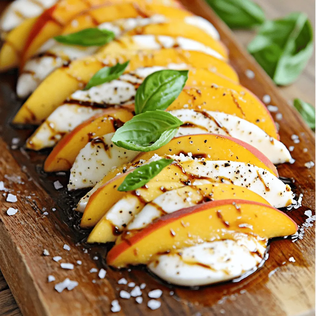 To create a delicious Peach Caprese Salad, you need fresh and quality ingredients. Here’s a simple list: - 2 ripe peaches, sliced - 8 oz fresh mozzarella cheese, sliced - 1 cup fresh basil leaves - 2 tablespoons balsamic glaze - 1 tablespoon extra virgin olive oil - Salt and freshly cracked black pepper to taste Using ripe peaches gives your salad a sweet and juicy flavor. Fresh mozzarella adds a creamy texture. Basil leaves bring a fragrant note that ties everything together. Balsamic glaze adds a tangy-sweet finish, while olive oil enhances the richness of the dish. For extra flair, you can add garnishes. Consider these options: - Extra basil leaves for color - A sprinkle of crushed red pepper for heat - Chopped nuts, like pistachios or walnuts, for crunch These garnishes can make your salad more visually appealing and enjoyable. Peach Caprese Salad is not just tasty; it’s healthy too! Here’s what you gain: - Peaches are high in vitamins A and C. - Mozzarella provides calcium and protein. - Basil offers antioxidants and anti-inflammatory benefits. - Olive oil is a healthy fat that supports heart health. This salad balances flavors and nutrients. It’s a wonderful choice for a light meal or side dish. Start by washing the peaches well. Rinse them under cool water to remove any dirt. Use a sharp knife to cut the peaches. Slice them into wedges about 1/2 inch thick. Make sure the peaches are ripe for the best taste. They should feel soft but not squishy. Now it's time to put it all together. On a large serving platter, arrange the peach slices. Alternate them with slices of fresh mozzarella cheese. This mix of colors looks beautiful. Next, tuck fresh basil leaves between the peach and mozzarella slices. This adds flavor and a nice touch. Drizzle extra virgin olive oil and balsamic glaze over the salad. This adds a rich taste. Then sprinkle salt and freshly cracked black pepper on top. Let the salad sit for a few minutes. This helps the flavors mix well. Enjoy your Peach Caprese Salad as a fresh treat. For the complete recipe, check out the Full Recipe section. When picking peaches, look for fruit that feels slightly soft. The color should be a vibrant yellow or orange. Avoid any peaches with dark spots or wrinkles. Ripe peaches taste sweet and juicy, which is perfect for this salad. Freshness makes a big difference in flavor. Buy peaches that are in season for the best taste. You can ask your local farmer for the best picks. You can prepare this salad a few hours ahead. Slice the peaches and mozzarella, then layer them as directed. Keep the salad in the fridge, covered with plastic wrap. Wait to add the balsamic glaze and oil until just before serving. This keeps the flavors fresh and the textures nice. If you do this, the salad will still taste great later. Serve the Peach Caprese Salad on a large platter for a beautiful display. You can also use rustic wooden boards for a charming look. Add extra basil leaves on top for color and aroma. This salad pairs well with grilled meats or fish. It makes a perfect side dish for summer barbecues. Feel free to enjoy it as a light lunch too! For the complete recipe, check out the Full Recipe section. {{image_2}} You can swap mozzarella for other cheeses. Burrata gives a creamy touch. Goat cheese adds a tangy bite. For a sharper taste, try feta. You can also use mixed cheeses for a fun twist. Mix seasonal fruits to enhance the salad. In summer, add juicy berries. In fall, thin apple slices pair well. You can even sprinkle pomegranate seeds for a pop of color and crunch. To make this salad vegan, replace mozzarella with cashew cheese. This keeps the creaminess while being plant-based. For gluten-free options, this salad is already safe. Just check your balsamic glaze for any hidden gluten. Feel free to explore these variations to make your Peach Caprese Salad your own. Check the full recipe for more details. To keep your Peach Caprese Salad fresh, store it in an airtight container. This method prevents air from spoiling the ingredients. If you add salt, it can draw out moisture. So, avoid salting until just before serving. Place a paper towel inside the container to absorb extra moisture. This helps keep everything crisp. For best results, store each ingredient separately. Keep sliced peaches in one container and mozzarella in another. Basil should stay in a cool, dry spot, wrapped in a damp paper towel. Store the balsamic glaze and olive oil in their original containers. This way, you keep all flavors fresh and bright. Prepared Peach Caprese Salad lasts about 1 to 2 days in the fridge. After that, the peaches may become mushy, and the basil wilts. For optimal taste, enjoy your salad soon after making it. If you need to make it ahead, try storing the ingredients separately. That way, you can assemble the salad fresh before serving. For the full recipe, check out the Peachy Caprese Delight. If you can't find mozzarella, try burrata or feta. Burrata adds a creamy touch. Feta gives a salty bite and works well too. You could also use goat cheese for a tangy flavor. Each option changes the taste but keeps the salad fresh. Yes, you can prep the salad ahead. Slice the peaches and cheese, then store them in the fridge. Keep the basil leaves separate to prevent wilting. Drizzle the balsamic glaze and olive oil just before serving. This keeps the flavors bright and fresh. Look for a thick, syrupy balsamic glaze. A high-quality glaze gives a rich flavor. You can find it in stores or make your own by reducing balsamic vinegar. Use a glaze that has no added sugars for the best taste. For more details on the ingredients and preparation, check the Full Recipe. In this post, we explored the elements of Peach Caprese Salad. We discussed using fresh peaches, tasty garnishes, and important nutrition facts. You learned how to prepare peaches and assemble the salad step-by-step. I shared tips on picking peaches and serving the salad. We also covered fun ways to change up the recipe and how to store leftovers. Remember, you can enjoy this salad fresh or with your own twist. Make it fun and delicious!