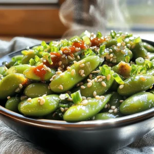 To make this tasty snack, gather these key ingredients: - 2 cups shelled edamame (fresh or frozen) - 3 cloves garlic, minced - 1 tablespoon olive oil - 1 tablespoon soy sauce - 1 tablespoon sriracha (adjust according to spice preference) - 1 teaspoon sesame oil - 1 tablespoon sesame seeds - 2 green onions, chopped - Salt to taste These main ingredients form the base of the dish. Shelled edamame adds protein and texture. Garlic gives a rich flavor. Olive oil helps cook the garlic without burning it. Soy sauce adds saltiness, while sriracha provides the heat. Sesame oil gives the dish a nutty flavor. Finally, sesame seeds and green onions add a nice crunch and freshness. You can elevate this dish with some extra garnishes and seasonings: - Red pepper flakes for extra heat - Lime wedges for a citrusy touch - Fresh cilantro for a burst of flavor These additions can enhance the taste. Red pepper flakes can kick up the spice. Lime wedges add a zesty twist. Cilantro brings a fresh and bright note to the dish. Spicy Garlic Edamame is not just delicious; it's also nutritious: - Calories: About 150 per serving - Protein: 10 grams - Fat: 7 grams - Carbohydrates: 15 grams - Fiber: 5 grams This snack is high in protein and fiber. It makes a great choice for a quick bite. The healthy fats from olive oil and sesame oil also support heart health. With these numbers, you can enjoy a tasty and healthy treat. For the full recipe, check out the detailed instructions to create this dish. Start by cooking the edamame. If you use frozen edamame, follow the package instructions. Boil them until tender, then drain. For fresh edamame, steam them until they are soft. This step helps make the dish quick and easy. Once cooked, set the edamame aside while you prepare the garlic. Grab a large skillet and pour in the olive oil. Heat it over medium heat. When the oil is warm, add the minced garlic. Sauté the garlic for about two minutes. You want it fragrant but not brown. Keep an eye on it; burnt garlic can ruin the taste. This step gives your dish a bold flavor. Add the cooked edamame to the skillet with the garlic. Stir well to mix everything. Now, drizzle in the soy sauce, sriracha, and sesame oil. Keep stirring for about three to five minutes. This allows the flavors to blend nicely. Once done, take it off the heat. Finally, sprinkle the sesame seeds and chopped green onions on top. Mix to combine all the flavors. Taste it and add salt if needed. Enjoy your spicy garlic edamame as a quick, tasty snack! For the full recipe, check out the earlier section. To get the right spice, start with sriracha. I suggest one tablespoon, but adjust to your taste. If you like more heat, add more sriracha. For less spice, try half a tablespoon. Remember, the flavor can change based on the brand of sriracha you use. One common mistake is overcooking the garlic. It should be fragrant but not brown. If it burns, it will taste bitter. Another mistake is not tasting the dish before serving. Always taste your edamame for salt and spice. Adjust as needed to make it just right. Spicy garlic edamame makes a great snack or appetizer. You can serve it warm in a bowl. Top it with extra sesame seeds or chopped green onions for color. Pair it with rice or noodles for a light meal. You can also serve it with a chilled drink to cool down the spice. For the full recipe, check the earlier section. {{image_2}} You can switch up the ingredients to add more flavor. Try using ginger with the garlic for a zesty twist. You can also mix in some chili flakes for extra heat. If you want a nutty taste, add a teaspoon of peanut butter or almond butter. These changes can make your spicy garlic edamame even better. For a lighter dish, replace olive oil with a cooking spray. This cuts down on fat while still keeping the flavor. You can also use low-sodium soy sauce to make it healthier. If you want to skip the sriracha, try a mild chili sauce. This keeps the taste without too much spice. Spicy garlic edamame works well as a snack or side dish. Serve it in a bowl with fresh lime wedges on the side. This adds a bright flavor that pairs nicely with the spice. You can also top it with chopped nuts for crunch. For a fun twist, serve it on skewers at your next party. This makes it easy for guests to grab and enjoy. For the full recipe, check out the link provided. After you enjoy your spicy garlic edamame, save any leftovers properly. Place them in an airtight container. This keeps them fresh and tasty. Store the container in the fridge. Avoid leaving them out at room temperature. They can spoil quickly. When you want to eat your leftovers, reheating them well is key. Use a skillet over medium heat. Add a splash of olive oil to help them warm up. Stir often so they heat evenly. This keeps the edamame tender and not mushy. You can also use the microwave. Heat for 30 seconds at a time until warm. Stir in between to avoid hot spots. You can keep spicy garlic edamame in the fridge for up to three days. If you want to store them longer, freeze them. They can last up to three months in the freezer. Just remember to let them cool before freezing. This helps maintain their flavor and texture. When ready to eat, thaw in the fridge overnight before reheating. Enjoy your delicious snack again! Yes, you can easily make Spicy Garlic Edamame vegan. The main ingredients are already plant-based. Just ensure the soy sauce you choose is vegan. Some brands may add fish sauce, so check the label. You can also skip the sesame oil if desired. The dish will still taste great without it! Spicy Garlic Edamame pairs well with many dishes. You can serve it as a snack or side. Try it with rice, noodles, or sushi for a fun meal. It also complements grilled meats and fish. For a light lunch, add it to a salad. The flavors work well with fresh veggies and proteins. Making edamame from scratch is simple! You can grow your own edamame plants if you have space. Plant seeds in warm soil after the last frost. Edamame needs full sun and regular water. In about three months, the pods will be ready to harvest. Once harvested, steam or boil them until tender. Enjoy your home-grown snack! For a quick recipe, check the Full Recipe for Spicy Garlic Edamame! This blog post covers the essentials for making spicy garlic edamame. You learned about the main ingredients and tasty garnishes. We detailed step-by-step cooking methods and shared tips for flavor and spice. Variations open up new flavors, while storage info helps keep leftovers fresh. Enjoy making this dish. It’s easy, fun, and brings zest to any meal!