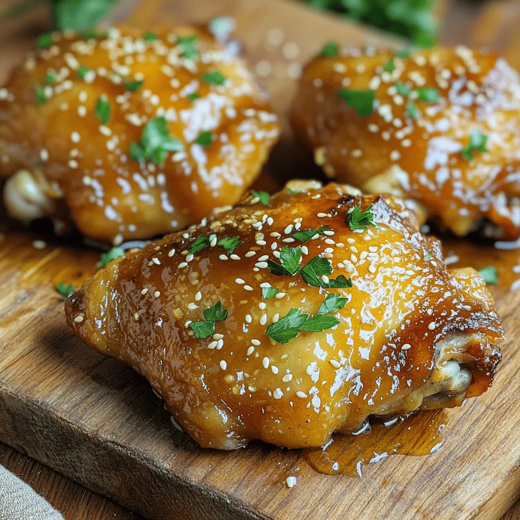 - 4 bone-in, skin-on chicken thighs - 1/2 cup honey - 4 cloves garlic, minced - 2 tablespoons soy sauce (low-sodium) - 1 tablespoon apple cider vinegar - 1 teaspoon fresh ginger, grated - Salt and pepper to taste - 2 tablespoons sesame oil The star of this dish is the bone-in, skin-on chicken thighs. They stay juicy and tender, giving a nice texture. The honey and garlic mixture adds both sweetness and depth. Soy sauce and vinegar balance this with a savory kick. - Fresh parsley - Sesame seeds After baking, I love to sprinkle fresh parsley and sesame seeds on top. They add color and a bit of crunch. - Salt and pepper - Sesame oil Having salt and pepper is essential for flavor. Sesame oil enhances the dish and gives it a lovely aroma. You can find these staples in almost any kitchen. Check out the Full Recipe for all the steps to make this tasty meal! Start by whisking together four key ingredients. Use a mixing bowl to combine 1/2 cup honey, 4 minced garlic cloves, 2 tablespoons soy sauce, and 1 tablespoon apple cider vinegar. This mix creates a sweet and tangy marinade. The honey gives a nice glaze, while garlic adds depth. It’s simple, but it packs a punch for flavor. Next, you need to marinate the chicken. Place the 4 bone-in, skin-on chicken thighs in a large resealable bag or a container. Pour the marinade over them, ensuring they are evenly coated. Seal the bag or container tightly. For the best taste, let the chicken marinate in the fridge for at least 1 hour, but 4 hours works great for more flavor. Now, let’s cook! Preheat your oven to 400°F (200°C). In a large oven-safe skillet, heat 2 tablespoons of sesame oil over medium-high heat. Once it’s hot, take the chicken out of the marinade, but keep the marinade for later. Place the chicken skin-side down in the skillet. Sear for 5-6 minutes until the skin is golden and crispy. After searing, flip the chicken over. Pour the reserved marinade over the top. Transfer the skillet to the oven and bake for 25-30 minutes. You want the chicken to reach an internal temperature of 165°F (75°C). For an extra touch, you can broil it for 2-3 minutes to caramelize the sauce. Just watch closely to avoid burning. Let the chicken rest for 5 minutes before serving. It’s a beautiful dish, and you can find the full recipe here. For the best taste, marinate the chicken for at least one hour. However, four hours gives it a richer flavor. Skin-on chicken thighs are vital. The skin keeps the meat juicy and adds a nice crunch when cooked. A meat thermometer is your best friend. Aim for an internal temperature of 165°F (75°C). This ensures the chicken is safe to eat and perfectly cooked. To get crispy skin, sear the thighs skin-side down first. This step locks in moisture and makes the skin golden brown. To enhance the sauce, caramelize the glaze. This step adds depth and flavor. Pour the reserved marinade over the chicken while it bakes. If you want to tweak the taste, adjust the sweetness and saltiness. You can add more honey for sweetness or soy sauce for saltiness. For the full recipe, check out the recipe section above. {{image_2}} You can switch up the sweetener in this recipe. Maple syrup or agave can replace honey. Each option gives a unique taste. If you want a different protein, try chicken breast or tofu. Both options still soak up that tasty marinade. Want some heat? Add red pepper flakes or chili paste for spice. For a fresh twist, mix in herbs like thyme or rosemary. These extras can elevate your dish and make it more exciting. Try slow cooking for a tender meal. Just place the marinated chicken in a slow cooker. Cook on low for 6-8 hours for juicy results. If it’s summer, grilling is a great option. Preheat your grill and cook the chicken over medium heat. This method gives a smoky flavor that pairs well with the honey garlic sauce. For more details on how to make Honey Garlic Chicken Thighs, check out the Full Recipe. After you enjoy your honey garlic chicken thighs, store leftovers in an airtight container. This keeps them fresh and safe. Make sure to cool the chicken to room temperature first. Then, refrigerate. Leftovers last up to 3 days. I always label the container with the date for easy tracking. For longer storage, you can freeze the chicken. Place the cooled chicken in a freezer-safe bag. Squeeze out the air to prevent freezer burn. This way, the chicken stays tasty. You can freeze it for up to 3 months. When ready to use, thaw it in the fridge overnight. This keeps the chicken safe and helps maintain flavor. When reheating, use the oven for the best results. Preheat to 350°F (175°C). Place the chicken in a baking dish, covered with foil. This keeps moisture in and prevents drying. Heat for about 20 minutes or until warm. You can also microwave, but it may not keep the crispy skin as well. Enjoy your meal again with all its sweet and sticky goodness! Yes, you can use boneless chicken thighs. They cook faster than bone-in thighs. When using boneless thighs, reduce the cooking time to about 20-25 minutes. Always check the internal temperature to ensure they reach 165°F (75°C). You have many options for side dishes. Here are some great choices: - Steamed rice - Roasted vegetables - Mashed potatoes - Green salad - Garlic bread These sides complement the sweet and savory notes of the chicken. Feel free to mix and match based on your taste. To check if chicken is done, use a meat thermometer. Insert it into the thickest part of the thigh. The safe internal temperature is 165°F (75°C). This ensures the chicken is cooked and safe to eat. Always let it rest for a few minutes after cooking to keep it juicy. You now have a great recipe for Honey Garlic Chicken Thighs. We covered the key ingredients, from chicken to the honey and garlic mix. The steps were simple: marinating, searing, and baking. I shared tips for the best flavor and cooking methods. You learned about possible variations and storage tips for leftovers. Whether you follow the recipe exactly or make it your own, this dish will impress. Enjoy the cooking journey and the delicious results!