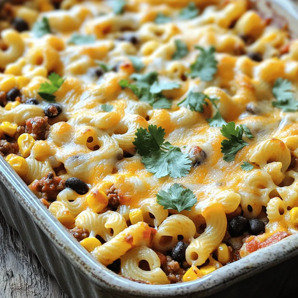 For a great Cheesy Taco Pasta Bake, start with these key components: - 8 oz elbow macaroni - 1 lb ground beef or turkey These ingredients form the base of your dish. The pasta provides the right texture, while the protein adds flavor and heartiness. Next, we need some vibrant veggies: - 1 cup diced tomatoes (canned or fresh) - 1 cup diced onion - 2 cloves garlic, minced These diced vegetables bring freshness and depth to your bake. The tomatoes add moisture, while onion and garlic give it that savory kick. Now, let’s kick up the taste with some flavor boosters: - 1 packet taco seasoning - Additional spices and seasonings to taste Taco seasoning is the star here. It blends all the flavors together and gives the bake its signature taste. Feel free to add more spices if you like extra heat or flavor! For the complete recipe, check [Full Recipe]. First, preheat your oven to 350°F (175°C). This step is key to getting that perfect bake. While the oven heats up, cook 8 oz of elbow macaroni. Follow the package instructions and make sure to cook until it is al dente. Drain the pasta and set it aside for later. Next, heat 1 tablespoon of olive oil in a large skillet over medium heat. Add 1 cup of diced onion and sauté for about 3-4 minutes until it turns translucent. Then, add 2 cloves of minced garlic and 1 lb of ground beef or turkey. Cook the meat until it is browned, breaking it apart with a spatula. If there's excess fat, drain it off. Now it’s time to add flavor. Stir in 1 packet of taco seasoning, 1 cup of diced tomatoes, 1 can of rinsed and drained black beans, and 1 cup of corn. Cook this mixture for about 3-5 minutes until everything is heated through. Don’t forget to season with salt and pepper to taste. In a large mixing bowl, combine the cooked macaroni with your meat and bean mixture. Add 1 cup of sour cream and 1 cup of shredded cheddar cheese. Mix everything together until it is well combined. Transfer this tasty mixture to a greased 9x13 inch baking dish. Top it off with the remaining cup of cheddar cheese. Now, it’s time to bake. Place the dish in your preheated oven and bake for 25-30 minutes. You’ll know it’s ready when the cheese is melted and bubbly. If you want, you can garnish with chopped cilantro before serving. Enjoy your Cheesy Taco Pasta Bake with family and friends! For the complete recipe, check out the [Full Recipe]. How do I achieve al dente pasta? To get the perfect al dente pasta, cook the elbow macaroni until it is firm but not hard. Follow the package instructions closely and taste the pasta a minute or two before the time is up. Drain it right away to stop the cooking process. How can I balance flavors with seasoning? Use taco seasoning to add depth to the dish. Taste as you cook and adjust with salt and pepper. You can also add a squeeze of lime for brightness. Fresh herbs like cilantro can enhance flavor too. How do I ensure even cheese distribution? Mix half of the cheese into the pasta mixture before baking. Spread the rest on top. This method helps the cheese melt evenly and gives you that gooey texture everyone loves. What are the best types of cheese to use? Shredded cheddar cheese is my favorite for this dish. It melts well and has great flavor. You can also try Monterey Jack or a blend for a twist. What are the best sides to serve with Cheesy Taco Pasta Bake? Pair it with a fresh salad or tortilla chips. Guacamole and salsa also make excellent dips. These sides add crunch and freshness to your meal. What are some creative serving ideas? Serve the pasta bake in bowls topped with chopped cilantro and sliced jalapeños for a kick. You can also add a dollop of sour cream on top. Make it fun by letting people customize their plates! For the complete recipe, check out the Full Recipe. {{image_2}} If you want a meat-free meal, swap the ground beef or turkey with beans or lentils. Black beans or kidney beans add protein and fiber. Lentils cook fast and soak up the taco flavor well. This change keeps the dish hearty and tasty. Cheese is key in this recipe. Try mixing cheddar with other cheeses like Monterey Jack or pepper jack. These add more depth and a fun twist to the flavor. You can even use cream cheese for a creamy texture. Experiment with different cheeses to find your favorite combo! To adjust the spice level, add or reduce the taco seasoning. For a milder taste, use less seasoning and add a touch of sour cream. If you crave heat, try adding jalapeños or a pinch of cayenne pepper. Always taste as you go to find the right balance for your palate. To keep your Cheesy Taco Pasta Bake fresh, store it in an airtight container. Allow it to cool to room temperature first. Then, refrigerate it within two hours. You can also freeze leftovers. Just make sure to use a freezer-safe container. Label it with the date to track freshness. To reheat your pasta bake, use the oven for best results. Preheat your oven to 350°F (175°C). Place the leftover pasta bake in a baking dish. Cover it with foil to prevent it from drying out. Heat for about 20 minutes or until hot. You can also use the microwave. Place a portion on a microwave-safe plate. Heat for 1-2 minutes, checking every 30 seconds. In the fridge, your Cheesy Taco Pasta Bake lasts about 3-4 days. If you freeze it, it can last for up to three months. However, for the best flavor, eat it within two months. Always check for any signs of spoilage before eating leftovers. Yes, you can make this dish ahead of time. To do this, prepare the pasta and meat mix as usual. After mixing everything, place it in a baking dish but don’t bake it yet. Cover it with foil and store it in the fridge. You can bake it the next day. Just add a few extra minutes to the baking time. This way, you save time and still enjoy a hearty meal. If you want a dairy-free option, use plain coconut yogurt. It gives a similar texture and creaminess. You can also try using cashew cream, which is made by blending soaked cashews with a bit of water. Both options work well and keep the dish tasty. To serve more people, simply double all the ingredients. Use a larger baking dish for the mix. You may need to increase the baking time as well. Keep an eye on it. It’s done when the cheese is melted and bubbly. This is great for parties or family gatherings. Yes, you can use gluten-free pasta instead of elbow macaroni. There are many good options available now. Just follow the package instructions for cooking times. The rest of the recipe stays the same. Enjoy your tasty dish without gluten! For the full recipe, check out the details above. In this article, we explored making a tasty Cheesy Taco Pasta Bake. We covered key ingredients like pasta, proteins, and diced veggies. You learned step-by-step cooking instructions and found helpful tips for perfecting your dish. Don't forget to try variations, store leftovers well, and look into the FAQs for more guidance. Cooking should be fun! Experiment with flavors and enjoy your meals with family and friends. This dish shines at any gathering. Try it today and savor the savory delight!