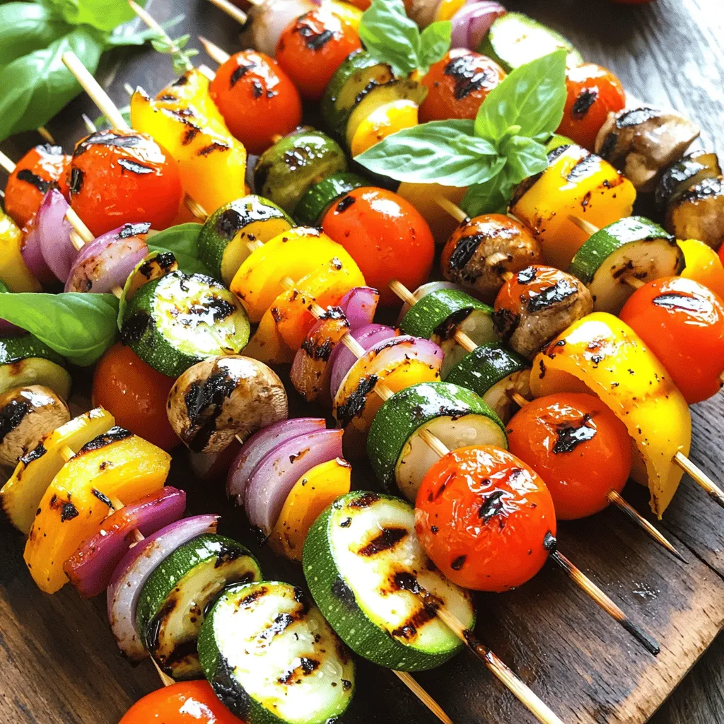 - Zucchini, sliced into thick rounds - Bell pepper (any color), cut into chunks - Red onion, cut into wedges - Cherry tomatoes, whole - Mushrooms, whole or halved if large - Olive oil - Balsamic vinegar - Garlic powder - Dried oregano - Salt - Pepper - Skewers (wooden or metal) - Fresh basil for garnish To make these grilled vegetable skewers shine, you need fresh and vibrant ingredients. Start with zucchini, bell peppers, red onion, cherry tomatoes, and mushrooms. Each veggie brings a unique taste and texture. For the marinade, gather olive oil, balsamic vinegar, garlic powder, dried oregano, salt, and pepper. This mix of flavors helps the veggies soak up deliciousness. Ensure you have skewers, either wooden or metal. If you use wooden ones, soak them in water for at least 30 minutes. This step helps prevent them from burning on the grill. Finally, fresh basil leaves add a lovely touch before serving. For the complete recipe, check out the [Full Recipe]. Start by soaking wooden skewers in water for 30 minutes. This step keeps them from burning on the grill. Next, slice and cut all your vegetables. For this dish, I use: - 1 zucchini, sliced into thick rounds - 1 bell pepper, cut into chunks - 1 red onion, cut into wedges - 1 cup cherry tomatoes - 1 cup mushrooms, whole or halved if large These colorful veggies will add great taste and texture to your skewers. In a small bowl, whisk together the marinade ingredients. You will need: - 2 tablespoons olive oil - 2 teaspoons balsamic vinegar - 1 teaspoon garlic powder - 1 teaspoon dried oregano - Salt and pepper to taste Mix until combined. This marinade adds flavor and helps the veggies shine. Thread the marinated vegetables onto the skewers. Alternate the types of veggies for a colorful look. After threading, let them sit in the marinade for about 15-20 minutes. This extra time allows the flavors to soak in. Now, you're ready to grill your beautiful vegetable skewers! For the full recipe, refer to the earlier section. To get those perfect grill marks, start with a hot grill. Heat it to medium-high. Place the skewers on the grill and let them sit. Don’t move them too soon. After a few minutes, turn them for even cooking. This helps the veggies get tender and juicy. Aim for about 10-12 minutes of cooking. Check them often to avoid burning. Seasoning can change the taste of your skewers. Try different herbs and spices! Instead of garlic powder, use fresh garlic for a stronger taste. You can add a pinch of smoked paprika for a nice twist. Lemon zest adds freshness too. Consider using different oils like avocado for a new flavor. Marinades can also help. Let the veggies soak longer for more flavor. Make your skewers pop with color! Use a mix of bright veggies like red bell peppers and yellow zucchini. Arrange the skewers in a rainbow style on a platter. Drizzle some balsamic glaze on top for a shiny finish. Fresh basil leaves add a nice touch. They also give a lovely aroma. This makes your skewers look gourmet and inviting. For the full recipe, check the detailed instructions above. {{image_2}} Grilled vegetable skewers fit many diets. They are vegan and gluten-free, making them great for everyone. You can enjoy them without meat or gluten. Just use the ingredients from the recipe. You can feel good about serving them to guests with dietary needs. Using seasonal produce makes these skewers even better. Try fresh corn in summer or butternut squash in fall. You can swap out bell peppers for asparagus in spring. Always choose what is fresh at your market. This way, you get the best flavors and nutrition. You can grill or roast your skewers. Grilling adds nice char and smoky taste. Oven roasting gives a softer texture and even cooking. If you cannot grill, roasting is a great choice. Just place the skewers on a baking sheet at 400°F (200°C) for 20-25 minutes. Both methods bring out the vegetables' natural sweetness. You can enjoy grilled vegetable skewers any way you like! For the full recipe, check the recipe section above. After enjoying your grilled vegetable skewers, store any leftovers right away. Place them in an airtight container. This keeps the veggies fresh and tasty. Store them in the fridge for up to three days. If you leave them out, they may spoil quickly. When you’re ready to eat the leftovers, reheating is easy. You can use a microwave or an oven. If using a microwave, heat them for 30 seconds at a time. Check often to avoid sogginess. For the oven, set it to 350°F (175°C). Place the skewers on a baking sheet for about 10 minutes. This method keeps the texture nice and firm. If you want to save skewers for later, freezing is a great option. First, let the skewers cool completely. Then, wrap them tightly in plastic wrap or foil. Place them in a freezer bag and remove as much air as possible. They will stay good for up to three months. To use, thaw them overnight in the fridge. Reheat them as described above for the best taste. Grill vegetable skewers for about 10 to 12 minutes. Turn them occasionally for even cooking. You want the veggies to be tender and have nice grill marks. Keep an eye on them, as cooking time can change based on your grill's heat. Using a timer helps you avoid overcooking. The best vegetables for grilling include: - Zucchini - Bell peppers - Red onions - Cherry tomatoes - Mushrooms These veggies hold up well on the grill and develop great flavor. You can mix and match as you like. Just remember to cut them into similar sizes for even cooking. Yes, you can marinate the vegetables overnight. This helps enhance their flavors. Just make sure to cover them well in the fridge. However, if you marinate too long, some veggies may get too soft. A few hours is often enough for a great taste. Absolutely! Feel free to use other vegetables like asparagus, eggplant, or even corn. Just remember that cooking times may vary for different veggies. Always cut them to similar sizes to ensure they cook evenly. Yes, if you use wooden skewers, soak them in water for at least 30 minutes. This step helps prevent them from burning on the grill. Metal skewers do not need soaking. You can tell when the skewers are done when the vegetables are tender and have nice grill marks. A fork should easily pierce the veggies. If they start to char, they may be overcooked. Yes, you can prepare the skewers ahead of time. Assemble them and store them in the fridge until you're ready to grill. Just don’t marinate them too long, as mentioned earlier. Grilled vegetable skewers pair well with many dishes. You can serve them alongside grilled meats, pasta, or salads. They also work great as a stand-alone dish with a tasty dip. For the full recipe, check out the detailed instructions above! In this blog post, I shared how to make delicious vegetable skewers. We covered the required ingredients like zucchini and bell pepper. I showed you how to prepare, marinate, and assemble your skewers. We also discussed tips for grilling and making your dish look great. Remember, you can adjust for dietary needs or seasonal veggies. Don't forget how to store and reheat leftovers. Now you can enjoy tasty skewers anytime!
