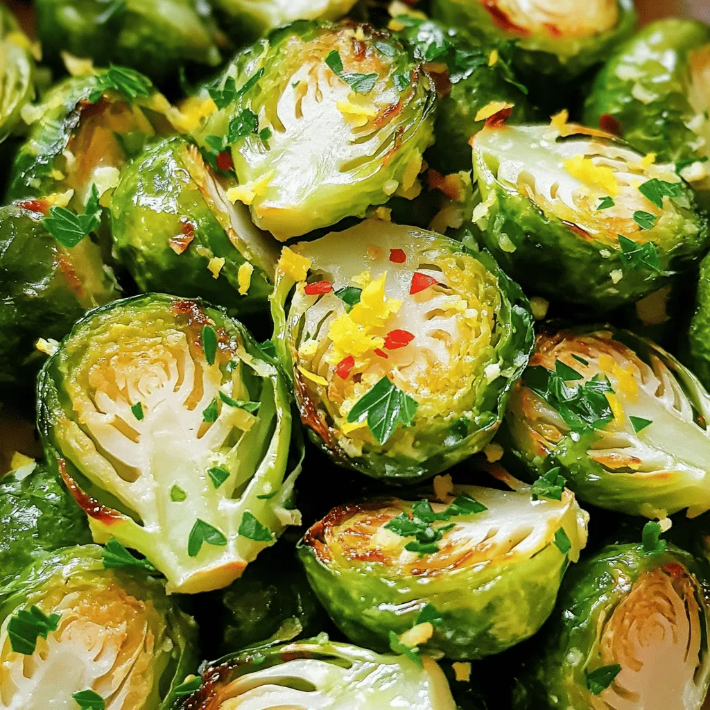 - 1 lb Brussels sprouts, trimmed and halved - 3 tablespoons olive oil - 4 cloves garlic, minced - Zest and juice of 1 lemon - 1/2 teaspoon red pepper flakes (optional) - Salt and pepper to taste - 2 tablespoons grated Parmesan cheese (optional) - Fresh parsley for garnish The right mix of ingredients makes all the difference in flavor. For this recipe, I love using fresh Brussels sprouts. They bring a nice crunch. The olive oil adds a rich taste and helps with roasting. Garlic gives a warm, savory touch. Lemon zest and juice brighten the dish with a tangy kick. If you want heat, red pepper flakes work well. Salt and pepper balance everything out, while Parmesan gives a creamy finish. - Different oils: You can swap olive oil for avocado or grapeseed oil. - Cheese alternatives: Try nutritional yeast for a vegan option, or use feta for a salty twist. - Adjust spice levels: If you prefer less heat, skip the red pepper flakes. Use black pepper for a milder flavor instead. Feel free to mix and match these ingredients. This way, you can create a version that fits your taste. If you want to dive deeper into the full recipe, check the Full Recipe section. - Preheat your oven to 400°F (200°C). This high heat helps the Brussels sprouts get crispy. - Trim off the ends and remove any yellow leaves from the Brussels sprouts. Then, cut them in half. This ensures they cook evenly. - In a large bowl, add the Brussels sprouts, olive oil, minced garlic, lemon zest, and lemon juice. - Sprinkle in the red pepper flakes, salt, and pepper. Toss everything together well. Make sure each sprout gets a nice coat of seasoning. - Spread the Brussels sprouts on a parchment-lined baking sheet. Keep them in a single layer. This helps them roast rather than steam. - Bake for about 25 to 30 minutes. Stir halfway through. You want them golden brown and crispy. If you like cheese, add Parmesan cheese for the last 5 minutes. - Keep an eye on them as they roast. You’ll know they’re done when they are tender and have a nice crunch. For the full recipe, check the [Full Recipe]. To make your Brussels sprouts crispy, start by cutting them in half. This helps them cook evenly. Use a hot oven, set to 400°F (200°C). Spread the sprouts in a single layer on the baking sheet. Leaving space between them allows hot air to flow freely. This is key for that perfect crunch. If they touch, they will steam instead of roast. Roasting garlic brings out its sweetness. Add minced garlic to the bowl with your sprouts. Toss everything well before roasting. The garlic will caramelize and add depth to the dish. Lemon juice brightens the flavors. Squeeze fresh lemon juice after roasting to give a zesty kick. The zest also adds a lovely aroma and taste. Use both for a full lemon flavor. These roasted Brussels sprouts go well with many dishes. Pair them with grilled chicken or salmon for a great meal. They also shine alongside a hearty grain like quinoa. For a pop of color, top with fresh parsley. You can also add some grated Parmesan for added richness. This makes your dish look and taste gourmet. Check out the [Full Recipe] to explore more ways to enjoy this side. {{image_2}} To take your Lemon Garlic Roasted Brussels Sprouts to the next level, consider adding nuts or seeds. Chopped almonds or pine nuts add a nice crunch. You can also sprinkle sesame seeds for extra flavor. These additions not only enhance taste but also boost nutrition. You can mix in optional ingredients to cater to diverse tastes. Try adding cooked bacon bits for a smoky flavor. Or toss in some dried cranberries for a sweet contrast. You can even add a dash of balsamic glaze for a tangy kick. If you want a quicker method, try using an air fryer. Set the air fryer to 375°F. Toss the Brussels sprouts in the same mix of oil and seasonings. Cook them for about 15-20 minutes, shaking the basket halfway through. You will get a crispy finish in less time. For stovetop preparations, heat a skillet over medium heat. Add olive oil, then the seasoned Brussels sprouts. Sauté for about 10-15 minutes until they are tender and golden. This method gives you a unique texture and flavor. You can easily make this dish vegan by omitting the Parmesan cheese. It still tastes great without it. If you want to make it gluten-free, there are no gluten-containing ingredients in this recipe. Just make sure to check any packaged items for hidden gluten. Adjusting for different dietary preferences is simple. You can swap out olive oil for avocado oil if you prefer. Also, if you want more heat, add extra red pepper flakes. Enjoy making this dish fit your needs while keeping it delicious. To store leftovers of Lemon Garlic Roasted Brussels Sprouts, let them cool first. Place them in an airtight container. This keeps the sprouts fresh and prevents odors from other foods. You can use glass or plastic containers. Make sure they seal tightly to prevent moisture loss. To restore crispness when reheating, use the oven. Preheat it to 350°F (175°C). Spread the sprouts on a baking sheet in a single layer. Bake for about 10-15 minutes until they are hot and crispy again. You can also use a skillet on medium heat. Stir the sprouts for even heating. Always check that they are heated through to ensure safety. If you want to freeze Brussels sprouts, do it before roasting. Clean and trim them, then blanch in boiling water for 3-4 minutes. After blanching, cool them in ice water. Drain and place in freezer bags. Remove as much air as possible before sealing. To reheat from frozen, bake them directly from the freezer. Preheat the oven to 400°F (200°C) and roast for 30-35 minutes. This method retains flavor and texture. For the full recipe, refer back to the beginning of the article. Roasted Brussels sprouts last about 3 to 5 days in the fridge. Store them in an airtight container for best results. If you freeze them, they can last up to 3 months. However, freezing may change their texture. To reheat, simply bake them again until warm. Yes, you can prep Brussels sprouts ahead of time. Trim and halve them, then store in the fridge for up to 24 hours. Combine with the lemon and garlic just before roasting. This keeps the flavors fresh. You can also roast them in advance. Just reheat them in the oven before serving. If you can't use garlic, try shallots or onion for a similar flavor. You can also use herbs like thyme or rosemary. Lemon zest adds brightness without garlic. Consider using a pinch of smoked paprika for a different taste. Look for a golden brown color on the outside. The sprouts should feel tender when pierced with a fork. A crispy outer layer means they are well-roasted. You can also check for a slightly caramelized edge, which adds great flavor. This article covered a delicious roasted Brussels sprouts recipe. We discussed the ingredients, preparation steps, and tips for perfect results. You can easily adjust the recipe for your taste or dietary needs. Remember to store leftovers properly and reheat for crispness. This dish can pair well with many meals or stand alone as a tasty snack. Enjoy experimenting with flavors and cooking methods to make it your own! Your journey to perfect Brussels sprouts starts now.