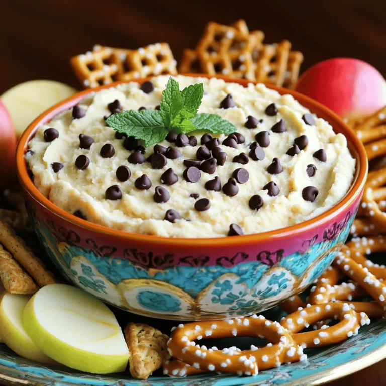To make this tasty dip, gather these key ingredients: - 1 cup cream cheese, softened - 1/2 cup unsalted butter, softened - 3/4 cup brown sugar, packed - 1/4 cup granulated sugar - 1 teaspoon vanilla extract - 1 cup all-purpose flour (heat-treated for safety) - 1/2 cup mini chocolate chips These ingredients create a creamy, sweet base. The cream cheese and butter give it a rich texture. The sugars add sweetness, while the flour makes it thick. Heat-treating the flour ensures safety and enhances flavor. The mini chocolate chips provide delightful bursts of chocolate in each bite. You can customize your dip with these optional ingredients: - 1/4 cup chopped pecans or walnuts - Additional chocolate chips for garnish Adding nuts gives a nice crunch. You can also add more chocolate chips on top for extra sweetness. Feel free to get creative with your mix-ins. The dip is quite forgiving! For dippers, you have plenty of fun options: - Graham crackers - Apple slices - Pretzels - Vanilla wafers - Fresh strawberries These dippers offer a mix of flavors and textures. The sweetness of apples pairs well with the rich dip. Pretzels add a salty crunch, making each bite exciting. Arrange your dippers on a platter for a beautiful presentation. You can find the full recipe for Chocolate Chip Cookie Dough Dip above. Start by gathering all your ingredients. You need cream cheese, butter, sugars, flour, and chocolate chips. Make sure your cream cheese and butter are soft. This helps them mix well. In a medium bowl, beat the cream cheese and butter with an electric mixer. Mix until it feels fluffy and smooth. Gradually add the brown sugar and granulated sugar. Keep mixing until there are no lumps. Then, add in the vanilla extract and mix it in well. Next, mix in the heat-treated flour. This step is important for safety. If you haven’t heat-treated it yet, spread it on a baking sheet. Bake at 350°F for 5-7 minutes. Let it cool before adding. Finally, fold in the mini chocolate chips and nuts if you like them. Transfer your dip to a fun serving bowl. Smooth the top with a spatula. Now, chill it in the fridge for at least 30 minutes. This lets the flavors mix well and makes it firmer. After chilling, your dip is ready to enjoy! You can find the full recipe in the recipe section. To make the best Chocolate Chip Cookie Dough Dip, follow a few simple tips. First, use softened cream cheese and butter. This helps create a smooth texture. Next, heat-treat the flour for safety. Spread it on a baking sheet and bake it for 5-7 minutes at 350°F. Let it cool before mixing. When blending the ingredients, mix until there are no lumps. This ensures every bite is creamy and delicious. Lastly, chill the dip for at least 30 minutes. This step helps the flavors mix well and the dip firm up. Avoid some common mistakes to ensure your dip turns out great. Do not skip the heat treatment for the flour. Raw flour can make you sick. Another mistake is not mixing the sugar well. If you leave lumps, the dip won’t taste as good. Also, be careful not to overmix after adding the chocolate chips. This can break them apart. Finally, don't forget to chill the dip. If you serve it warm, it won't have the right taste or texture. Having the right tools makes making this dip easy. Here’s what you need: - Medium-sized mixing bowl - Electric mixer - Baking sheet - Spatula - Serving bowl - Plastic wrap for chilling These tools help you mix and serve your Chocolate Chip Cookie Dough Dip perfectly. For the full recipe, check the previous sections. Enjoy your tasty treat! {{image_2}} To make a gluten-free version, swap the all-purpose flour for gluten-free flour. This simple change makes it safe for those with gluten allergies. Use a blend that works well for baking. You can find many good options at the store. Just like the original, this version remains creamy and tasty. Want to mix it up? Try adding different flavors. For a nutty taste, add peanut butter. Just use half a cup and cut the butter in half. If you love chocolate, stir in Nutella. This adds a rich chocolate flavor and creaminess. You can also try adding coconut for a tropical twist. Each variation gives a new taste to your dip. Looking for a lighter option? Use Greek yogurt in place of cream cheese. This swap cuts fat and adds protein. Use the same amount of Greek yogurt as the cream cheese. The dip will still taste great and be a bit healthier. You can also cut down on sugar. Use honey or maple syrup instead. These swaps help keep the dip tasty while making it a bit better for you. For all these ideas, check the Full Recipe for the base ingredients and instructions. Enjoy exploring these variations! Once you finish enjoying your dip, store any leftovers in an airtight container. This keeps it fresh and prevents it from absorbing other odors in the fridge. Make sure to cover the top with plastic wrap before sealing the lid. This extra step helps keep the dip creamy. The dip lasts up to five days in the fridge. After that, the flavors may fade. If you want to keep it longer, you can freeze it. To freeze, spoon the dip into a freezer-safe container. Label it with the date. The dip can last up to three months in the freezer. To enjoy later, thaw it in the fridge overnight. You do not need to reheat this dip. It tastes best cold or at room temperature. If you freeze it, let it thaw completely before serving. You can mix it again if it seems too thick after thawing. This will help bring back the creamy texture. You should not eat raw flour. It can contain harmful bacteria. To keep it safe, heat-treat the flour. Spread it on a baking sheet and bake for 5-7 minutes at 350°F. This process kills any bad germs. The fun part of this dip is the dippers! You can use many things. My favorites are: - Graham crackers - Apple slices - Pretzels - Vanilla wafers - Strawberries These dippers add flavor and texture. You can mix and match them for variety! You can keep this dip in the fridge for up to five days. Make sure to store it in an airtight container. This keeps it fresh and safe to eat. If it starts to smell off or changes color, throw it away. You can find the full recipe for Chocolate Chip Cookie Dough Dip above. It has all the details you need to make this tasty treat. You now know how to make a delicious chocolate chip cookie dough dip. We covered key ingredients and fun ways to customize it. I shared tips to help you avoid common mistakes. You can even try health-conscious variations if you want. Storing leftovers is easy, and I answered your top questions. Enjoy making this treat for parties or snacks. With these steps, you’ll impress everyone with your dip!