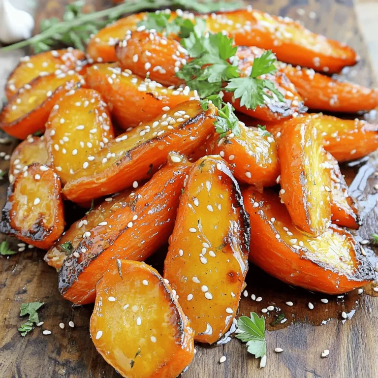 To make honey garlic roasted carrots, gather these simple ingredients: - Carrots - Honey - Olive Oil - Garlic - Thyme - Salt and Pepper - Sesame Seeds - Fresh Parsley Using fresh carrots makes a big difference in taste. Choose medium-sized, crisp carrots for the best results. The honey brings a lovely sweetness, while garlic adds a rich flavor. Olive oil helps the carrots roast nicely. Thyme gives a subtle earthiness. Salt and pepper enhance all the flavors. Sesame seeds add a nice crunch on top, and fresh parsley brings brightness to the dish. For the full recipe, check out Honey Garlic Roasted Carrots! 🥕 Each ingredient plays a key role in creating this simple yet tasty dish. 1. First, preheat your oven to 425°F (220°C). This step is key for roasting. 2. Next, in a large bowl, whisk together the honey, olive oil, minced garlic, thyme, salt, and black pepper. This blend makes the carrots sweet and savory. 3. Now, add the carrot sticks to the bowl. Toss them well in the honey garlic mixture. Make sure every stick gets coated. 4. Spread the carrot sticks in a single layer on a baking sheet. Lining it with parchment paper helps with cleanup. 5. Roast the carrots for 25-30 minutes. Stir them halfway through to ensure even cooking. 6. You will know they are done when they are tender and caramelized. A fork should slide in easily. 7. Once roasted, take the carrots out of the oven. Sprinkle sesame seeds on top for a nice crunch. 8. Add fresh parsley for a touch of color and flavor. 9. Serve the warm carrots as a side dish or a tasty snack. Enjoy the sweet and savory flavors! For the full recipe, check out the details above. - Choosing the right carrots: Pick medium-sized carrots. They cook evenly and taste sweet. Look for bright orange carrots with no soft spots. Fresh carrots have a crisp texture and vibrant color. - Ensuring even cooking: Cut the carrots into sticks of the same size. This helps them roast evenly. If some pieces are too thick, they may not cook through. Stir the carrots halfway through cooking for the best results. - Adjusting sweetness and seasoning: Taste the honey garlic mixture before coating the carrots. If you want more sweetness, add a bit more honey. For a savory kick, add extra salt or pepper. Taste as you go for the best balance. - Overcrowding the baking sheet: If you crowd the carrots, they will steam instead of roast. This leads to soggy carrots instead of caramelized goodness. Spread them out in a single layer for the best texture. - Not preheating the oven: Always preheat your oven to 425°F (220°C). This step ensures the carrots roast quickly and get that nice caramelization. Don’t skip this crucial step. - Skipping the garnish: The garnish adds more than color; it adds flavor. Sprinkle sesame seeds and fresh parsley on top after roasting. This makes the dish look great and adds a nice crunch. {{image_2}} You can change the taste of honey garlic roasted carrots with some simple tweaks. - Adding spices: Try adding cumin or paprika for a warm kick. These spices enhance the sweet flavor of the honey. - Using different herbs: Rosemary or dill can give a fresh twist. Both herbs pair well with the carrots and honey. - Additional sweeteners: If you want to switch it up, use maple syrup or brown sugar. These options add a unique depth of sweetness to your dish. You can also adapt this dish to fit various diets easily. - Vegan options: This recipe is already vegan-friendly since it uses plant-based ingredients. Just ensure your honey is vegan if that's a concern. - Gluten-free considerations: The ingredients in this recipe are gluten-free. Enjoy without worry if you are gluten-sensitive. - Low-sugar adaptations: To cut back on sugar, use less honey or substitute with a sugar-free syrup. This keeps the dish tasty while being mindful of sugar intake. For the complete recipe to try these variations, check out the Full Recipe. To keep your honey garlic roasted carrots fresh, follow these tips. First, let the carrots cool to room temperature before storing. Place them in an airtight container. They can last up to four days in the fridge. If you want to store them longer, consider freezing. Spread the cooled carrots on a baking sheet. Freeze them for about one hour until firm. Then, transfer them to a freezer-safe bag. You can store them in the freezer for up to three months. When you want to enjoy your leftovers, reheating is easy. You can microwave them for a quick option. Just heat in short bursts, stirring in between. For a crispier texture, reheat in the oven. Set it to 350°F (175°C) and bake for about 10-15 minutes. To ensure your carrots stay fresh, eat them within four days if refrigerated. Always check for signs of spoilage before eating. Look for any off smells or slimy textures. Using the right storage containers helps too. Glass or BPA-free plastic containers work best. They keep your carrots fresh and tasty for longer. For freezing, use freezer bags that seal tightly to prevent freezer burn. For a delicious meal anytime, remember to store your honey garlic roasted carrots properly! Honey garlic roasted carrots last about 3 to 5 days in the fridge. Store them in an airtight container to keep them fresh. After that, they may lose texture and flavor. Always check for any signs of spoilage before eating. Yes, you can use baby carrots! They will cook faster than regular carrots. If you use baby carrots, cut them in half for even cooking. The sweet flavor will still shine through in this dish. Honey garlic roasted carrots go well with many dishes. Serve them with grilled chicken, fish, or steak. They also pair nicely with rice or quinoa. For a veggie option, try them alongside a mixed salad. You can prep the carrots in advance. Cut and coat them with the honey garlic mixture. Store them in the fridge for up to 24 hours before roasting. When ready, just pop them in the oven for a quick and tasty side. Absolutely! You can mix the honey, olive oil, garlic, herbs, salt, and pepper ahead of time. Store the mixture in the fridge for up to a week. When you’re ready to roast, just toss it with the carrot sticks. For the full recipe, check out the Honey Garlic Roasted Carrots section. We covered how to make tasty honey garlic roasted carrots from start to finish. We discussed the key ingredients, easy steps, and tips to make them perfect. You can adjust flavors and diets to suit your needs. Proper storage keeps leftovers fresh for later enjoyment. With these ideas, you can create a yummy dish that fits any meal. Try it out, and enjoy these delicious roasted carrots!