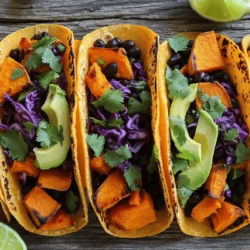 - 2 medium sweet potatoes, peeled and diced - 1 can (15 oz) black beans, drained and rinsed - 1 tablespoon olive oil - 1 teaspoon cumin - 1 teaspoon smoked paprika - ½ teaspoon chili powder - ½ teaspoon garlic powder - Salt and pepper to taste - Corn tortillas (6-8) Sweet potatoes bring a sweet and creamy texture to your tacos. Black beans add protein and a nice earthy flavor. Combining these two creates a hearty base. Use olive oil to help the sweet potatoes roast well. The spices are key, too. Cumin and smoked paprika give warmth and depth. Chili powder and garlic powder add a kick. Adjust salt and pepper to fit your taste. - 1 avocado, sliced - 1 cup red cabbage, thinly sliced - ½ cup cilantro, chopped - Lime wedges, for serving - Optional: Salsa or hot sauce for added flavor Toppings make these tacos even better. Avocado adds a creamy touch. Red cabbage gives a nice crunch and color. Fresh cilantro adds bright flavor. Lime wedges help balance the sweetness. Salsa or hot sauce can spice things up. Pick your favorites to customize your meal! - Baking sheet - Mixing bowl - Small saucepan and skillet Having the right tools makes cooking easier. A baking sheet helps roast sweet potatoes evenly. A mixing bowl is great for combining ingredients. Use a small saucepan for warming black beans. A skillet is perfect for heating tortillas. With these tools, you’ll create delicious tacos in no time. For the complete recipe, check out the Full Recipe. 1. First, preheat your oven to 425°F (220°C). This step is key for roasting. 2. In a large bowl, combine the diced sweet potatoes, olive oil, cumin, smoked paprika, chili powder, garlic powder, salt, and pepper. Mix well until all the sweet potatoes are covered. 1. Next, spread the seasoned sweet potatoes evenly on a baking sheet. Use parchment paper for easy cleanup. 2. Roast them for about 25-30 minutes. Check for tenderness and a golden color. Toss them halfway through for even roasting. 1. While the sweet potatoes cook, take a small saucepan. Heat it over medium heat. 2. Add the drained and rinsed black beans. Sprinkle in a pinch of salt. Warm for 5-7 minutes, stirring until heated through. This adds great flavor. 1. To warm the corn tortillas, use a dry skillet. Heat them over medium heat for about 30 seconds on each side. This makes them soft and pliable. 2. Handle the tortillas carefully to avoid tearing. Keep them warm in a kitchen towel. 1. Now, it’s time to build your tacos. Start with a warm tortilla. 2. Layer in the roasted sweet potatoes, black beans, sliced avocado, and red cabbage. Arrange them nicely for a colorful taco. 3. Finish with fresh cilantro and serve with lime wedges. For some extra kick, add salsa or hot sauce. For the full recipe, refer to the detailed instructions above. Enjoy your cooking! To make your sweet potato and black bean tacos pop, focus on seasoning. Balance is key. You want a mix of savory, smoky, and a little heat. I suggest using cumin and smoked paprika for depth. If you like more spice, add extra chili powder. Tasting as you go helps find your perfect blend. You can also adjust the ingredients. If you want a sweeter touch, add a bit of maple syrup to the sweet potatoes. For a zesty kick, squeeze in lime juice before serving. These tacos are flexible. If you’re vegetarian, they’re already perfect. For vegan options, just skip any dairy toppings. You can also swap black beans for pinto or kidney beans. If you need a gluten-free option, use corn tortillas. They are naturally gluten-free and work great here. You can also try lettuce wraps if you want a lighter version. Pair your tacos with fresh sides for a complete meal. A simple side salad or guacamole works well. You can also serve rice or quinoa for added heartiness. These tacos shine at casual gatherings. They are perfect for taco nights or summer barbecues. They also make a great weekday meal, quick and easy to prepare. {{image_2}} You can mix up the beans in your tacos. Try pinto or kidney beans. They add great taste and texture. If you want to use other vegetables, consider bell peppers or zucchini. These veggies give a nice crunch and extra flavor. Changing spices can give your tacos a new twist. For a warm taste, add cinnamon or nutmeg. If you prefer a spicy kick, try cayenne or crushed red pepper. You can also make sweet versions. Add a drizzle of honey or maple syrup for sweetness. This will change the whole taste of the dish. If you want a low-carb meal, skip the tortillas. Use lettuce wraps instead. They are light and fresh. For those with allergies, check the labels on canned beans. Some may contain allergens. You can also use avocado or pumpkin puree to replace beans for a nut-free option. This makes the dish safe for everyone. To keep your sweet potato and black bean tacos fresh, use proper refrigeration. Place leftovers in an airtight container. Make sure to cool them down first. Store them in the fridge for up to three days. When you’re ready to enjoy them again, reheat carefully. Use a skillet over low heat. This method keeps the tortillas from getting soggy. You can freeze both the sweet potatoes and black beans. To freeze, let them cool completely. Divide them into portions and place in freezer bags. Squeeze out the air before sealing. You can also freeze the corn tortillas separately. When you want to eat, take out what you need. Thaw overnight in the fridge. Reheat in a skillet or microwave until hot. Consume your tacos within three days when stored in the fridge. If frozen, they stay good for about three months. Look for signs of spoilage before eating. If the sweet potatoes smell off or change color, it's best to discard them. Fresh ingredients ensure the best taste and safety. Enjoy your tacos at their peak! To make these tacos vegan, focus on your ingredients. The main components, sweet potatoes and black beans, are already vegan. Use olive oil for cooking. Ensure any toppings, like salsa or hot sauce, are vegan-friendly. For tortillas, corn tortillas are typically vegan. Just check the label for any added ingredients. Yes, you can prepare these tacos ahead of time. Roast the sweet potatoes and warm the black beans in advance. Store each component in separate containers. Keep them in the fridge for 3 to 4 days. When ready to eat, simply reheat the sweet potatoes and black beans. Warm the tortillas just before serving for the best taste. These tacos pair well with a few tasty sides. Consider serving with: - Mexican rice for a filling option - A fresh salad to add crunch - Guacamole for a creamy touch - Roasted veggies for extra flavor If you want to switch things up, try other wraps. Flour tortillas are a common choice. Lettuce leaves can work well for a low-carb option. You can also use whole grain tortillas for added fiber. Just find what suits your taste best! For the complete recipe, check the Full Recipe section. This blog post covered everything you need for tasty sweet potato and black bean tacos. We explored main ingredients, optional toppings, and essential cooking tools. You learned step-by-step instructions for preparation and roasting. We also shared tips for flavor, customization, and serving. Remember, these tacos are fun to make and eat. Experiment with flavors and ingredients. Enjoy your cooking and share with friends!