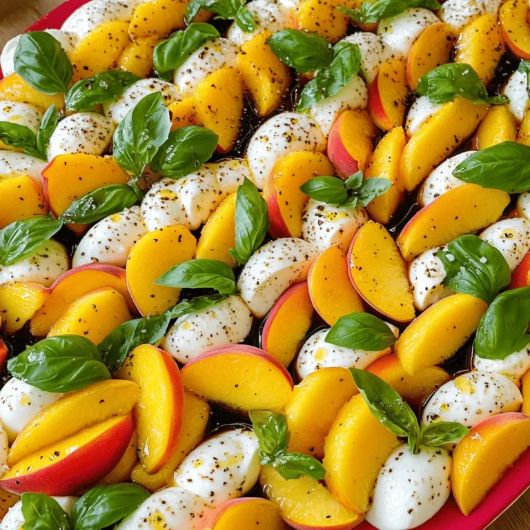 When making Peach Caprese salad, fresh and high-quality ingredients are key. Here’s what you’ll need: - Sliced peaches - Fresh basil leaves - Tomatoes (optional) Peaches are the star of this dish. Choose ripe ones for the best taste. Fresh basil adds a nice aroma and flavor. If you like, add tomatoes for extra color and taste. - Fresh mozzarella cheese Fresh mozzarella is creamy and mild. It pairs perfectly with peaches. Make sure to slice it thick for a good texture. - Olive oil - Balsamic glaze - Salt and pepper Use high-quality olive oil for richness. Balsamic glaze adds sweetness and tang. Don’t forget salt and pepper to enhance all the flavors. For the full recipe and detailed steps, check out the [Full Recipe]. - Wash the peaches under cold water. - Slice the peaches into thin wedges and set aside. - Slice fresh mozzarella into equal thickness. - On a serving platter, layer the sliced peaches and mozzarella. - Alternate the layers for a colorful display. - Tuck fresh basil leaves between the peach and mozzarella slices. - Drizzle balsamic glaze over the salad for sweetness. - Add a light drizzle of olive oil for richness. - Season with salt and freshly cracked black pepper. Let the salad sit for a few minutes. This helps the flavors blend. Enjoy this fresh and tasty summer delight! For the complete recipe, refer to the Full Recipe section above. When picking peaches, look for ones that are soft but not mushy. Ripe peaches smell sweet and have a golden hue. If you can’t find ripe peaches, try nectarines or plums. They can work well in this salad too. For a colorful platter, arrange the peaches and mozzarella in a circular pattern. This makes the salad look inviting. You can also add cherry tomatoes for extra color. Garnish with fresh basil leaves on top for a pop of green. This adds beauty and flavor. To boost flavor, consider adding fresh mint or arugula. These herbs can add a unique twist. Balancing sweetness with acidity is key. The balsamic glaze does this well. If you want more zing, a squeeze of lemon juice works great too. For the full recipe, check out the complete guide. Enjoy your time in the kitchen! {{image_2}} You can change the cheese in a Peach Caprese Salad. If you want to try something different, use burrata or feta cheese. Burrata adds creaminess, while feta brings a salty kick. Both options taste great with peaches. For greens, feel free to swap the basil. You can use arugula or spinach instead. Arugula gives a peppery taste, while spinach is mild and fresh. These greens mix well with the sweet peaches. If you want to switch up the dressing, try a lemon vinaigrette. It adds a bright and zesty flavor that pairs well with the sweet peaches. You can also add nuts or fruits. Chopped walnuts or almonds add crunch. Berries can give a burst of flavor. If you need a gluten-free option, this salad is naturally gluten-free. Just make sure to check your balsamic glaze. For vegan adaptations, replace mozzarella with vegan cheese. There are many great options. This keeps the dish fresh and tasty while meeting dietary needs. For the full recipe, check out the main article. To keep your Peach Caprese Salad fresh in the refrigerator, place it in an airtight container. This helps prevent air from wilting the basil and softening the peaches. It's best to store the salad for no more than two days. If you have leftovers, try to keep the balsamic glaze separate. This keeps the salad from getting soggy. Freezing this salad is not a great option. The texture of fresh peaches and mozzarella changes when frozen. Instead, for meal prep, you can slice the peaches and mozzarella in advance. Store them in separate containers. This way, you can quickly assemble the salad later. Before serving, refresh the salad by adding a drizzle of olive oil and balsamic glaze. This can revive the flavors and brightness. Always check the salad for freshness. If the peaches start to brown or the basil wilts, it may be time to toss it. Remember, safety first! If anything smells off or looks strange, it’s best to discard it. Enjoy your fresh Peach Caprese Salad! For the full recipe, check the earlier section. A Peach Caprese Salad is a fresh dish that pairs sweet peaches with creamy mozzarella. This salad hails from Italy and reimagines the classic Caprese with a fruity twist. Traditionally, Caprese features tomatoes, but peaches add a summer vibe. You get a burst of flavors and colors, making it a great choice for warm days. Yes, you can prepare parts of this salad ahead. Slice the peaches and mozzarella a few hours before serving. Keep them in the fridge to stay fresh. However, I suggest adding the basil, balsamic glaze, and olive oil just before serving. This keeps everything crisp and vibrant. This salad pairs well with grilled chicken or fish. You can serve it with crusty bread or a light pasta dish. For a complete meal, add a refreshing drink, like iced tea or lemonade. The sweet and savory flavors work well together. Yes, this salad is healthy. Peaches are low in calories and rich in vitamins. Fresh mozzarella provides protein and calcium, while basil is full of antioxidants. Olive oil offers healthy fats that are good for your heart. Overall, this dish is a nutritious option for summer. You can use canned peaches, but fresh ones are best. Canned peaches may be softer and sweeter. They might change the texture of the salad. If you use canned peaches, rinse them to reduce sweetness. Fresh peaches add a crunch that makes this dish special. For the full recipe, check out the Peach Caprese Salad details above. In this blog post, we explored the delicious Peach Caprese Salad. We discussed key ingredients like ripe peaches, fresh mozzarella, and vibrant basil. I provided step-by-step instructions for making it easy. You learned tips for selecting the best peaches and creative variations. In closing, this salad is fresh, tasty, and versatile. It’s perfect for any meal or gathering. Enjoy the many ways to make and store it. I hope you feel inspired to try it and share it with friends.