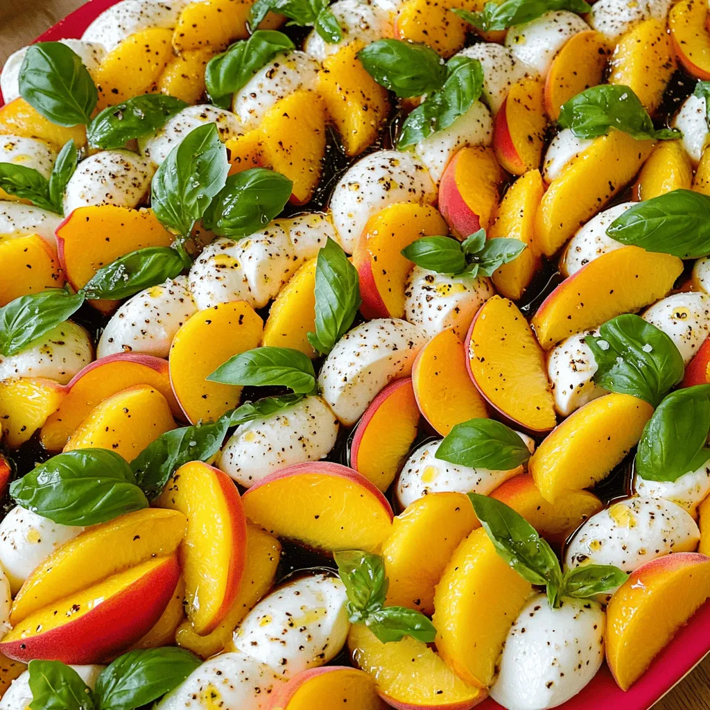 When making Peach Caprese salad, fresh and high-quality ingredients are key. Here’s what you’ll need: - Sliced peaches - Fresh basil leaves - Tomatoes (optional) Peaches are the star of this dish. Choose ripe ones for the best taste. Fresh basil adds a nice aroma and flavor. If you like, add tomatoes for extra color and taste. - Fresh mozzarella cheese Fresh mozzarella is creamy and mild. It pairs perfectly with peaches. Make sure to slice it thick for a good texture. - Olive oil - Balsamic glaze - Salt and pepper Use high-quality olive oil for richness. Balsamic glaze adds sweetness and tang. Don’t forget salt and pepper to enhance all the flavors. For the full recipe and detailed steps, check out the [Full Recipe]. - Wash the peaches under cold water. - Slice the peaches into thin wedges and set aside. - Slice fresh mozzarella into equal thickness. - On a serving platter, layer the sliced peaches and mozzarella. - Alternate the layers for a colorful display. - Tuck fresh basil leaves between the peach and mozzarella slices. - Drizzle balsamic glaze over the salad for sweetness. - Add a light drizzle of olive oil for richness. - Season with salt and freshly cracked black pepper. Let the salad sit for a few minutes. This helps the flavors blend. Enjoy this fresh and tasty summer delight! For the complete recipe, refer to the Full Recipe section above. When picking peaches, look for ones that are soft but not mushy. Ripe peaches smell sweet and have a golden hue. If you can’t find ripe peaches, try nectarines or plums. They can work well in this salad too. For a colorful platter, arrange the peaches and mozzarella in a circular pattern. This makes the salad look inviting. You can also add cherry tomatoes for extra color. Garnish with fresh basil leaves on top for a pop of green. This adds beauty and flavor. To boost flavor, consider adding fresh mint or arugula. These herbs can add a unique twist. Balancing sweetness with acidity is key. The balsamic glaze does this well. If you want more zing, a squeeze of lemon juice works great too. For the full recipe, check out the complete guide. Enjoy your time in the kitchen! {{image_2}} You can change the cheese in a Peach Caprese Salad. If you want to try something different, use burrata or feta cheese. Burrata adds creaminess, while feta brings a salty kick. Both options taste great with peaches. For greens, feel free to swap the basil. You can use arugula or spinach instead. Arugula gives a peppery taste, while spinach is mild and fresh. These greens mix well with the sweet peaches. If you want to switch up the dressing, try a lemon vinaigrette. It adds a bright and zesty flavor that pairs well with the sweet peaches. You can also add nuts or fruits. Chopped walnuts or almonds add crunch. Berries can give a burst of flavor. If you need a gluten-free option, this salad is naturally gluten-free. Just make sure to check your balsamic glaze. For vegan adaptations, replace mozzarella with vegan cheese. There are many great options. This keeps the dish fresh and tasty while meeting dietary needs. For the full recipe, check out the main article. To keep your Peach Caprese Salad fresh in the refrigerator, place it in an airtight container. This helps prevent air from wilting the basil and softening the peaches. It's best to store the salad for no more than two days. If you have leftovers, try to keep the balsamic glaze separate. This keeps the salad from getting soggy. Freezing this salad is not a great option. The texture of fresh peaches and mozzarella changes when frozen. Instead, for meal prep, you can slice the peaches and mozzarella in advance. Store them in separate containers. This way, you can quickly assemble the salad later. Before serving, refresh the salad by adding a drizzle of olive oil and balsamic glaze. This can revive the flavors and brightness. Always check the salad for freshness. If the peaches start to brown or the basil wilts, it may be time to toss it. Remember, safety first! If anything smells off or looks strange, it’s best to discard it. Enjoy your fresh Peach Caprese Salad! For the full recipe, check the earlier section. A Peach Caprese Salad is a fresh dish that pairs sweet peaches with creamy mozzarella. This salad hails from Italy and reimagines the classic Caprese with a fruity twist. Traditionally, Caprese features tomatoes, but peaches add a summer vibe. You get a burst of flavors and colors, making it a great choice for warm days. Yes, you can prepare parts of this salad ahead. Slice the peaches and mozzarella a few hours before serving. Keep them in the fridge to stay fresh. However, I suggest adding the basil, balsamic glaze, and olive oil just before serving. This keeps everything crisp and vibrant. This salad pairs well with grilled chicken or fish. You can serve it with crusty bread or a light pasta dish. For a complete meal, add a refreshing drink, like iced tea or lemonade. The sweet and savory flavors work well together. Yes, this salad is healthy. Peaches are low in calories and rich in vitamins. Fresh mozzarella provides protein and calcium, while basil is full of antioxidants. Olive oil offers healthy fats that are good for your heart. Overall, this dish is a nutritious option for summer. You can use canned peaches, but fresh ones are best. Canned peaches may be softer and sweeter. They might change the texture of the salad. If you use canned peaches, rinse them to reduce sweetness. Fresh peaches add a crunch that makes this dish special. For the full recipe, check out the Peach Caprese Salad details above. In this blog post, we explored the delicious Peach Caprese Salad. We discussed key ingredients like ripe peaches, fresh mozzarella, and vibrant basil. I provided step-by-step instructions for making it easy. You learned tips for selecting the best peaches and creative variations. In closing, this salad is fresh, tasty, and versatile. It’s perfect for any meal or gathering. Enjoy the many ways to make and store it. I hope you feel inspired to try it and share it with friends.