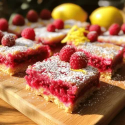 To make these tasty raspberry lemon bars, you need some basic items. Here’s what you need: - 1 cup all-purpose flour - 1/2 cup powdered sugar - 1/4 teaspoon salt - 1/2 cup unsalted butter, softened - 2 large eggs - 1 cup granulated sugar - 2 tablespoons lemon zest (about 2 lemons) - 1/4 cup fresh lemon juice (about 1 lemon) - 1 cup fresh raspberries - 1/4 teaspoon baking powder - Extra powdered sugar for dusting These ingredients work together to create a sweet and tangy treat. The flour and butter form a soft crust. The eggs, sugar, and lemon add flavor and richness. You can boost the flavor of your bars with some extra ingredients. Consider these options: - A pinch of vanilla extract for warmth - A sprinkle of coconut for a tropical twist - Chopped mint for a fresh touch These additions can make your dessert even more special. Feel free to mix and match to find what you enjoy most! To make your raspberry lemon bars, you will need a few tools. Here’s a simple list: - Mixing bowls - Whisk or pastry cutter - 8x8 inch baking pan - Parchment paper - Oven Having the right tools helps ensure your baking goes smoothly. It makes the process fun and easy! For the full recipe, check out the detailed steps in the section that follows. To make the crust, start by preheating your oven to 350°F (175°C). Take an 8x8 inch baking pan and grease it. Line the bottom with parchment paper, leaving some paper hanging over the edges. This will help you lift the bars out later. In a mixing bowl, whisk together the flour, powdered sugar, and salt. Make sure they mix well. Next, add the softened butter. Use your fingers or a pastry cutter to blend until the mix looks crumbly. Press this dough evenly into the bottom of your prepared pan. Bake it for 15 minutes until it turns a light golden color. While the crust bakes, prepare the lemon filling. In a separate bowl, whisk the eggs, granulated sugar, lemon zest, lemon juice, and baking powder until everything is smooth. This will give the filling a bright taste. Now, gently fold in the fresh raspberries. Be careful not to mash them too much. You want to keep those lovely pieces whole for texture and flavor. Once the crust is ready, pour the lemon filling evenly over it. Make sure it spreads out nicely. Place it back in the oven and bake for an additional 20-25 minutes. The filling should be set but still have a slight jiggle in the center. Let the bars cool for about 30 minutes at room temperature. Then, transfer them to the fridge for at least 2 hours. This makes cutting easier. When chilled, lift them out using the parchment paper. Cut into squares and dust with powdered sugar before serving. For the full recipe, check out Raspberry Lemon Bliss Bars. To get a great crust, start with cold butter. Cut it into small pieces before mixing. This helps create a flaky texture. Make sure to press the dough firmly into the pan. Bake it until it is lightly golden. This step gives the crust a nice crunch. For a balanced lemon flavor, use fresh lemons. Zest the lemons first, then juice them. This adds a bright taste. Avoid using bottled lemon juice. It can taste flat and dull. Taste your filling before baking. If it needs more lemon, add a bit more zest or juice. One common mistake is overmixing the eggs. Mix just until everything is combined. Overmixing can lead to a tough texture. Also, be careful not to crush the raspberries too much. Gently fold them in to keep their shape. Lastly, let the bars cool completely before cutting. This helps them hold their shape better. For the full recipe, check out the details above. {{image_2}} You can swap out raspberries for other berries. Blueberries, strawberries, or blackberries work well. Each berry brings its own flavor. Blueberries add sweetness, while strawberries give a nice tart taste. Just use the same amount of berries in the recipe. This change keeps the dessert fresh and fun. To make these bars gluten-free, use almond flour or a gluten-free flour blend. Replace the all-purpose flour with your choice of gluten-free flour. The texture may change slightly, but they will still taste great! Follow the same steps as the original recipe. This way, everyone can enjoy these tasty treats. Coconut can enhance the flavor of your raspberry lemon bars. You can add shredded coconut to the crust. It gives a nice chewiness and tropical taste. Alternatively, try topping the bars with toasted coconut flakes. This adds a crunchy texture and brightens the flavor. It’s a fun twist you and your guests will love! Check out the Full Recipe for more details. To keep your raspberry lemon bars fresh, store them in the fridge. Place them in an airtight container. This helps maintain their taste and texture. If you cut them into squares, put a layer of parchment paper between each layer. This step prevents them from sticking together. Stored this way, they stay good for up to five days. You can also freeze these bars for a later treat. First, let them cool completely. Then, wrap each square in plastic wrap. Place them in a freezer bag or container. Make sure to remove as much air as possible. They can last in the freezer for up to three months. When you're ready to enjoy, just thaw them in the fridge overnight. Reheating raspberry lemon bars is easy. If you prefer them warm, place them in a preheated oven at 350°F (175°C) for about 10 minutes. This warms them up without drying them out. You can also enjoy them cold straight from the fridge. They taste great either way. For extra sweetness, dust them with powdered sugar before serving. Yes, you can use frozen raspberries. They work well in this recipe. Just make sure to thaw and drain them first. This helps prevent excess moisture in your bars. Fresh raspberries have a firmer texture and flavor. However, frozen ones are a great option when fresh berries aren’t available. You can tell when the bars are done by looking at the edges. They should be set and slightly golden. The center may still jiggle a bit. This is okay; it will firm up as the bars cool. A toothpick inserted in the center should come out clean or with a few moist crumbs. Raspberry lemon bars taste great on their own. For a twist, serve them with whipped cream or ice cream. Fresh berries can add a nice touch too. You might also enjoy a scoop of vanilla ice cream on the side. These options enhance the sweet and tart flavors of the bars. For the full recipe, check out the instructions above! You learned how to make tasty raspberry lemon bars. We covered key ingredients, tools, and step-by-step instructions. I shared tips to help you avoid mistakes and variations to explore. Proper storage and reheating methods will keep your bars fresh. Now, it’s time to try this recipe. Enjoy the sweet and tangy flavors. Happy baking!