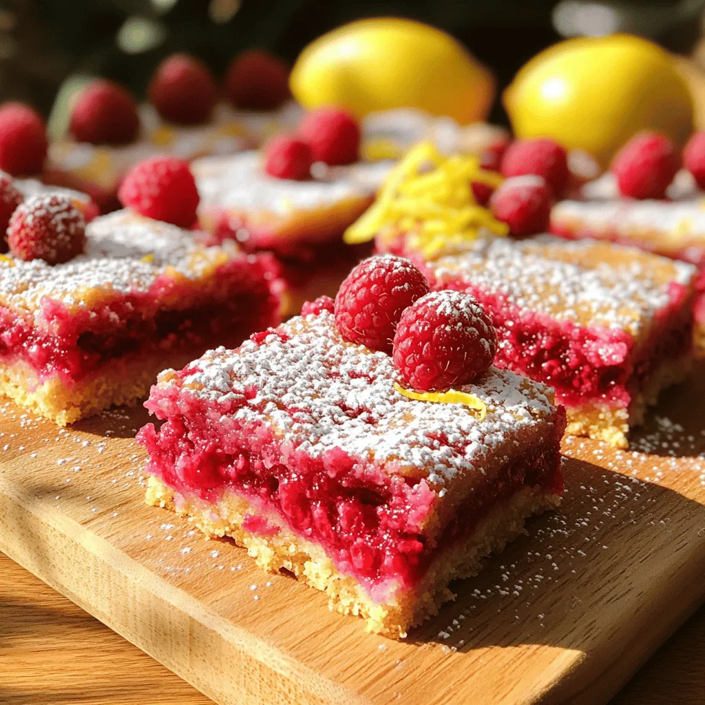 To make these tasty raspberry lemon bars, you need some basic items. Here’s what you need: - 1 cup all-purpose flour - 1/2 cup powdered sugar - 1/4 teaspoon salt - 1/2 cup unsalted butter, softened - 2 large eggs - 1 cup granulated sugar - 2 tablespoons lemon zest (about 2 lemons) - 1/4 cup fresh lemon juice (about 1 lemon) - 1 cup fresh raspberries - 1/4 teaspoon baking powder - Extra powdered sugar for dusting These ingredients work together to create a sweet and tangy treat. The flour and butter form a soft crust. The eggs, sugar, and lemon add flavor and richness. You can boost the flavor of your bars with some extra ingredients. Consider these options: - A pinch of vanilla extract for warmth - A sprinkle of coconut for a tropical twist - Chopped mint for a fresh touch These additions can make your dessert even more special. Feel free to mix and match to find what you enjoy most! To make your raspberry lemon bars, you will need a few tools. Here’s a simple list: - Mixing bowls - Whisk or pastry cutter - 8x8 inch baking pan - Parchment paper - Oven Having the right tools helps ensure your baking goes smoothly. It makes the process fun and easy! For the full recipe, check out the detailed steps in the section that follows. To make the crust, start by preheating your oven to 350°F (175°C). Take an 8x8 inch baking pan and grease it. Line the bottom with parchment paper, leaving some paper hanging over the edges. This will help you lift the bars out later. In a mixing bowl, whisk together the flour, powdered sugar, and salt. Make sure they mix well. Next, add the softened butter. Use your fingers or a pastry cutter to blend until the mix looks crumbly. Press this dough evenly into the bottom of your prepared pan. Bake it for 15 minutes until it turns a light golden color. While the crust bakes, prepare the lemon filling. In a separate bowl, whisk the eggs, granulated sugar, lemon zest, lemon juice, and baking powder until everything is smooth. This will give the filling a bright taste. Now, gently fold in the fresh raspberries. Be careful not to mash them too much. You want to keep those lovely pieces whole for texture and flavor. Once the crust is ready, pour the lemon filling evenly over it. Make sure it spreads out nicely. Place it back in the oven and bake for an additional 20-25 minutes. The filling should be set but still have a slight jiggle in the center. Let the bars cool for about 30 minutes at room temperature. Then, transfer them to the fridge for at least 2 hours. This makes cutting easier. When chilled, lift them out using the parchment paper. Cut into squares and dust with powdered sugar before serving. For the full recipe, check out Raspberry Lemon Bliss Bars. To get a great crust, start with cold butter. Cut it into small pieces before mixing. This helps create a flaky texture. Make sure to press the dough firmly into the pan. Bake it until it is lightly golden. This step gives the crust a nice crunch. For a balanced lemon flavor, use fresh lemons. Zest the lemons first, then juice them. This adds a bright taste. Avoid using bottled lemon juice. It can taste flat and dull. Taste your filling before baking. If it needs more lemon, add a bit more zest or juice. One common mistake is overmixing the eggs. Mix just until everything is combined. Overmixing can lead to a tough texture. Also, be careful not to crush the raspberries too much. Gently fold them in to keep their shape. Lastly, let the bars cool completely before cutting. This helps them hold their shape better. For the full recipe, check out the details above. {{image_2}} You can swap out raspberries for other berries. Blueberries, strawberries, or blackberries work well. Each berry brings its own flavor. Blueberries add sweetness, while strawberries give a nice tart taste. Just use the same amount of berries in the recipe. This change keeps the dessert fresh and fun. To make these bars gluten-free, use almond flour or a gluten-free flour blend. Replace the all-purpose flour with your choice of gluten-free flour. The texture may change slightly, but they will still taste great! Follow the same steps as the original recipe. This way, everyone can enjoy these tasty treats. Coconut can enhance the flavor of your raspberry lemon bars. You can add shredded coconut to the crust. It gives a nice chewiness and tropical taste. Alternatively, try topping the bars with toasted coconut flakes. This adds a crunchy texture and brightens the flavor. It’s a fun twist you and your guests will love! Check out the Full Recipe for more details. To keep your raspberry lemon bars fresh, store them in the fridge. Place them in an airtight container. This helps maintain their taste and texture. If you cut them into squares, put a layer of parchment paper between each layer. This step prevents them from sticking together. Stored this way, they stay good for up to five days. You can also freeze these bars for a later treat. First, let them cool completely. Then, wrap each square in plastic wrap. Place them in a freezer bag or container. Make sure to remove as much air as possible. They can last in the freezer for up to three months. When you're ready to enjoy, just thaw them in the fridge overnight. Reheating raspberry lemon bars is easy. If you prefer them warm, place them in a preheated oven at 350°F (175°C) for about 10 minutes. This warms them up without drying them out. You can also enjoy them cold straight from the fridge. They taste great either way. For extra sweetness, dust them with powdered sugar before serving. Yes, you can use frozen raspberries. They work well in this recipe. Just make sure to thaw and drain them first. This helps prevent excess moisture in your bars. Fresh raspberries have a firmer texture and flavor. However, frozen ones are a great option when fresh berries aren’t available. You can tell when the bars are done by looking at the edges. They should be set and slightly golden. The center may still jiggle a bit. This is okay; it will firm up as the bars cool. A toothpick inserted in the center should come out clean or with a few moist crumbs. Raspberry lemon bars taste great on their own. For a twist, serve them with whipped cream or ice cream. Fresh berries can add a nice touch too. You might also enjoy a scoop of vanilla ice cream on the side. These options enhance the sweet and tart flavors of the bars. For the full recipe, check out the instructions above! You learned how to make tasty raspberry lemon bars. We covered key ingredients, tools, and step-by-step instructions. I shared tips to help you avoid mistakes and variations to explore. Proper storage and reheating methods will keep your bars fresh. Now, it’s time to try this recipe. Enjoy the sweet and tangy flavors. Happy baking!