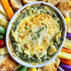 To make creamy spinach artichoke dip, gather these ingredients: - 1 cup frozen spinach, thawed and drained - 1 cup artichoke hearts, chopped (canned or frozen) - 1 cup cream cheese, softened - 1/2 cup sour cream - 1/2 cup mayonnaise - 1 cup shredded mozzarella cheese - 1/2 cup grated Parmesan cheese - 2 cloves garlic, minced - 1 teaspoon onion powder - 1 teaspoon dried oregano - Salt and pepper to taste If you need to swap some ingredients, here are my tips: - Use fresh spinach instead of frozen. Just cook it down first. - Swap Greek yogurt for sour cream for a tangy twist. - Replace cream cheese with cashew cream for a vegan option. - You can use any cheese you like, but mozzarella gives a nice melt. - Try fresh herbs instead of dried for a brighter flavor. This dip serves about eight people. Here’s a rough breakdown per serving: - Calories: 250 - Total fat: 20g - Saturated fat: 10g - Carbohydrates: 10g - Protein: 8g Always adjust based on your ingredient choices. For more details, check the Full Recipe. To make this creamy spinach artichoke dip, first, gather your ingredients. You will need: - 1 cup frozen spinach, thawed and drained - 1 cup artichoke hearts, chopped (canned or frozen) - 1 cup cream cheese, softened - 1/2 cup sour cream - 1/2 cup mayonnaise - 1 cup shredded mozzarella cheese - 1/2 cup grated Parmesan cheese - 2 cloves garlic, minced - 1 teaspoon onion powder - 1 teaspoon dried oregano - Salt and pepper to taste Start by preheating your oven to 350°F (175°C). In a large mixing bowl, combine the softened cream cheese, sour cream, and mayonnaise. Mix these until you get a smooth, creamy base. Next, fold in the chopped spinach and artichoke hearts. Then, add the mozzarella and Parmesan cheese. Stir until everything is well mixed. Toss in the minced garlic, onion powder, dried oregano, and a pinch of salt and pepper. Make sure all the flavors blend well. Once your dip is ready, transfer it to a baking dish. Spread it out evenly. Place the dish in your preheated oven. Bake for about 25 to 30 minutes, or until the top is golden and bubbly. Keep an eye on it to avoid overcooking. After baking, carefully pull the dish out of the oven. Let it cool for a few minutes before serving. Serving this dip is easy and fun. Enjoy it warm with toasted baguette slices, crispy tortilla chips, or fresh vegetable sticks. To make it look nice, sprinkle some extra Parmesan on top. Adding a few chopped herbs can also brighten the dish. This creamy spinach artichoke dip is a tasty treat that everyone will love. For the full recipe, check above. To get the best creamy texture, use softened cream cheese. It blends well with the other ingredients. Make sure to drain the spinach well. Excess water can make your dip runny. Mix all the cheeses with care. This helps them melt evenly and taste great. Bake until the top is golden and bubbling. This gives the dip a nice crust. Don't skip the garlic! It adds great flavor. Avoid using too much spinach; too much can overpower the dip. Watch the baking time closely. Baking for too long can dry out the dip. Also, don’t forget to taste before serving. Adjust salt and pepper to your liking. You need a mixing bowl for combining the ingredients. A spatula works well for mixing. Use a baking dish that can hold all the dip. An oven mitt is a must to safely take the dip out. A serving spoon will help you scoop out the dip easily. For a fancy touch, consider using a nice platter to serve. For the full recipe, check out the detailed instructions above. {{image_2}} You can boost the taste of your creamy spinach artichoke dip easily. Adding spices makes it fun and tasty. Try adding a pinch of cayenne pepper for heat. You can also mix in some crushed red pepper for a kick. Want more depth? Add a teaspoon of smoked paprika. This will give your dip a warm, smoky flavor. Fresh herbs like basil or thyme can add brightness. Just chop them up and mix them in before baking. If you want a lighter dip, there are easy swaps. Use Greek yogurt instead of sour cream. This change adds protein while lowering fat. You can also use low-fat cream cheese for a health boost. For a dairy-free option, try cashew cream. Just soak cashews and blend them until smooth. Use fresh spinach instead of frozen for more nutrients. These swaps keep the dip creamy and delicious without all the calories. To make your dip party-ready, think of fun add-ins. Chopped sun-dried tomatoes can add a burst of flavor. You can also mix in cooked bacon for a savory twist. Want a touch of sweetness? Add diced roasted red peppers. For a crunch, stir in chopped nuts like walnuts or almonds. These additions not only taste great but also make your dip stand out. For the full recipe, check out the Creamy Spinach Artichoke Bliss Dip. After you enjoy this creamy spinach artichoke dip, store leftovers in an airtight container. Let it cool first. Then, place it in the fridge. It will stay fresh for up to four days. Be sure to cover it well to keep it from drying out. To reheat, scoop the dip into an oven-safe dish. Preheat your oven to 350°F (175°C). Bake for about 15 minutes until it's hot and bubbly. Stir it halfway for even warmth. You can also use a microwave if you're in a hurry. Heat it in 30-second bursts, stirring in between, until it’s warm. You can freeze this dip for later use. First, let it cool completely. Transfer the dip to a freezer-safe container. Seal it tightly, leaving some space for expansion. It can last up to three months in the freezer. When you’re ready to use it, thaw it in the fridge overnight before reheating. Enjoy this delicious treat whenever you like! For the full recipe, check out the section above. You have many tasty options to serve with this dip. Try these: - Toasted baguette slices - Tortilla chips - Vegetable sticks like carrots and celery - Pita chips or crackers These are all great choices. They add crunch and flavor to each bite. The dip tastes best when warm. Yes, you can make this dip ahead of time. Prepare it and store it in the fridge. You can make it up to two days in advance. Just cover it well. When you are ready to bake, let it sit out for about 30 minutes. Then, bake as directed in the Full Recipe. This will help it cook evenly. To add some heat, try these ideas: - Mix in 1/4 teaspoon of cayenne pepper. - Add diced jalapeños to the mixture. - Stir in a few dashes of hot sauce. These additions will give your dip a nice kick. Adjust the spice level to your taste! This blog post covers every aspect of making a creamy spinach artichoke dip. We explored the right ingredients and substitutions to enhance flavor. I shared step-by-step instructions to ensure your dip turns out perfect. You learned tips to avoid common mistakes and suggested tools for ease. Variations allow you to customize your dip for any occasion. Lastly, proper storage methods keep your leftovers fresh. Enjoy making and sharing this delicious dip for your next gathering.