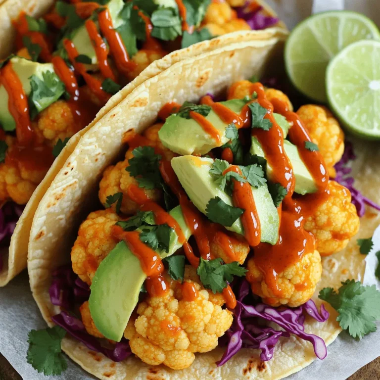 - 1 medium head of cauliflower - 1 cup all-purpose flour - 1 cup buffalo sauce - 8 small tortillas - Garlic powder and onion powder - Smoked paprika and salt - Avocado, red cabbage, and cilantro - Lime wedges for serving - Vegan ranch or sour cream The key to great Buffalo Cauliflower Tacos lies in the ingredients. First, you need a medium head of cauliflower. This will give you plenty of florets to work with. Next, all-purpose flour acts as the base for the batter. You mix it with water and seasonings to create a tasty coating. Buffalo sauce is the star of this dish. It adds a spicy kick that makes the tacos so enjoyable. You can use store-bought sauce or make your own if you prefer. Don't forget about the tortillas! Small tortillas serve as the perfect vessel for your tacos. For seasonings, garlic powder and onion powder add depth to the batter. Smoked paprika gives a nice smoky flavor, while salt brings everything together. Now, let’s talk toppings. Avocado adds creaminess, red cabbage adds crunch, and cilantro brings freshness. These toppings elevate your tacos to another level. If you want to take it up a notch, lime wedges are a great addition. They add brightness and zest. Vegan ranch or sour cream can add a creamy touch if you like. For the full recipe, check out the details above. First, you need to preheat your oven to 450°F (230°C). While your oven heats, line a baking sheet with parchment paper. This will help prevent sticking. Next, grab a mixing bowl. In it, whisk together the flour, garlic powder, onion powder, smoked paprika, and salt. Now, slowly add the water. Keep whisking until the batter is smooth and lump-free. This batter will coat the cauliflower nicely. Once your batter is ready, take the cauliflower head and cut it into florets. Dip each floret into the batter. Make sure to let the excess batter drip off. Place the coated florets on your prepared baking sheet. Bake the cauliflower in the oven for 20 to 25 minutes. Don't forget to turn them halfway through. This step ensures they get nice and crispy. After baking, take the cauliflower out of the oven. Place it into a large bowl, and pour in the buffalo sauce. Toss the cauliflower well until every piece is coated. This adds a delicious kick. Now, return the coated cauliflower to the baking sheet. Bake it again for another 10 minutes. This final bake makes the texture even better. Enjoy the thrill of cooking Buffalo Cauliflower Tacos with this easy method. For the complete experience, check out the Full Recipe. To get that crisp texture, the batter must be just right. It should be smooth but thick enough to coat the florets. If it's too runny, the cauliflower won’t crisp up well. I recommend using a whisk to blend flour and water until you see no lumps. For baking, start with a high temperature. Preheat your oven to 450°F (230°C). This heat helps create that golden, crispy exterior. Bake the cauliflower for 20-25 minutes, flipping halfway through. If you want even more crunch, add an extra 10 minutes after tossing in buffalo sauce. Layering your tacos is key to great flavor. Start with a tortilla, then add a generous scoop of buffalo cauliflower. This base brings the bold taste. Next, add avocado slices for creaminess, then top with shredded red cabbage for crunch. Finish with fresh cilantro for brightness. For presentation, stack the tacos on a plate and add lime wedges on the side. This not only looks nice but allows for a zesty kick when serving. Avoid over-baking or under-baking your cauliflower. Over-baking can make it too dry, while under-baking leads to sogginess. Check for a nice golden color to know it's done. Do not skip any seasoning steps. Each spice adds depth to the dish. A well-seasoned batter makes a huge difference in flavor. Missing even one step can leave your tacos tasting bland. For the full recipe, check out the complete guide to Buffalo Cauliflower Tacos! {{image_2}} You can change the heat of your buffalo sauce. For a milder flavor, mix in a bit of honey or ranch dressing. This will tone down the spice while adding creaminess. If you love heat, add cayenne pepper or chili powder to the sauce. For a smoky flavor, try adding smoked paprika. You can make the sauce unique with these simple changes. Buffalo cauliflower tacos are great, but you can add other proteins too. Beans or lentils work well for a hearty touch. They add fiber and protein while keeping the meal plant-based. If you want to switch the veggies, try mushrooms or zucchini. These options will change the texture and flavor, making each taco special. If you need gluten-free options, use almond flour or chickpea flour instead of all-purpose flour. Both are great substitutes and work well in the batter. For a vegan twist, you can skip the eggs and use a flaxseed mix instead. This keeps the tacos vegan while still being delicious. You can adapt the recipe to fit your needs easily. You can find the full recipe at the beginning of this article. To keep your Buffalo Cauliflower Tacos fresh, store them in the fridge. Place the tacos in an airtight container. This keeps them from drying out. If you have leftover cauliflower and toppings, store them separately. This way, the tortillas won't get soggy. When you’re ready to enjoy leftovers, reheat them carefully. You can use the oven or a skillet. For the oven, set it to 350°F (175°C). Place the tacos on a baking sheet. Heat for about 10 minutes. If you use a skillet, warm them on medium heat for a few minutes. This keeps the tortillas nice and soft. To refresh flavors, add a squeeze of lime juice before serving. You can freeze baked cauliflower for later use. Let it cool completely, then place it in a freezer bag. Remove as much air as possible. When you’re ready to eat, thaw the cauliflower in the fridge overnight. To reassemble the tacos, warm the tortillas and add the thawed cauliflower. Top with your fresh toppings for a tasty meal. Buffalo Cauliflower Tacos can last up to three days in the fridge. To keep them fresh, store them in an airtight container. Make sure to separate the tortillas from the cauliflower. This helps prevent them from getting soggy. If you notice any moisture, use paper towels to absorb it. Yes, you can prep Buffalo Cauliflower Tacos ahead. You can make the cauliflower and store it in the fridge for up to two days. Just reheat it in the oven for a crispy texture. You can also prepare the toppings in advance. Keep the avocado slices and cabbage in separate containers until ready to serve. These tacos pair well with many sides. Here are some ideas: - Mexican rice for a filling meal - Black beans for added protein - Fresh corn salad for a crunchy side - Simple guacamole for extra flavor - Chips and salsa for a fun crunch Buffalo Cauliflower Tacos combine tasty ingredients and simple steps. We prepped the cauliflower, used a healthy batter, and baked it to perfection. I shared tips for crispiness, taco assembly, and common mistakes to avoid. You can even mix it up with different heat levels and proteins. Enjoy making these tacos! They are easy, fun, and tasty. Try serving them with fresh toppings and sides you love. You won't regret this flavor-packed meal!