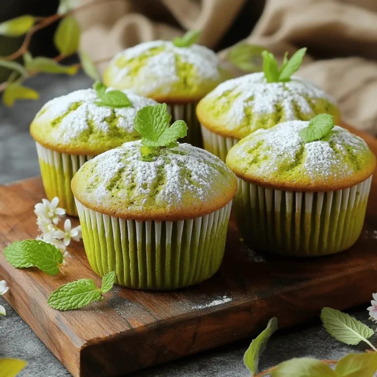 To make matcha green tea muffins, gather these ingredients: - 1 cup all-purpose flour - 1/2 cup almond flour - 2 tablespoons matcha green tea powder - 1 teaspoon baking powder - 1/2 teaspoon baking soda - 1/4 teaspoon salt - 1/2 cup granulated sugar - 1/4 cup honey or maple syrup - 1/2 cup unsweetened applesauce - 1/4 cup vegetable oil or melted coconut oil - 2 large eggs - 1 teaspoon vanilla extract - 1/2 cup white chocolate chips or dark chocolate chips (optional) For this recipe, I use standard measurement units. It’s important to measure accurately. This ensures each muffin has the right texture and flavor. - Use cups for dry ingredients like flour and sugar. - Use tablespoons for smaller amounts like matcha powder and baking powder. - Use teaspoons for baking soda and vanilla extract. - Use cups for wet ingredients like applesauce and oil. Matcha green tea powder is the star of this recipe. It has many health benefits: - Rich in Antioxidants: Matcha contains catechins. These help fight free radicals in your body. - Boosts Metabolism: Matcha may help increase your metabolism, aiding weight management. - Enhances Mood: It can improve focus and calmness due to L-theanine. Almond flour is another key ingredient: - Low in Carbs: Almond flour is lower in carbs than regular flour. - High in Protein: It provides more protein and healthy fats. Using applesauce instead of oil adds moisture and fiber. It also cuts down on calories. These ingredients together make a tasty, nourishing treat. For the full recipe, check the detailed instructions. Start by gathering all your ingredients. You will need flour, matcha powder, sugar, and eggs. Preheat your oven to 350°F (175°C). Line your muffin tin with paper liners or grease it lightly. In a medium bowl, mix the all-purpose flour, almond flour, matcha green tea powder, baking powder, baking soda, and salt. Whisk these dry ingredients until they are well combined. In a large bowl, mix the granulated sugar, honey or maple syrup, applesauce, vegetable oil, eggs, and vanilla extract. Stir until smooth. Now, slowly add the dry mix to the wet mix. Use a spatula to fold them together gently. It is important not to overmix. If you want some sweetness, fold in chocolate chips at this point. Once your batter is ready, divide it evenly into the muffin cups. Fill each cup about two-thirds full. This allows room for the muffins to rise. Place the muffin tin in the preheated oven. Bake for 18 to 20 minutes. To check if they are done, insert a toothpick into the center of a muffin. If it comes out clean, your muffins are ready. If not, give them a few more minutes. After baking, remove the muffins from the oven. Let them cool in the pan for about five minutes. Then, transfer them to a wire rack to cool completely. For a fun touch, serve them warm or at room temperature. You can dust them with powdered sugar for a sweet look. Adding fresh mint leaves or edible flowers can make the presentation pop. You can find the full recipe for these delightful muffins and impress your friends and family with your baking skills! If your muffins are too dry, you may have overbaked them. Always check for doneness with a toothpick. If it comes out clean, they are ready. If your muffins are too dense, try not to overmix the batter. Gentle folding is key to keeping them light and fluffy. For a soft and moist texture, use applesauce. It adds moisture without extra fat. Mixing the dry and wet ingredients separately helps maintain the right texture. Make sure to fold the batter just until combined. This keeps air in and gives you that perfect rise. To boost the flavor, add extra matcha or a splash of vanilla. You can also mix in nuts or fruits for added texture. For a lovely look, dust the muffins with powdered sugar. Fresh mint leaves or edible flowers will make them pop. Serve them warm for the best taste experience. For the complete recipe, check the [Full Recipe]. {{image_2}} You can swap flours easily in this recipe. If you want a nutty taste, use whole wheat flour instead of all-purpose flour. If you prefer gluten-free options, try almond flour or coconut flour. Each flour brings its flavor and texture, so test different combinations. This adds a fun twist to your muffins. Feel free to get creative with mix-ins! You can add chopped nuts, like walnuts or pecans, for a crunchy bite. Dried fruits, such as cranberries or blueberries, bring sweetness and chew. For chocolate lovers, toss in chocolate chips. You can add spices, like cinnamon or ginger, for extra warmth. Each add-in helps personalize your muffins. Making your muffins gluten-free is simple. Just use only gluten-free flour blends. For a vegan version, replace eggs with flaxseed meal or chia seeds mixed with water. Use plant-based milk instead of regular milk. Swap honey for maple syrup to keep it vegan-friendly. These modifications keep the muffins tasty while meeting dietary needs. Enjoy making them your way! To keep your matcha green tea muffins fresh, store them in an airtight container. This helps prevent moisture loss. Place the muffins at room temperature for up to three days. If you want them to last longer, consider refrigeration. Just remember, refrigeration can change their texture. Freezing muffins is a great way to enjoy them later. First, let the muffins cool completely. Then, wrap each muffin tightly in plastic wrap. Place the wrapped muffins in a freezer-safe bag or container. Label and date the bag. These muffins can stay fresh in the freezer for up to three months. When you're ready to enjoy a muffin, take one out of the freezer. Unwrap it and place it on a microwave-safe plate. Heat it for about 20-30 seconds. If you want a warm muffin without the microwave, preheat your oven to 350°F (175°C). Place the muffin on a baking sheet for about 5-7 minutes. This keeps the muffin soft and tasty! Enjoy your matcha muffins as a delightful treat any time of day! For the complete recipe, check out the Full Recipe section. Yes, you can use different sweeteners. Instead of granulated sugar, try coconut sugar. It has a nice flavor. You can also use agave syrup in place of honey or maple syrup. Each sweetener gives a unique taste. Adjust the amount to match your taste. To check if the muffins are done, use a toothpick. Insert it into the center of a muffin. If it comes out clean, the muffins are ready. If there’s batter on the toothpick, bake them a few more minutes. Keep an eye on them to avoid overbaking. You can easily replace eggs. Use 1/4 cup of unsweetened applesauce for each egg. This works well in most recipes. You can also use flaxseed meal mixed with water. Combine one tablespoon of flaxseed meal with two and a half tablespoons of water. Let it sit for a few minutes until it thickens. These substitutes keep your muffins moist and fluffy. You learned how to make matcha green tea muffins with healthful ingredients. We discussed step-by-step instructions for perfect muffins. I shared tips to avoid common problems and enhance flavor. You can even try different flours or dietary swaps. With proper storage, your muffins will stay fresh longer. Enjoy your baking journey and explore the world of matcha. Each bite can boost your day with taste and health!