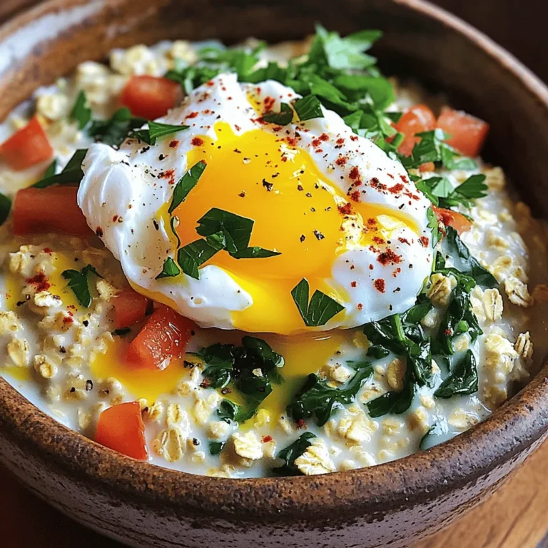 To make savory oatmeal with egg, you need simple and fresh ingredients. Each item adds flavor and nutrition. Here’s the list: - Oats and Broth - 1 cup rolled oats - 2 cups vegetable broth (or water) - Vegetables - 1 teaspoon olive oil - 1 small onion, finely chopped - 2 cloves garlic, minced - 1 cup spinach, chopped - 1 medium tomato, diced - Seasonings - 1/2 teaspoon smoked paprika - Salt and pepper to taste - Eggs and Garnish - 2 large eggs - Fresh herbs for garnish (e.g., parsley or chives) These ingredients make a wholesome and filling meal. The oats provide fiber, and the eggs add protein. I love how the spices and fresh herbs brighten the dish. You can find the full recipe above, which guides you through each step to create this tasty meal. 1. Bringing Broth to a Simmer Start by pouring the vegetable broth into a medium saucepan. Heat it over medium heat. Wait until it starts to simmer, which means small bubbles will form on the surface. 2. Adding Oats Once the broth is simmering, stir in the rolled oats. Make sure they are well mixed in the broth. 3. Cooking Time and Consistency Cook the oats for about 5 to 7 minutes. Stir them occasionally. You want them to be creamy and tender. The oats should soak up the broth and become soft. 1. Sautéing Onions and Garlic In a separate pan, heat the olive oil over medium heat. Add the finely chopped onion. Cook for about 3 to 4 minutes until the onion is soft. Then add the minced garlic. Sauté for one more minute until it smells amazing. 2. Adding Spinach and Tomato Next, stir in the chopped spinach and diced tomato. Cook for 2 to 3 minutes. The spinach will wilt and the tomato will soften. 1. Preparing the Poaching Water In another small pan, fill it with water and bring it to a light simmer. The water should not boil. It should be hot enough to cook the eggs gently. 2. Tips for Perfectly Poached Eggs Crack each egg into a small bowl. Gently slide the egg into the simmering water. Cook the eggs for about 3 to 4 minutes. The whites should be set, but the yolks should still be runny. Spoon the savory oatmeal into bowls, top each with a poached egg, and enjoy! This dish is wholesome and filling, perfect for any meal. For the full recipe, check out the earlier section. Achieving Creamy Oatmeal To get creamy oatmeal, use rolled oats instead of instant oats. This choice gives a nice texture. Cook the oats in vegetable broth for added flavor. Stir occasionally during cooking. This helps release the starch and makes the oats silky smooth. If you want it even creamier, add a splash of milk or a dollop of yogurt just before serving. Adjusting Seasoning Levels Start with a pinch of salt and pepper. Taste your oatmeal after mixing in the sautéed veggies. You can always add more seasoning. Smoked paprika adds a nice depth, but feel free to swap it. Try chili flakes for heat or Italian herbs for a different flavor. Just remember to adjust slowly, so it doesn’t overpower the dish. Garnishing Options A simple garnish can elevate your dish. Fresh herbs like parsley or chives add color and flavor. You can also sprinkle some red pepper flakes for a spicy kick. A drizzle of olive oil on top gives a nice shine and richness. Be creative and add toppings you love! Serving Suggestions Serve your savory oatmeal in bowls. Top each bowl with a perfectly poached egg. The runny yolk adds a creamy texture. Pair it with crusty bread or a fresh salad for a complete meal. Enjoy it for breakfast, lunch, or dinner! For the full recipe, check out the details above. {{image_2}} Different Vegetables You can change the veggies in your savory oatmeal. Try using kale instead of spinach. Zucchini adds a nice crunch. Bell peppers bring sweetness. You can even toss in some mushrooms for earthiness. Each choice adds its own unique flavor. Alternative Proteins If you want a different protein, consider using tofu or tempeh. Cook them until they are golden and crispy. You can also add beans or lentils for a hearty boost. These swaps make your meal filling and nutritious. Spices and Herbs Spices can change your dish completely. Try adding cumin for warmth or turmeric for color. Fresh herbs like basil or cilantro can brighten the dish. Experiment to find your favorite combinations. Cheese Options Cheese can add creaminess and depth. Feta brings a tangy flavor, while cheddar gives a sharp kick. You can even use goat cheese for a rich texture. Sprinkle your choice on top just before serving for a delightful finish. To keep your savory oatmeal fresh, you should store it properly. First, let it cool down to room temperature. Then, place the oatmeal in an airtight container. You can store it in the fridge for up to three days. For freezing, use freezer-safe bags or containers. This allows you to keep it for up to three months. Just make sure to label them with the date. When you want to enjoy your oatmeal again, the best method is the stove. Pour the oatmeal into a pan and add a splash of water or broth. Heat it over medium-low heat, stirring gently. This will help bring it back to a creamy texture. You can also use the microwave. Place the oatmeal in a microwave-safe bowl. Add some water, cover it, and heat it in short bursts. Stir between intervals to avoid hot spots. Avoid overcooking, as it can make the oatmeal dry. Just heat it until warm, and it’s ready to serve. If you’ve stored poached eggs, reheat them gently in warm water for a minute. This will keep them soft and tasty. You can replace eggs with other protein sources. Try adding cooked beans, lentils, or tofu. They add great taste and texture. You can also mix in some nuts or seeds for crunch. This makes your meal hearty and satisfying. Yes, you can easily make this dish vegan. For eggs, use silken tofu or a flax egg. To replace vegetable broth, use water or a homemade vegetable stock. These swaps keep your savory oatmeal tasty and plant-based. You can customize savory oatmeal in many ways. Add different vegetables like bell peppers, mushrooms, or carrots. Experiment with spices such as cumin or chili powder. You could also mix in cheese or avocado for creaminess. The options are endless! Savory oatmeal lasts about three to five days in the fridge. Store it in an airtight container to keep it fresh. Reheat it gently on the stove or in the microwave before eating. This way, you can enjoy your meal later! For the full recipe, check out [Full Recipe]. Savory oatmeal is a simple, tasty meal that offers many options. We covered the key ingredients, cooking methods, and tips for creamy texture. You can also find ways to mix up the flavors and customize this dish to fit your tastes. Remember to store leftovers properly for future meals. Enjoy the journey of creating your perfect savory oatmeal bowl, and don’t hesitate to experiment. Each bite can be a new favorite!