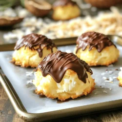 To make coconut macaroons, you need a few key items: - 2 ¾ cups sweetened shredded coconut - ½ cup sweetened condensed milk - 1 teaspoon vanilla extract - ¼ teaspoon almond extract - 2 large egg whites - Pinch of salt These ingredients work together to create the chewy, sweet texture that makes macaroons so special. The sweetened shredded coconut is the star here. It gives the macaroons their coconut flavor and chewy bite. The sweetened condensed milk adds richness and sweetness, which is key for this treat. You can add some fun twists to your macaroons: - ½ cup semi-sweet chocolate chips (for drizzling) - A pinch of citrus zest for a fresh touch - Chopped nuts for added crunch These options let you play with flavors. Drizzling chocolate on top adds a nice contrast to the coconut. Citrus zest can brighten the taste, while nuts give a different texture. If you lack an ingredient, here are some swaps: - Use unsweetened coconut for less sweetness. - Swap almond extract with more vanilla extract for a different flavor. - Aquafaba (chickpea water) can replace egg whites for a vegan version. These substitutions keep your macaroons tasty and allow you to work with what you have at home. Remember, the goal is to keep the chewy texture, so choose wisely! You can find the full recipe to guide you through the process. Start by gathering all your ingredients. You need 2 ¾ cups of sweetened shredded coconut, ½ cup of sweetened condensed milk, and two large egg whites. Also, grab 1 teaspoon of vanilla extract, ¼ teaspoon of almond extract, and a pinch of salt. If you want, get ½ cup of semi-sweet chocolate chips for drizzling. Preheat your oven to 325°F (160°C) and line a baking sheet with parchment paper. In a mixing bowl, add the shredded coconut, sweetened condensed milk, vanilla extract, and almond extract. Use a spatula to mix everything well. You want all the coconut to be coated evenly. This mixture creates the sweet, chewy base of your macaroons. In another large bowl, take the two egg whites and add a pinch of salt. Beat them with an electric mixer until soft peaks form. This step is key. The beaten egg whites will make your macaroons light and fluffy. Be careful not to overbeat; you just want soft peaks. Now, gently fold the beaten egg whites into the coconut mixture. Use a spatula, and be gentle to keep the fluffiness. Once combined, use a teaspoon or small ice cream scoop to drop mounds onto your baking sheet. Space them about 2 inches apart. Bake in your preheated oven for 15 to 20 minutes, or until the tops turn golden brown. After baking, take the macaroons out of the oven and let them cool for a few minutes. Then, transfer them to a wire rack to cool completely. If you want to add chocolate, melt the chocolate chips in a microwave-safe bowl. Heat in 20-second intervals, stirring in between until smooth. Once melted, drizzle the chocolate over your cooled macaroons. Allow the chocolate to set before enjoying these sweet treats. For the complete recipe, check out the Full Recipe section. To get that perfect texture in your coconut macaroons, follow these steps. Use fresh, sweetened shredded coconut for the best taste. The coconut should have a fine texture to help your macaroons hold together. When mixing, ensure every strand of coconut is coated evenly with the condensed milk. This gives a chewy and moist inside. Be gentle when folding in the whipped egg whites. This step adds volume, making your macaroons light and fluffy. Avoid overmixing your batter. If you mix too much, the eggs lose their air and your macaroons become dense. Another common mistake is using unsweetened coconut. This can make your treats taste bland. Check your oven temperature, too. An oven that is too hot may burn the macaroons before they cook through. Lastly, don't skip the cooling time. Cooling helps set their shape and flavor. Coconut macaroons shine on their own, but you can enhance them. Serve them with fresh fruit like strawberries or pineapple. This adds a nice tartness that balances the sweetness. For a fun twist, pair them with a scoop of vanilla ice cream. Drizzling melted chocolate is also an option. It adds a rich flavor and looks great. You can even make a dessert platter with coffee or tea for a delightful treat. For the full recipe, check out the detailed instructions above. {{image_2}} You can make a great twist on classic coconut macaroons by adding chocolate. To do this, simply melt semi-sweet chocolate chips. Once your macaroons cool, drizzle the chocolate on top. This adds a rich flavor that pairs well with the coconut. You can also dip the bottoms of the macaroons into melted chocolate for a more decadent treat. This variation is a crowd-pleaser and looks beautiful on any dessert table. If you want nut-free coconut macaroons, just skip the almond extract. The vanilla extract gives enough flavor on its own. You can also use a different extract, like coconut or lemon, to add a unique touch. Make sure to check labels if you're using any pre-made ingredients. Some sweetened condensed milk brands may have traces of nuts. Adding flavor boosts can make your macaroons shine. You can mix in citrus zests, like lemon or orange, for a fresh taste. Just a teaspoon will do. Spices like cinnamon or nutmeg can also add warmth to the flavor. For a tropical kick, consider adding a splash of rum extract. These small changes can turn a simple recipe into something special. For more ideas, check the Full Recipe for inspiration. To keep your coconut macaroons fresh, store them in an airtight container. It’s best to use a container that seals tightly. Place a piece of parchment paper between layers to prevent sticking. Store them at room temperature for the best taste and texture. Avoid direct sunlight or heat sources. This keeps the coconut macaroons soft and chewy. You can freeze coconut macaroons to enjoy later. First, let them cool completely. Then, place them in a single layer on a baking sheet. Freeze for about an hour until firm. After that, transfer them to a freezer-safe bag or container. Label the bag with the date. They can last in the freezer for up to three months. When ready to eat, thaw them in the fridge overnight or at room temperature. Coconut macaroons have a good shelf life. When stored correctly, they can last about a week at room temperature. If you store them in the fridge, they can last up to two weeks. Freezing extends their life much longer. The flavors remain intact, and they taste just as good when you thaw them. Enjoy your sweet treats at their best! For the full recipe, check the earlier sections. Yes, you can. To make coconut macaroons without egg whites, replace them with aquafaba. Aquafaba is the liquid from canned chickpeas. Use 3 tablespoons of aquafaba for each egg white. It works as a great binder and adds fluffiness. Just whip the aquafaba until it is frothy, similar to egg whites. Then, fold it into your coconut mixture. This method keeps your macaroons light and tasty without eggs. Coconut macaroons stand out because of their chewy texture and sweet flavor. Unlike other coconut desserts, macaroons use sweetened condensed milk for sweetness. This makes them moist and rich. They also contain egg whites, which help create a light, airy structure. Other desserts may use flour or milk, making them different in taste and texture. Macaroons have a unique mix of rich coconut flavor and a chewy bite that is hard to beat. To make coconut macaroons less sweet, use unsweetened shredded coconut. This will reduce the sugar level while still keeping that nice coconut flavor. You can also cut back on the sweetened condensed milk a bit. Try using only 1/3 cup instead of 1/2 cup. Another option is to add a pinch of salt to balance out the sweetness. These small changes can make your macaroons just right for your taste buds. For the full recipe and more tips, check out the [Full Recipe]. Coconut macaroons are simple yet tasty treats. We covered essential and optional ingredients, plus substitutions. I provided easy steps to mix, bake, and top them. You learned tips for perfect texture and common mistakes to avoid. We explored fun variations and smart storage methods for freshness. Enjoy making these delightful treats your way. Experiment and find your favorite version. Each batch can be unique and delicious. Happy baking!