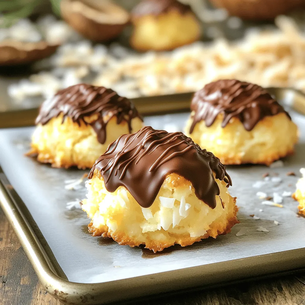 To make coconut macaroons, you need a few key items: - 2 ¾ cups sweetened shredded coconut - ½ cup sweetened condensed milk - 1 teaspoon vanilla extract - ¼ teaspoon almond extract - 2 large egg whites - Pinch of salt These ingredients work together to create the chewy, sweet texture that makes macaroons so special. The sweetened shredded coconut is the star here. It gives the macaroons their coconut flavor and chewy bite. The sweetened condensed milk adds richness and sweetness, which is key for this treat. You can add some fun twists to your macaroons: - ½ cup semi-sweet chocolate chips (for drizzling) - A pinch of citrus zest for a fresh touch - Chopped nuts for added crunch These options let you play with flavors. Drizzling chocolate on top adds a nice contrast to the coconut. Citrus zest can brighten the taste, while nuts give a different texture. If you lack an ingredient, here are some swaps: - Use unsweetened coconut for less sweetness. - Swap almond extract with more vanilla extract for a different flavor. - Aquafaba (chickpea water) can replace egg whites for a vegan version. These substitutions keep your macaroons tasty and allow you to work with what you have at home. Remember, the goal is to keep the chewy texture, so choose wisely! You can find the full recipe to guide you through the process. Start by gathering all your ingredients. You need 2 ¾ cups of sweetened shredded coconut, ½ cup of sweetened condensed milk, and two large egg whites. Also, grab 1 teaspoon of vanilla extract, ¼ teaspoon of almond extract, and a pinch of salt. If you want, get ½ cup of semi-sweet chocolate chips for drizzling. Preheat your oven to 325°F (160°C) and line a baking sheet with parchment paper. In a mixing bowl, add the shredded coconut, sweetened condensed milk, vanilla extract, and almond extract. Use a spatula to mix everything well. You want all the coconut to be coated evenly. This mixture creates the sweet, chewy base of your macaroons. In another large bowl, take the two egg whites and add a pinch of salt. Beat them with an electric mixer until soft peaks form. This step is key. The beaten egg whites will make your macaroons light and fluffy. Be careful not to overbeat; you just want soft peaks. Now, gently fold the beaten egg whites into the coconut mixture. Use a spatula, and be gentle to keep the fluffiness. Once combined, use a teaspoon or small ice cream scoop to drop mounds onto your baking sheet. Space them about 2 inches apart. Bake in your preheated oven for 15 to 20 minutes, or until the tops turn golden brown. After baking, take the macaroons out of the oven and let them cool for a few minutes. Then, transfer them to a wire rack to cool completely. If you want to add chocolate, melt the chocolate chips in a microwave-safe bowl. Heat in 20-second intervals, stirring in between until smooth. Once melted, drizzle the chocolate over your cooled macaroons. Allow the chocolate to set before enjoying these sweet treats. For the complete recipe, check out the Full Recipe section. To get that perfect texture in your coconut macaroons, follow these steps. Use fresh, sweetened shredded coconut for the best taste. The coconut should have a fine texture to help your macaroons hold together. When mixing, ensure every strand of coconut is coated evenly with the condensed milk. This gives a chewy and moist inside. Be gentle when folding in the whipped egg whites. This step adds volume, making your macaroons light and fluffy. Avoid overmixing your batter. If you mix too much, the eggs lose their air and your macaroons become dense. Another common mistake is using unsweetened coconut. This can make your treats taste bland. Check your oven temperature, too. An oven that is too hot may burn the macaroons before they cook through. Lastly, don't skip the cooling time. Cooling helps set their shape and flavor. Coconut macaroons shine on their own, but you can enhance them. Serve them with fresh fruit like strawberries or pineapple. This adds a nice tartness that balances the sweetness. For a fun twist, pair them with a scoop of vanilla ice cream. Drizzling melted chocolate is also an option. It adds a rich flavor and looks great. You can even make a dessert platter with coffee or tea for a delightful treat. For the full recipe, check out the detailed instructions above. {{image_2}} You can make a great twist on classic coconut macaroons by adding chocolate. To do this, simply melt semi-sweet chocolate chips. Once your macaroons cool, drizzle the chocolate on top. This adds a rich flavor that pairs well with the coconut. You can also dip the bottoms of the macaroons into melted chocolate for a more decadent treat. This variation is a crowd-pleaser and looks beautiful on any dessert table. If you want nut-free coconut macaroons, just skip the almond extract. The vanilla extract gives enough flavor on its own. You can also use a different extract, like coconut or lemon, to add a unique touch. Make sure to check labels if you're using any pre-made ingredients. Some sweetened condensed milk brands may have traces of nuts. Adding flavor boosts can make your macaroons shine. You can mix in citrus zests, like lemon or orange, for a fresh taste. Just a teaspoon will do. Spices like cinnamon or nutmeg can also add warmth to the flavor. For a tropical kick, consider adding a splash of rum extract. These small changes can turn a simple recipe into something special. For more ideas, check the Full Recipe for inspiration. To keep your coconut macaroons fresh, store them in an airtight container. It’s best to use a container that seals tightly. Place a piece of parchment paper between layers to prevent sticking. Store them at room temperature for the best taste and texture. Avoid direct sunlight or heat sources. This keeps the coconut macaroons soft and chewy. You can freeze coconut macaroons to enjoy later. First, let them cool completely. Then, place them in a single layer on a baking sheet. Freeze for about an hour until firm. After that, transfer them to a freezer-safe bag or container. Label the bag with the date. They can last in the freezer for up to three months. When ready to eat, thaw them in the fridge overnight or at room temperature. Coconut macaroons have a good shelf life. When stored correctly, they can last about a week at room temperature. If you store them in the fridge, they can last up to two weeks. Freezing extends their life much longer. The flavors remain intact, and they taste just as good when you thaw them. Enjoy your sweet treats at their best! For the full recipe, check the earlier sections. Yes, you can. To make coconut macaroons without egg whites, replace them with aquafaba. Aquafaba is the liquid from canned chickpeas. Use 3 tablespoons of aquafaba for each egg white. It works as a great binder and adds fluffiness. Just whip the aquafaba until it is frothy, similar to egg whites. Then, fold it into your coconut mixture. This method keeps your macaroons light and tasty without eggs. Coconut macaroons stand out because of their chewy texture and sweet flavor. Unlike other coconut desserts, macaroons use sweetened condensed milk for sweetness. This makes them moist and rich. They also contain egg whites, which help create a light, airy structure. Other desserts may use flour or milk, making them different in taste and texture. Macaroons have a unique mix of rich coconut flavor and a chewy bite that is hard to beat. To make coconut macaroons less sweet, use unsweetened shredded coconut. This will reduce the sugar level while still keeping that nice coconut flavor. You can also cut back on the sweetened condensed milk a bit. Try using only 1/3 cup instead of 1/2 cup. Another option is to add a pinch of salt to balance out the sweetness. These small changes can make your macaroons just right for your taste buds. For the full recipe and more tips, check out the [Full Recipe]. Coconut macaroons are simple yet tasty treats. We covered essential and optional ingredients, plus substitutions. I provided easy steps to mix, bake, and top them. You learned tips for perfect texture and common mistakes to avoid. We explored fun variations and smart storage methods for freshness. Enjoy making these delightful treats your way. Experiment and find your favorite version. Each batch can be unique and delicious. Happy baking!
